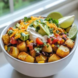 - 4 medium russet potatoes, scrubbed and diced - 1 tablespoon olive oil - 1 teaspoon smoked paprika - 1 teaspoon cumin - 1 teaspoon garlic powder - Salt and pepper to taste - 1 cup black beans, rinsed and drained - 1 cup corn kernels (fresh or frozen) - 1 cup diced tomatoes - 1 avocado, diced - 1 cup shredded cheddar cheese - 1/4 cup sour cream - Fresh cilantro, chopped (for garnish) - Lime wedges (for serving) These ingredients are key to making my Loaded Potato Taco Bowls so tasty. Each item adds its own flavor and texture. First, russet potatoes form a crispy base. I love how they soak up all the spices. The olive oil makes them golden and helps them crisp up in the oven. Next, smoked paprika, cumin, and garlic powder give the potatoes a warm and inviting flavor. You can adjust the salt and pepper to your liking. For the toppings, I use black beans, corn, and diced tomatoes. They add color and freshness. The avocado brings creaminess, while the cheddar cheese gives a rich finish. Finally, a dollop of sour cream adds tang. Fresh cilantro gives a burst of flavor and a nice look. Lime wedges on the side add a zesty kick when you squeeze them over the bowl. With these ingredients, you can create a meal that's both filling and fun to eat! {{ingredient_image_1}} - Preheat the oven to 400°F (200°C). - Prepare a baking sheet with parchment paper. - Toss the diced potatoes with olive oil, smoked paprika, cumin, garlic powder, salt, and pepper. Make sure all the potatoes are coated well. - Spread the potatoes evenly on the baking sheet in a single layer. Bake for 25-30 minutes, flipping them halfway, until golden and crispy. - While the potatoes bake, mix the toppings in a small bowl. Combine black beans, corn, and diced tomatoes. Add salt and pepper to taste. - Once the potatoes are done, let them cool a bit. In serving bowls, start with a layer of crispy potatoes. Spoon the black bean mixture on top. - Finish each bowl with diced avocado, shredded cheddar cheese, and a dollop of sour cream. - Garnish with fresh cilantro and add lime wedges on the side for extra flavor. To get crispy potatoes, start with russet potatoes. They have the right starch level. Wash and dice them well before cooking. Baking in a single layer is key. Spread the diced potatoes on the baking sheet. If you stack them, they will steam. This leads to soggy potatoes, not crispy ones. Flip them halfway through baking to ensure even cooking. Spice up your potatoes with extra seasonings. Try adding chili powder or onion powder. You can also add a pinch of cayenne for heat. For toppings, you can mix and match. Swap the cheddar for feta or goat cheese. You can also add jalapeños for a kick. Fresh herbs like parsley or green onions add great flavor too. Pro Tips Perfectly Crispy Potatoes: For the crispiest texture, ensure the diced potatoes are spread in a single layer on the baking sheet and do not overcrowd them. Flavor Boost: Experiment with different spices like chili powder or oregano for added flavor in the potato seasoning. Fresh Toppings: Use fresh ingredients for the toppings, such as ripe avocados and seasonal tomatoes, to enhance the dish's flavor and nutrition. Meal Prep Friendly: Prepare the potato base and toppings in advance, keeping them separate in the fridge. Just assemble when ready to serve! {{image_2}} You can easily change the protein in Loaded Potato Taco Bowls. Adding grilled chicken or beef gives a hearty twist. Just season your meat with spices that match the potatoes. Grill or sauté until cooked. Then, layer the meat on top of the crispy potatoes. If you want a vegetarian option, use more beans. Black beans work great, or try pinto beans for a different taste. You can also add lentils for extra protein. These swaps keep the dish filling without meat. Seasonal ingredients can make your bowls even better. In spring, add fresh asparagus or peas. They add color and a sweet taste. In summer, try zucchini or bell peppers. These veggies pair well with the smoky flavor of the potatoes. You can also change the beans or grains. Swap black beans for kidney beans in the fall. In winter, add quinoa or farro for a heartier base. Mixing in different grains boosts nutrition and flavor. To store your loaded potato taco bowls, follow these steps for best results: - Allow the bowls to cool down to room temperature. - Place leftovers in an airtight container. - Store in the fridge for up to three days. Keeping the bowls sealed helps maintain freshness and flavor. When reheating, you want to keep the potatoes crispy. Here’s how to do it: - Microwave: If you use the microwave, the potatoes may get soggy. Heat for about 1-2 minutes, stirring halfway through. - Oven: For the best texture, reheat in the oven. Preheat to 350°F (175°C) and bake for 10-15 minutes. This method keeps the potatoes nice and crispy. Choose the method that works best for you! Yes, you can make Loaded Potato Taco Bowls ahead of time. This is great for meal prep! Cook the potatoes and toppings, then store them separately. Keep them in airtight containers. You can store cooked potatoes in the fridge for about 3 to 5 days. The toppings also last well. Just mix them before serving. To heat, warm the potatoes in the oven for crispiness. This keeps them tasty! If you want a substitute for sour cream, there are many options. Greek yogurt works well and adds creaminess. For a dairy-free choice, try cashew cream or coconut yogurt. Both give a nice texture and taste. You can also use mashed avocado for richness. These alternatives work great in loaded potato taco bowls! Yes, this recipe is gluten-free! All the ingredients used are safe for those avoiding gluten. The potatoes, beans, corn, and spices do not contain gluten. Just be sure to check labels on canned goods, like beans and corn. This ensures no hidden gluten sneaks in. Enjoy this meal worry-free! This blog post covered how to make loaded potato taco bowls. We discussed the key ingredients, like potatoes, black beans, corn, and spices. I shared steps to prepare crispy potatoes and assemble your bowls. You learned tips for flavor, protein options, and ways to customize your dish. Finally, I explained how to store and reheat leftovers. Now you can enjoy a tasty meal that’s easy to make and fun to customize! Happy cooking!