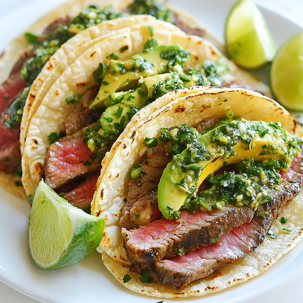 To make tasty steak tacos, gather these main items: - 1 lb flank steak - 1 tablespoon olive oil - 1 teaspoon garlic powder - 1 teaspoon ground cumin - Salt and pepper to taste - 8 small corn tortillas The flank steak provides rich flavor and tenderness. The olive oil helps with marinating, while garlic powder and cumin add depth. Salt and pepper are essential for taste. Corn tortillas are the perfect vessel for your steak. Chimichurri sauce is key to these tacos. You will need: - 1 cup fresh cilantro, chopped - 1/2 cup fresh parsley, chopped - 2 cloves garlic, minced - 1/4 cup red wine vinegar (or lime juice) - 1/2 teaspoon red pepper flakes - 1/2 cup olive oil Cilantro and parsley give the sauce a fresh taste. Garlic adds a nice kick, while red wine vinegar brings acidity. Red pepper flakes add a hint of spice. Olive oil binds everything together and enriches the flavor. Garnishes elevate your tacos. Consider these options: - 1 avocado, sliced - Lime wedges for serving Sliced avocado adds creaminess to each bite. Lime wedges bring a burst of freshness. You can mix and match these to suit your taste. Enjoy your steak tacos with chimichurri! {{ingredient_image_1}} To start, gather your ingredients. In a bowl, mix 1 tablespoon of olive oil, 1 teaspoon of garlic powder, 1 teaspoon of ground cumin, salt, and pepper. Rub this mixture all over 1 pound of flank steak. This step is key for flavor. Let the steak marinate for at least 30 minutes. If you have time, marinate it for up to 2 hours in the fridge. This will make the steak even tastier. Now, let's make the chimichurri. In a mixing bowl, combine 1 cup of chopped fresh cilantro, 1/2 cup of chopped fresh parsley, and 2 minced garlic cloves. Add 1/4 cup of red wine vinegar. If you prefer, you can use lime juice instead. Then, stir in 1/2 teaspoon of red pepper flakes and 1/2 cup of olive oil. Mix well. Add salt and pepper to taste. Let it sit for a bit. This lets the flavors blend nicely. Next, it's time to cook the steak. Preheat your grill or skillet over medium-high heat. Sear the marinated flank steak for 5-7 minutes on each side. For medium-rare, that is perfect. If you like it more cooked, keep it on longer. After cooking, remove the steak from heat and let it rest for 5 minutes. During this time, warm the 8 small corn tortillas on the grill or in a skillet for about 30 seconds on each side. This makes them soft and easy to fold. Now, we can assemble the tacos! First, slice the rested steak thinly against the grain. This helps keep it tender. Take each warmed tortilla and layer on slices of the grilled steak. Add a generous spoonful of chimichurri on top. Finish by adding a couple of slices of avocado. For a fresh kick, squeeze lime juice over the tacos before serving. Enjoy your savory steak tacos with chimichurri! Flank steak needs high heat to cook well. I love grilling or using a cast iron skillet. These methods give the steak a nice sear. Preheat your grill or skillet to medium-high heat. Sear the steak for 5-7 minutes on each side. This timing works well for medium-rare. If you prefer more doneness, cook it a bit longer. Always let the steak rest for at least 5 minutes before slicing. This helps keep it juicy. To make chimichurri pop, use fresh ingredients. Fresh cilantro and parsley are key. I like to chop them finely for better flavor. Add minced garlic for a nice kick. Red wine vinegar gives it a tangy taste. If you want a twist, try lime juice instead. Don’t forget red pepper flakes for heat. Mix everything well and let it sit for 10 minutes. This waiting time lets the flavors blend beautifully. When serving steak tacos, I suggest using warm corn tortillas. They add a nice texture. Top each taco with chimichurri and avocado slices. The creamy avocado balances the flavors. You can also serve lime wedges on the side. A squeeze of lime brightens the tacos. For drinks, I recommend a cold beer or a fresh margarita. These pair well with the flavors in the tacos. Enjoy your meal! Pro Tips Rest the Steak: Allow the cooked steak to rest for at least 5 minutes before slicing. This helps retain the juices and ensures a more tender bite. Use Fresh Herbs: For the chimichurri, using fresh herbs instead of dried will enhance the flavor and brightness of the sauce. Adjust the Spice: If you prefer a milder chimichurri, reduce or omit the red pepper flakes. Conversely, add more for an extra kick! Warm Tortillas: Warming the tortillas before filling them makes them more pliable and enhances their flavor, making for a better taco experience. {{image_2}} You can swap flank steak for other meats. Here are a few great options: - Chicken: Use grilled chicken thighs for a juicy bite. - Pork: Carnitas made from slow-cooked pork make great tacos. - Shrimp: Sauté shrimp with spices for a quick and tasty taco. - Tofu: Marinate firm tofu for a plant-based option. Each protein brings its own flavor and texture. Experiment to find your favorite! Chimichurri is versatile. You can try these variations: - Green Chimichurri: Use more parsley and add mint for a fresh taste. - Spicy Chimichurri: Add more red pepper flakes or fresh chili peppers. - Lemon Chimichurri: Substitute lime juice with lemon juice for a different zing. - Smoky Chimichurri: Add smoked paprika to give a unique flavor. Feel free to mix and match ingredients to create your perfect sauce! Tacos are fun to customize. Here are some tasty toppings you can add: - Sour Cream: A dollop adds creaminess. - Pico de Gallo: Fresh salsa adds crunch and brightness. - Pickled Red Onions: They add tang and color. - Cheese: Crumbled queso fresco or shredded cheese enhances flavor. - Jalapeños: For those who like a little heat, sliced jalapeños are perfect. Add your favorite toppings to make your steak tacos truly your own! If you have leftover steak tacos, store them properly. Place each taco in an airtight container. If you can, keep the chimichurri sauce separate. This helps keep the tortillas from getting soggy. Store the container in the fridge. Leftover tacos can last up to two days. Chimichurri sauce stores well too. Pour it into a clean jar or container. Make sure the lid seals tight. You can keep chimichurri in the fridge for up to one week. If you want to store it longer, freeze it. Just put it in ice cube trays. Once frozen, transfer the cubes to a zip-top bag. This way, you can use small amounts later. Reheating your tacos is simple. If you stored them in a container, take them out. You can warm them in a skillet over low heat. Cover it with a lid to keep them moist. For chimichurri, just give it a quick stir after thawing. If it needs more flavor, add a little salt or fresh herbs. Enjoy your delicious tacos again! Flank steak is my top choice for tacos. It cooks fast and has great flavor. It stays tender when you slice it against the grain. Other good options are skirt steak or sirloin. They also add rich taste to your tacos. Yes, you can make chimichurri ahead of time. It actually tastes better if you let it sit. Store it in the fridge for up to a week. Just remember to stir it before serving. The flavors blend well over time. To make gluten-free steak tacos, use corn tortillas. They are naturally gluten-free and perfect for tacos. Always check the label to ensure there are no hidden gluten ingredients. You can still enjoy the same great taste without the gluten. If you need a substitute for red wine vinegar, lime juice works well. It adds a nice tangy flavor. Apple cider vinegar is another good option. Both will keep your chimichurri fresh and zesty. In this article, we covered how to make delicious steak tacos. We discussed key ingredients like flank steak and chimichurri sauce. I provided step-by-step instructions to marinate and cook your steak perfectly. You learned tips for enhancing flavor and storing leftovers. Lastly, we explored tasty variations and addressed common questions. Making steak tacos is fun, and they can fit any taste. Enjoy your cooking adventure!