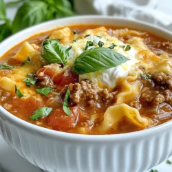 To make creamy lasagna soup, you will need the following ingredients: - 1 tablespoon olive oil - 1 onion, chopped - 2 cloves garlic, minced - 1 pound ground beef or turkey - 1 teaspoon Italian seasoning - 1 can (15 ounces) tomato sauce - 4 cups chicken or vegetable broth - 8 ounces lasagna noodles, broken into pieces - 1 can (14.5 ounces) diced tomatoes, undrained - Salt and pepper to taste - 1 cup ricotta cheese - 1 cup shredded mozzarella cheese - 1/2 cup grated Parmesan cheese - Fresh basil leaves for garnish Each ingredient plays a vital role in this dish. The olive oil and onion kick things off, adding a nice base of flavor. Garlic brings in depth, while the ground meat adds heartiness. Italian seasoning gives it that classic Italian taste. Tomato sauce and diced tomatoes add richness and sweetness, and the broth makes the soup base. Lasagna noodles are crucial for that classic texture, while the cheeses provide creaminess and a rich finish. Finally, fresh basil adds a pop of color and flavor. Gather these ingredients, and you're ready to create a delicious, hearty meal! {{ingredient_image_1}} - Sautéing the onion and garlic Start by heating 1 tablespoon of olive oil in a large pot over medium heat. Add 1 chopped onion and cook until it looks clear, about 5 minutes. Then, stir in 2 minced garlic cloves and cook for 1 more minute until it smells good. - Browning the meat Next, add 1 pound of ground beef or turkey. Use a spoon to break the meat apart. Cook it for about 6 to 8 minutes until it turns brown. Don't forget to drain any fat before moving on. - Combining ingredients Now, sprinkle in 1 teaspoon of Italian seasoning, 1 can (15 ounces) of tomato sauce, and 4 cups of chicken or vegetable broth. Mix it all together well. - Boiling and simmering the soup Bring the mixture to a boil. Once it boils, turn the heat down and add 8 ounces of broken lasagna noodles and 1 can (14.5 ounces) of diced tomatoes, with juice. Let it simmer for about 15 to 20 minutes or until the noodles are soft. - Adding noodles and seasoning Taste the soup and add salt and pepper as you like. It should be flavorful and tasty. - Adding the cheese mixture In a separate bowl, mix together 1 cup of ricotta cheese, 1 cup of shredded mozzarella cheese, and 1/2 cup of grated Parmesan cheese. When ready to serve, ladle the hot soup into bowls and add a big spoonful of this cheese mix on top. Stir it gently. - Garnishing with basil Finally, add fresh basil leaves on top for a nice touch. It adds color and flavor to your creamy lasagna soup. Enjoy! Choosing the right meat makes a big difference. Ground beef gives a rich taste. If you prefer a lighter option, use ground turkey. It’s leaner, but still tasty. Adjusting seasonings can enhance your soup. Start with the Italian seasoning. Add salt and pepper as needed. Taste while cooking to find the right balance. You can even add a pinch of red pepper flakes for heat. Ensuring noodles are cooked perfectly is key. Break the lasagna noodles into smaller pieces. This helps them cook evenly and blend well in the soup. Stir often to avoid sticking. The best way to incorporate cheese is to mix it in a bowl first. Combine ricotta, mozzarella, and Parmesan. This makes it easier to spoon into your soup. When you add it to the hot soup, it melts beautifully. Pro Tips Use Fresh Herbs: Adding fresh basil or oregano just before serving enhances the flavor and adds a pop of color. Customize Your Protein: Feel free to substitute ground beef with Italian sausage or a plant-based protein for a different taste profile. Layer the Cheese: For an extra cheesy experience, save some mozzarella to sprinkle on top just before serving, allowing it to melt into the hot soup. Make it Ahead: This soup can be made ahead of time and stored in the refrigerator. Just reheat gently and add fresh cheese before serving. {{image_2}} You can switch up the meat in this recipe. Ground turkey works well if you want a leaner option. You could even use chicken for a lighter touch. If you want a meatless dish, try using mushrooms or lentils. Both add great flavor and texture. Want to kick up the taste? Add more vegetables! Spinach, zucchini, or bell peppers can make this soup more colorful and healthy. You can also try different cheeses. Swap mozzarella for Gouda or cheddar for a unique flavor. Mixing in some feta can give it a nice twist, too. To keep your creamy lasagna soup fresh, place it in an airtight container. Make sure to cool the soup before sealing. Store it in the fridge for up to five days. If you need more time, consider freezing it. When reheating your soup, you have a few good options. You can use the stove or microwave. For the stove, heat it gently in a pot over low heat. Stir often to avoid sticking. If using the microwave, place the soup in a safe bowl. Heat it in short bursts, stirring in between. This helps keep the flavor and texture. Freezing your lasagna soup is easy. First, portion it into freezer-safe bags or containers. Leave some space at the top, as it can expand. Label each bag with the date to track freshness. Your soup can last up to three months in the freezer. When ready to eat, thaw it overnight in the fridge before reheating. Can I use gluten-free noodles? Yes, you can use gluten-free noodles. Look for brands that work well in soups. They should hold up in the broth without getting mushy. Just cook them as directed on the package. How do I make it spicier? To add spice, consider using crushed red pepper flakes or hot sauce. You can also add diced jalapeños for a fresh kick. Start with a little and taste as you go. Adjust until it meets your heat preference. Is it suitable for meal prep? Absolutely! This soup is great for meal prep. You can make a big batch and store it in the fridge. Just keep the cheese mixture separate until you are ready to eat. It will taste fresh all week. Caloric content per serving Each serving of this creamy lasagna soup has about 400-500 calories. This can vary based on the meat and cheese you use. Keep this in mind if you are watching your calorie intake. Healthier ingredient options You can swap ground beef for ground turkey or chicken for a leaner meal. Low-fat cheese options are available too. You can also add more veggies like spinach or zucchini for extra nutrients. This blog post covered everything you need to make a hearty lasagna soup. We looked at key ingredients, simple steps, and tips for perfect flavor and texture. I shared ideas for variations and storage methods, plus answers to frequently asked questions. Now, you have the tools to create a dish that warms the heart. Enjoy experimenting with flavors and share this recipe with others. Happy cooking!