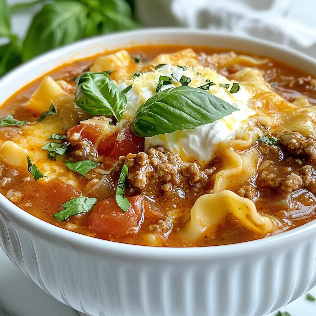 To make creamy lasagna soup, you will need the following ingredients: - 1 tablespoon olive oil - 1 onion, chopped - 2 cloves garlic, minced - 1 pound ground beef or turkey - 1 teaspoon Italian seasoning - 1 can (15 ounces) tomato sauce - 4 cups chicken or vegetable broth - 8 ounces lasagna noodles, broken into pieces - 1 can (14.5 ounces) diced tomatoes, undrained - Salt and pepper to taste - 1 cup ricotta cheese - 1 cup shredded mozzarella cheese - 1/2 cup grated Parmesan cheese - Fresh basil leaves for garnish Each ingredient plays a vital role in this dish. The olive oil and onion kick things off, adding a nice base of flavor. Garlic brings in depth, while the ground meat adds heartiness. Italian seasoning gives it that classic Italian taste. Tomato sauce and diced tomatoes add richness and sweetness, and the broth makes the soup base. Lasagna noodles are crucial for that classic texture, while the cheeses provide creaminess and a rich finish. Finally, fresh basil adds a pop of color and flavor. Gather these ingredients, and you're ready to create a delicious, hearty meal! {{ingredient_image_1}} - Sautéing the onion and garlic Start by heating 1 tablespoon of olive oil in a large pot over medium heat. Add 1 chopped onion and cook until it looks clear, about 5 minutes. Then, stir in 2 minced garlic cloves and cook for 1 more minute until it smells good. - Browning the meat Next, add 1 pound of ground beef or turkey. Use a spoon to break the meat apart. Cook it for about 6 to 8 minutes until it turns brown. Don't forget to drain any fat before moving on. - Combining ingredients Now, sprinkle in 1 teaspoon of Italian seasoning, 1 can (15 ounces) of tomato sauce, and 4 cups of chicken or vegetable broth. Mix it all together well. - Boiling and simmering the soup Bring the mixture to a boil. Once it boils, turn the heat down and add 8 ounces of broken lasagna noodles and 1 can (14.5 ounces) of diced tomatoes, with juice. Let it simmer for about 15 to 20 minutes or until the noodles are soft. - Adding noodles and seasoning Taste the soup and add salt and pepper as you like. It should be flavorful and tasty. - Adding the cheese mixture In a separate bowl, mix together 1 cup of ricotta cheese, 1 cup of shredded mozzarella cheese, and 1/2 cup of grated Parmesan cheese. When ready to serve, ladle the hot soup into bowls and add a big spoonful of this cheese mix on top. Stir it gently. - Garnishing with basil Finally, add fresh basil leaves on top for a nice touch. It adds color and flavor to your creamy lasagna soup. Enjoy! Choosing the right meat makes a big difference. Ground beef gives a rich taste. If you prefer a lighter option, use ground turkey. It’s leaner, but still tasty. Adjusting seasonings can enhance your soup. Start with the Italian seasoning. Add salt and pepper as needed. Taste while cooking to find the right balance. You can even add a pinch of red pepper flakes for heat. Ensuring noodles are cooked perfectly is key. Break the lasagna noodles into smaller pieces. This helps them cook evenly and blend well in the soup. Stir often to avoid sticking. The best way to incorporate cheese is to mix it in a bowl first. Combine ricotta, mozzarella, and Parmesan. This makes it easier to spoon into your soup. When you add it to the hot soup, it melts beautifully. Pro Tips Use Fresh Herbs: Adding fresh basil or oregano just before serving enhances the flavor and adds a pop of color. Customize Your Protein: Feel free to substitute ground beef with Italian sausage or a plant-based protein for a different taste profile. Layer the Cheese: For an extra cheesy experience, save some mozzarella to sprinkle on top just before serving, allowing it to melt into the hot soup. Make it Ahead: This soup can be made ahead of time and stored in the refrigerator. Just reheat gently and add fresh cheese before serving. {{image_2}} You can switch up the meat in this recipe. Ground turkey works well if you want a leaner option. You could even use chicken for a lighter touch. If you want a meatless dish, try using mushrooms or lentils. Both add great flavor and texture. Want to kick up the taste? Add more vegetables! Spinach, zucchini, or bell peppers can make this soup more colorful and healthy. You can also try different cheeses. Swap mozzarella for Gouda or cheddar for a unique flavor. Mixing in some feta can give it a nice twist, too. To keep your creamy lasagna soup fresh, place it in an airtight container. Make sure to cool the soup before sealing. Store it in the fridge for up to five days. If you need more time, consider freezing it. When reheating your soup, you have a few good options. You can use the stove or microwave. For the stove, heat it gently in a pot over low heat. Stir often to avoid sticking. If using the microwave, place the soup in a safe bowl. Heat it in short bursts, stirring in between. This helps keep the flavor and texture. Freezing your lasagna soup is easy. First, portion it into freezer-safe bags or containers. Leave some space at the top, as it can expand. Label each bag with the date to track freshness. Your soup can last up to three months in the freezer. When ready to eat, thaw it overnight in the fridge before reheating. Can I use gluten-free noodles? Yes, you can use gluten-free noodles. Look for brands that work well in soups. They should hold up in the broth without getting mushy. Just cook them as directed on the package. How do I make it spicier? To add spice, consider using crushed red pepper flakes or hot sauce. You can also add diced jalapeños for a fresh kick. Start with a little and taste as you go. Adjust until it meets your heat preference. Is it suitable for meal prep? Absolutely! This soup is great for meal prep. You can make a big batch and store it in the fridge. Just keep the cheese mixture separate until you are ready to eat. It will taste fresh all week. Caloric content per serving Each serving of this creamy lasagna soup has about 400-500 calories. This can vary based on the meat and cheese you use. Keep this in mind if you are watching your calorie intake. Healthier ingredient options You can swap ground beef for ground turkey or chicken for a leaner meal. Low-fat cheese options are available too. You can also add more veggies like spinach or zucchini for extra nutrients. This blog post covered everything you need to make a hearty lasagna soup. We looked at key ingredients, simple steps, and tips for perfect flavor and texture. I shared ideas for variations and storage methods, plus answers to frequently asked questions. Now, you have the tools to create a dish that warms the heart. Enjoy experimenting with flavors and share this recipe with others. Happy cooking!