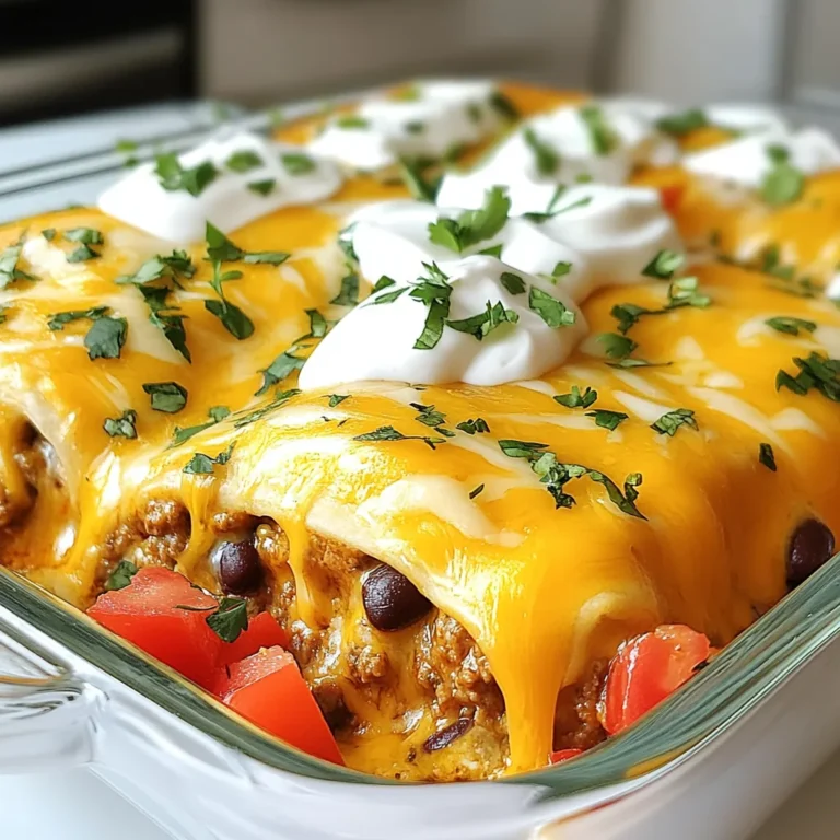 - 1 lb ground beef - 1 small onion, diced - 2 cloves garlic, minced - 1 can (15 oz) black beans, rinsed and drained - 1 can (10 oz) diced tomatoes with green chilies - 1 cup cooked rice (white or brown) - 2 cups shredded cheddar cheese - 1 tablespoon taco seasoning - 8 large flour tortillas - 1/2 cup sour cream - Fresh cilantro, for garnish (optional) - Salt and pepper to taste To make this cheesy beef burrito bake, you will need: - Large skillet - 9x13 inch baking dish - Cutting board - Knife - Mixing spoon - Aluminum foil You can swap some ingredients based on your taste or pantry. Here are some ideas: - Use ground turkey or chicken instead of beef for a leaner option. - Swap black beans for pinto beans or kidney beans if you prefer. - Use brown rice for added fiber, or skip the rice for a low-carb version. - Try pepper jack cheese in place of cheddar for a spicy kick. - Substitute Greek yogurt for sour cream for a healthier choice. - Fresh parsley can replace cilantro if you want a different flavor. {{ingredient_image_1}} 1. Preheat the Oven: Set your oven to 375°F (190°C). This ensures a good bake. 2. Prep the Ingredients: Dice your onion and mince the garlic. This saves time later. 3. Cook the Rice: If you haven't done so, cook your rice, either white or brown. 1. Brown the Beef: In a large skillet, cook 1 lb of ground beef over medium heat. Stir it often until it's brown. 2. Add Onion and Garlic: Toss in the diced onion and minced garlic. Cook for 3-4 minutes until the onion turns clear. 3. Mix in Other Ingredients: Add 1 can of black beans, 1 can of diced tomatoes with green chilies, and the cooked rice. Stir well. 4. Season: Sprinkle in 1 tablespoon of taco seasoning. Taste and add salt and pepper if needed. Let it simmer for 5 minutes. 1. Layer the Tortillas: Grease a 9x13 inch baking dish. Lay 4 flour tortillas across the bottom, overlapping them. 2. Add Beef Mixture: Spread half of your beef mix over the tortillas. Top with 1 cup of shredded cheddar cheese. 3. Repeat Layers: Place the other 4 tortillas on top, followed by the rest of the beef mixture. Finish with the remaining cheese. 4. Cover and Bake: Cover the dish with aluminum foil. Bake for 20 minutes. 5. Remove Foil: Take off the foil and bake for another 10-15 minutes. Look for bubbly, golden cheese. 6. Garnish: Let it cool for a few minutes. Drizzle sour cream on top and add fresh cilantro if you like. To make the beef mixture taste great, always start with fresh ingredients. Use good ground beef and add strong flavors. I like to use diced onions and minced garlic. They add depth and aroma. Add taco seasoning for that classic taste. Mix in black beans and diced tomatoes for texture and flavor. Taste the mixture before using it. Adjust with salt and pepper as needed. A hint of lime juice can also brighten the flavors. To cook the beef evenly, heat the skillet over medium heat. This helps to brown the meat without burning it. Break the meat into small pieces as it cooks. This ensures it cooks through and absorbs flavors well. Stir often, especially after adding the onions and garlic. This prevents sticking and allows for even cooking. When you layer the tortillas, make sure they overlap slightly. This helps to keep the filling in place. For a beautiful presentation, let the bake cool slightly before serving. Drizzle sour cream on top in a zig-zag pattern. This adds a nice touch and balances the flavors. Fresh cilantro can add a pop of color and freshness. Serve the Cheesy Beef Burrito Bake in squares on a plate. You can pair it with a side salad or guacamole for added crunch. Enjoy it with tortilla chips for a fun twist. Pro Tips Use Lean Ground Beef: Opt for lean ground beef (like 90% or 93% lean) to reduce excess fat and make your dish healthier without sacrificing flavor. Customize Your Cheese: While cheddar cheese is delicious, feel free to mix in other cheeses such as Monterey Jack or pepper jack for an extra kick. Make Ahead: This dish can be assembled in advance and stored in the fridge. Just cover it tightly with foil and bake it when you're ready to enjoy! Add Veggies: Consider adding chopped bell peppers or zucchini to the beef mixture for extra nutrition and flavor. They will blend nicely with the other ingredients. {{image_2}} You can make a tasty vegetarian version of this dish. Start by swapping the ground beef for a mix of vegetables. Use options like bell peppers, zucchini, or mushrooms. You can also add more black beans for protein. Replace the taco seasoning with a spice mix made from cumin, paprika, and chili powder. This will keep the flavor bold and exciting. If you like heat, add some spice to the mix. You can stir in diced jalapeños or add a dash of hot sauce when cooking. For a milder version, skip the green chilies in the tomatoes. You can also use mild taco seasoning. This way, everyone can enjoy the dish at their preferred heat level. Cheese can change the whole dish. Instead of cheddar, try Monterey Jack for a creamier taste. Pepper Jack adds a spicy kick. For a unique twist, use a blend of cheeses like mozzarella and queso fresco. Each cheese option gives your dish a new flavor and texture. Choose what you love best! After you enjoy your Cheesy Beef Burrito Bake, let it cool. Once cool, cover it tightly with plastic wrap or foil. You can store it in the fridge for up to three days. This way, it stays fresh and tasty for your next meal. If you want to keep it longer, freezing is a great option. First, let the dish cool completely. Then, cut it into portions for easy use later. Wrap each portion in plastic wrap, then place them in a freezer-safe bag. You can freeze it for up to three months. Just remember to label the bag with the date! When you're ready to enjoy the leftovers, take a portion out of the fridge or freezer. If frozen, let it thaw overnight in the fridge. To reheat, place it in an oven-safe dish. Heat in the oven at 350°F (175°C) for about 20-25 minutes. If it's from the fridge, it may take less time, around 15 minutes. Check that the cheese is melted and bubbly before serving. Enjoy your warm and cheesy meal! Yes, you can make Cheesy Beef Burrito Bake ahead of time. Prepare the dish up to the baking step. Then, cover it and store it in the fridge. This way, you can bake it later. It will save you time on busy days. Just remember to bake it fresh so the cheese is melty and delicious. You can serve many tasty sides with Cheesy Beef Burrito Bake. Here are a few great options: - Mexican rice: This pairs well and adds flavor. - Guacamole: A creamy dip that brings freshness. - Corn salad: It adds crunch and color to your meal. - Salsa: A zesty sauce that complements the bake. - Chips: Crispy tortilla chips make a fun side. These sides will enhance your meal and make it more exciting. To make Cheesy Beef Burrito Bake gluten-free, use gluten-free tortillas. There are many brands available that taste great. Ensure any canned goods, like beans and tomatoes, are gluten-free too. You can also check the taco seasoning for gluten ingredients. This way, everyone can enjoy this tasty dish without worry. You learned about making Cheesy Beef Burrito Bake. We covered ingredients, required tools, and easy swaps. Step-by-step, I shared prep and cooking methods. Tips helped enhance flavor and serve it well. I offered tasty variations and storage info, so your dish stays fresh. In the end, you now have all the tools to create a crowd-pleasing meal. Enjoy the cooking process and impress your friends and family with your delicious dish!
