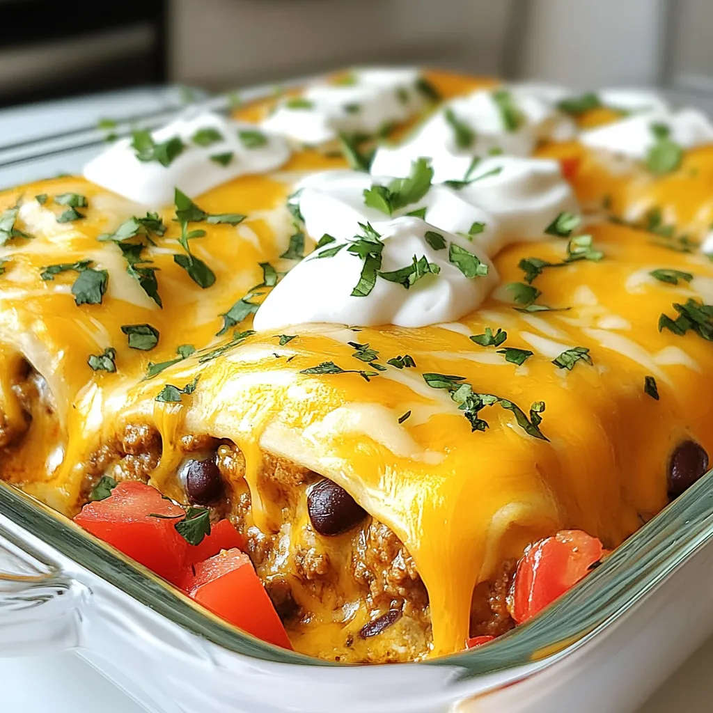- 1 lb ground beef - 1 small onion, diced - 2 cloves garlic, minced - 1 can (15 oz) black beans, rinsed and drained - 1 can (10 oz) diced tomatoes with green chilies - 1 cup cooked rice (white or brown) - 2 cups shredded cheddar cheese - 1 tablespoon taco seasoning - 8 large flour tortillas - 1/2 cup sour cream - Fresh cilantro, for garnish (optional) - Salt and pepper to taste To make this cheesy beef burrito bake, you will need: - Large skillet - 9x13 inch baking dish - Cutting board - Knife - Mixing spoon - Aluminum foil You can swap some ingredients based on your taste or pantry. Here are some ideas: - Use ground turkey or chicken instead of beef for a leaner option. - Swap black beans for pinto beans or kidney beans if you prefer. - Use brown rice for added fiber, or skip the rice for a low-carb version. - Try pepper jack cheese in place of cheddar for a spicy kick. - Substitute Greek yogurt for sour cream for a healthier choice. - Fresh parsley can replace cilantro if you want a different flavor. {{ingredient_image_1}} 1. Preheat the Oven: Set your oven to 375°F (190°C). This ensures a good bake. 2. Prep the Ingredients: Dice your onion and mince the garlic. This saves time later. 3. Cook the Rice: If you haven't done so, cook your rice, either white or brown. 1. Brown the Beef: In a large skillet, cook 1 lb of ground beef over medium heat. Stir it often until it's brown. 2. Add Onion and Garlic: Toss in the diced onion and minced garlic. Cook for 3-4 minutes until the onion turns clear. 3. Mix in Other Ingredients: Add 1 can of black beans, 1 can of diced tomatoes with green chilies, and the cooked rice. Stir well. 4. Season: Sprinkle in 1 tablespoon of taco seasoning. Taste and add salt and pepper if needed. Let it simmer for 5 minutes. 1. Layer the Tortillas: Grease a 9x13 inch baking dish. Lay 4 flour tortillas across the bottom, overlapping them. 2. Add Beef Mixture: Spread half of your beef mix over the tortillas. Top with 1 cup of shredded cheddar cheese. 3. Repeat Layers: Place the other 4 tortillas on top, followed by the rest of the beef mixture. Finish with the remaining cheese. 4. Cover and Bake: Cover the dish with aluminum foil. Bake for 20 minutes. 5. Remove Foil: Take off the foil and bake for another 10-15 minutes. Look for bubbly, golden cheese. 6. Garnish: Let it cool for a few minutes. Drizzle sour cream on top and add fresh cilantro if you like. To make the beef mixture taste great, always start with fresh ingredients. Use good ground beef and add strong flavors. I like to use diced onions and minced garlic. They add depth and aroma. Add taco seasoning for that classic taste. Mix in black beans and diced tomatoes for texture and flavor. Taste the mixture before using it. Adjust with salt and pepper as needed. A hint of lime juice can also brighten the flavors. To cook the beef evenly, heat the skillet over medium heat. This helps to brown the meat without burning it. Break the meat into small pieces as it cooks. This ensures it cooks through and absorbs flavors well. Stir often, especially after adding the onions and garlic. This prevents sticking and allows for even cooking. When you layer the tortillas, make sure they overlap slightly. This helps to keep the filling in place. For a beautiful presentation, let the bake cool slightly before serving. Drizzle sour cream on top in a zig-zag pattern. This adds a nice touch and balances the flavors. Fresh cilantro can add a pop of color and freshness. Serve the Cheesy Beef Burrito Bake in squares on a plate. You can pair it with a side salad or guacamole for added crunch. Enjoy it with tortilla chips for a fun twist. Pro Tips Use Lean Ground Beef: Opt for lean ground beef (like 90% or 93% lean) to reduce excess fat and make your dish healthier without sacrificing flavor. Customize Your Cheese: While cheddar cheese is delicious, feel free to mix in other cheeses such as Monterey Jack or pepper jack for an extra kick. Make Ahead: This dish can be assembled in advance and stored in the fridge. Just cover it tightly with foil and bake it when you're ready to enjoy! Add Veggies: Consider adding chopped bell peppers or zucchini to the beef mixture for extra nutrition and flavor. They will blend nicely with the other ingredients. {{image_2}} You can make a tasty vegetarian version of this dish. Start by swapping the ground beef for a mix of vegetables. Use options like bell peppers, zucchini, or mushrooms. You can also add more black beans for protein. Replace the taco seasoning with a spice mix made from cumin, paprika, and chili powder. This will keep the flavor bold and exciting. If you like heat, add some spice to the mix. You can stir in diced jalapeños or add a dash of hot sauce when cooking. For a milder version, skip the green chilies in the tomatoes. You can also use mild taco seasoning. This way, everyone can enjoy the dish at their preferred heat level. Cheese can change the whole dish. Instead of cheddar, try Monterey Jack for a creamier taste. Pepper Jack adds a spicy kick. For a unique twist, use a blend of cheeses like mozzarella and queso fresco. Each cheese option gives your dish a new flavor and texture. Choose what you love best! After you enjoy your Cheesy Beef Burrito Bake, let it cool. Once cool, cover it tightly with plastic wrap or foil. You can store it in the fridge for up to three days. This way, it stays fresh and tasty for your next meal. If you want to keep it longer, freezing is a great option. First, let the dish cool completely. Then, cut it into portions for easy use later. Wrap each portion in plastic wrap, then place them in a freezer-safe bag. You can freeze it for up to three months. Just remember to label the bag with the date! When you're ready to enjoy the leftovers, take a portion out of the fridge or freezer. If frozen, let it thaw overnight in the fridge. To reheat, place it in an oven-safe dish. Heat in the oven at 350°F (175°C) for about 20-25 minutes. If it's from the fridge, it may take less time, around 15 minutes. Check that the cheese is melted and bubbly before serving. Enjoy your warm and cheesy meal! Yes, you can make Cheesy Beef Burrito Bake ahead of time. Prepare the dish up to the baking step. Then, cover it and store it in the fridge. This way, you can bake it later. It will save you time on busy days. Just remember to bake it fresh so the cheese is melty and delicious. You can serve many tasty sides with Cheesy Beef Burrito Bake. Here are a few great options: - Mexican rice: This pairs well and adds flavor. - Guacamole: A creamy dip that brings freshness. - Corn salad: It adds crunch and color to your meal. - Salsa: A zesty sauce that complements the bake. - Chips: Crispy tortilla chips make a fun side. These sides will enhance your meal and make it more exciting. To make Cheesy Beef Burrito Bake gluten-free, use gluten-free tortillas. There are many brands available that taste great. Ensure any canned goods, like beans and tomatoes, are gluten-free too. You can also check the taco seasoning for gluten ingredients. This way, everyone can enjoy this tasty dish without worry. You learned about making Cheesy Beef Burrito Bake. We covered ingredients, required tools, and easy swaps. Step-by-step, I shared prep and cooking methods. Tips helped enhance flavor and serve it well. I offered tasty variations and storage info, so your dish stays fresh. In the end, you now have all the tools to create a crowd-pleasing meal. Enjoy the cooking process and impress your friends and family with your delicious dish!