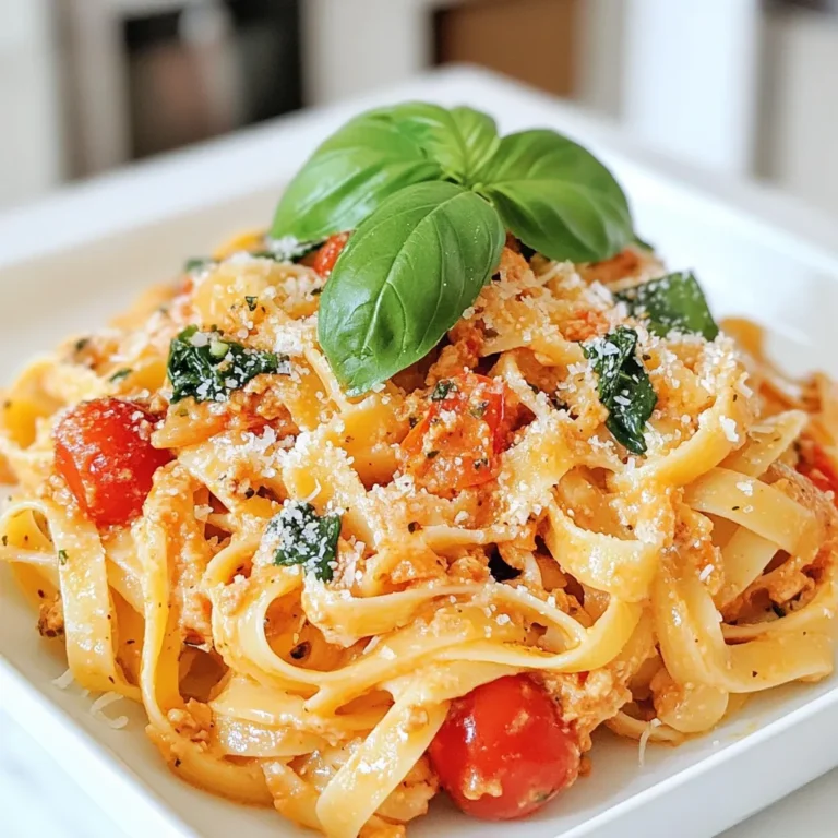 Here’s what you need to make creamy tomato garlic pasta: - 12 oz fettuccine pasta - 2 tablespoons olive oil - 4 cloves garlic, minced - 1 can (14 oz) crushed tomatoes - 1 teaspoon dried oregano - ½ teaspoon red pepper flakes (optional) - 1 cup heavy cream - 1 cup fresh spinach, roughly chopped - ½ cup grated Parmesan cheese - Salt and pepper to taste - Fresh basil leaves for garnish These ingredients come together to create a rich and tasty dish. Fettuccine adds a nice texture. Olive oil gives flavor and helps cook the garlic. Garlic is the star here, adding a strong and savory taste. Crushed tomatoes provide a sweet base for the sauce. Dried oregano brings in a hint of earthiness. If you like heat, add red pepper flakes. Heavy cream makes the sauce rich and creamy. Fresh spinach adds color and nutrition. Parmesan cheese brings a salty depth. Don't forget salt and pepper to enhance all these flavors. Finally, fresh basil leaves add a pop of freshness on top. When you gather these ingredients, you set yourself up for success. The blend of flavors makes every bite delightful. With these items, you're ready to create a dish that shines on your table. {{ingredient_image_1}} First, you need to boil some water. Fill a large pot with water and add a pinch of salt. Bring it to a rolling boil. Once the water bubbles, add 12 oz of fettuccine pasta. Cook the pasta according to the package instructions until it is al dente. This usually takes about 8-10 minutes. After the pasta is cooked, carefully drain it in a colander. Do not forget to reserve about ½ cup of the pasta water. This water is starchy and will help the sauce stick later. Now, let’s move on to the garlic. In a large skillet, pour in 2 tablespoons of olive oil. Heat the oil over medium heat. When the oil is warm, add 4 cloves of minced garlic. Sauté the garlic for about 1 minute. You want it to smell great but not burn. Next, it’s time for the tomatoes. Add a 14 oz can of crushed tomatoes to the skillet. Stir in 1 teaspoon of dried oregano and ½ teaspoon of red pepper flakes if you like some heat. Let this mixture simmer for about 5-7 minutes. The sauce should thicken slightly during this time. Now, lower the heat and pour in 1 cup of heavy cream. Stir everything together until it is well mixed. Allow the sauce to simmer for another 3-5 minutes. This helps the flavors blend nicely. To finish the sauce, add 1 cup of roughly chopped fresh spinach and ½ cup of grated Parmesan cheese. Stir until the spinach wilts and the cheese melts into the sauce. If the sauce feels too thick, you can add a bit of the reserved pasta water to reach your desired consistency. Finally, add the cooked fettuccine to the sauce. Toss everything together until the pasta is well coated. Season with salt and pepper to taste. Now your creamy tomato garlic pasta is ready to serve! To get that perfect creamy sauce, you can use pasta water. After cooking the fettuccine, save about ½ cup of the starchy water. If your sauce is too thick, slowly add some water. This will help loosen it up while keeping it creamy. Simmering the sauce is also key. When you let it simmer, the flavors mix well. The longer you simmer, the richer the taste becomes. Aim for about 5-7 minutes after adding the tomatoes. Adding spices and herbs can brighten your dish. Dried oregano and red pepper flakes give warmth and depth. You might try fresh basil or parsley for a fresh kick. For toppings, think about extra cheese or toasted pine nuts. A sprinkle of grated Parmesan on top is always a hit. These little touches make your dish special. Using fresh ingredients makes a big difference. Fresh tomatoes have better flavor than canned ones. If you pick fresh tomatoes, look for ones that are firm and smell sweet. When choosing canned tomatoes, go for high-quality brands. San Marzano tomatoes are a great choice. They are sweeter and less acidic, perfect for a creamy sauce. Fresh spinach also adds vibrant color and nutrition to your meal. Pro Tips Fresh Ingredients: Use fresh garlic and ripe tomatoes for the best flavor. Dried herbs can work in a pinch, but fresh ones elevate the dish significantly. Adjusting Creaminess: If you prefer a lighter sauce, you can substitute half of the heavy cream with chicken or vegetable broth without losing too much creaminess. Perfect Pasta: Always cook your pasta al dente, as it will continue to cook slightly when mixed with the hot sauce, preventing it from becoming mushy. Garnishing: Finish with a drizzle of high-quality olive oil and additional grated Parmesan for an extra touch of flavor and presentation. {{image_2}} You can easily add protein to your creamy tomato garlic pasta. Chicken works great! Just grill or sauté diced chicken breast until cooked. Shrimp is another tasty option. Sauté shrimp until pink and tender. For a plant-based choice, use tofu. Press and cube firm tofu, then sauté until golden. Each choice adds flavor and makes the dish more filling. If you follow a vegetarian diet, this recipe is already perfect for you. For a vegan option, swap heavy cream for coconut milk or cashew cream. You can use nutritional yeast instead of Parmesan for a cheesy taste. If gluten is a concern, choose gluten-free pasta. Many brands offer tasty alternatives that cook up nicely. Make this pasta shine with seasonal vegetables. In spring, add asparagus or peas for freshness. Summer is perfect for ripe tomatoes or zucchini. In fall, think about adding roasted butternut squash or mushrooms. Fresh herbs like basil or parsley can brighten the dish. These changes keep the recipe exciting and flavorful all year long! To store your creamy tomato garlic pasta, let it cool first. Place it in an airtight container. This helps keep it fresh. Make sure to eat it within three to four days for the best taste. You can freeze creamy tomato garlic pasta for even longer storage. First, cool the pasta completely. Then, put it in a freezer-safe container or bag. Squeeze out as much air as you can. It will last for about three months in the freezer. To reheat, thaw it overnight in the fridge. Then, warm it on low heat. Add a splash of cream or pasta water to bring back the creaminess. In the refrigerator, your creamy pasta stays fresh for about three to four days. In the freezer, it can last for up to three months. Always check for any signs of spoilage, like off smells or changes in texture. Enjoy your delicious dish while it’s at its best! You can swap some ingredients to make this dish lighter. Here are a few ideas: - Use whole wheat fettuccine for more fiber. - Replace heavy cream with Greek yogurt or cashew cream. - Add extra veggies like zucchini or bell peppers for more nutrients. - Use less cheese or choose a low-fat version. These swaps keep the flavor while reducing calories. Yes, you can! Here are some great alternatives: - Penne: Its shape holds sauce well. - Spaghetti: A classic choice that works perfectly. - Gluten-free pasta: If you need a gluten-free option, look for brown rice or chickpea pasta. - Whole grain: This adds flavor and fiber. Feel free to get creative with your choice! To reheat without losing creaminess, follow these tips: - Use a skillet over low heat. Add a splash of pasta water. - Stir often to heat evenly and keep it creamy. - If using a microwave, heat in short bursts. Stir in between to avoid hot spots. This keeps your pasta delicious and smooth! This blog post covered the essential ingredients and easy steps for creamy tomato garlic pasta. I shared tips to ensure great texture and flavor, including adding fresh ingredients. You can also explore variations with proteins and dietary options. Remember to store leftovers properly for later enjoyment. This dish is quick, tasty, and perfect for everyone. Give it a try, and you’ll have a simple yet delicious meal ready in no time. Enjoy cooking!