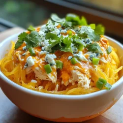 Here’s what you need for this dish: - 1 medium spaghetti squash - 2 cups cooked chicken, shredded - 1/2 cup Buffalo sauce (adjust to taste) - 1/4 cup cream cheese, softened - 1/2 cup shredded cheddar cheese - 1/4 cup blue cheese crumbles (optional) - 2 green onions, sliced - Salt and pepper to taste - Fresh cilantro for garnish (optional) These ingredients make the dish rich and flavorful. The spaghetti squash acts as a great base. The shredded chicken brings protein, while the Buffalo sauce adds that spicy kick. Cream cheese makes the filling creamy and smooth. Cheddar cheese and blue cheese give it a cheesy taste that you will love. You can change things up based on your taste. Here are some great options: - Use rotisserie chicken instead of cooked chicken for a quicker prep time. - Swap Buffalo sauce with barbecue sauce for a sweeter flavor. - Try adding some veggies like bell peppers or celery for extra crunch. - If you're not a fan of blue cheese, use feta or skip it altogether. These swaps can make your dish unique or cater to any dietary needs. This recipe serves four. Each serving is packed with nutrients: - Calories: 350 - Protein: 30g - Total Fat: 20g - Carbohydrates: 15g - Fiber: 5g This dish is not just tasty; it is also a good balance of protein and healthy fats. It is perfect for a filling lunch or dinner. Enjoy this meal guilt-free, knowing you are nourishing your body. {{ingredient_image_1}} First, preheat your oven to 400°F (200°C). Take one medium spaghetti squash and cut it in half lengthwise. Use a spoon to scoop out the seeds. This will help the squash cook evenly. Next, place the squash halves cut-side down on a baking sheet. Bake them for 30 to 40 minutes. You’ll know they are done when the flesh feels tender. While the squash bakes, it’s time to make the filling. In a medium saucepan, combine 2 cups of shredded cooked chicken with 1/2 cup of Buffalo sauce. You can adjust the sauce to your taste. Stir in 1/4 cup of softened cream cheese. Heat this mix over medium heat until the cream cheese melts. Make sure to stir it well so all the flavors blend nicely. Once the squash is done, take it out of the oven and let it cool for a few minutes. Use a fork to scrape the flesh into spaghetti-like strands and place them in a large bowl. Add the chicken mixture to the bowl, along with half of the 1/2 cup shredded cheddar cheese, salt, pepper, and half of the sliced green onions. Mix everything together well. Now, spoon this tasty mixture back into the squash shells. Top with the rest of the cheddar cheese and blue cheese crumbles if you like. Finally, return the stuffed squash to the oven for another 10 to 15 minutes. You want the cheese to be melted and bubbly. After that, take it out, garnish with the remaining green onions and cilantro if you want, and enjoy your delicious meal! When you pick a spaghetti squash, look for one that is firm and heavy. The skin should be a deep yellow color. Avoid squashes with soft spots or blemishes. These signs mean the squash may not be fresh. A good squash can last for weeks when stored properly. Keep it in a cool, dry place. For this recipe, use cooked chicken. You can use rotisserie chicken for ease. Shred the chicken into small pieces for even mixing. If you cook chicken at home, bake or boil it. Ensure it reaches an internal temperature of 165°F (75°C). This way, it is safe to eat. Always let the chicken cool before shredding. Buffalo sauce comes in many heat levels. If you like it mild, use less sauce. For more heat, add extra sauce or chili flakes. You can also mix in ranch dressing to balance the spice. Taste as you go to find your perfect heat level. Feel free to customize it to your liking! Pro Tips Choose the Right Squash: Look for a spaghetti squash that feels heavy for its size and has a firm skin; this indicates freshness and quality. Adjust the Heat: If you like it spicier, feel free to add more Buffalo sauce; you can also mix in some hot sauce for an extra kick. Cheese Variations: Experiment with different cheeses such as mozzarella or pepper jack for a unique flavor twist. Make Ahead: You can prepare the chicken mixture in advance and store it in the refrigerator; just stuff the squash and bake when ready to serve. {{image_2}} If you want a meat-free meal, swap the chicken for chickpeas or lentils. These options add protein and fiber. You can also use roasted veggies like bell peppers or mushrooms. Mix in some Buffalo sauce to keep the flavor strong. Cream cheese can be replaced with a vegan cream cheese for a dairy-free option. This way, you still enjoy the creamy texture. You can switch up the protein in this dish. Turkey works well if you want a lighter meat. Shredded pork or even tofu can be good choices. Just make sure to mix them with Buffalo sauce for that spicy kick. The cooking method stays the same. This keeps it easy and fun. Cheese lovers can play around with the types of cheese used. If you’re not a fan of blue cheese, try feta or mozzarella. You can also add a mix of cheeses for a richer flavor. Mixing in some pepper jack cheese adds a nice spicy touch. Just keep in mind to adjust the amount to your taste. This makes your stuffed squash even more delicious! After you enjoy your Buffalo Chicken Stuffed Spaghetti Squash, store leftovers properly. Let the squash cool to room temperature first. Then, place it in an airtight container. This helps keep the flavors fresh. You can store the squash in the fridge for up to four days. Make sure to keep the chicken filling and squash strands together. When you're ready to eat the leftovers, reheating is easy. You can use the microwave or the oven. For the microwave, place the squash on a plate. Heat it on high for about 2-3 minutes. Check to see if it's warm all the way through. For the oven, preheat it to 350°F (175°C). Place the stuffed squash in a baking dish and cover it with foil. Bake for about 15-20 minutes. This keeps the cheese from burning. If you want to save it for later, freezing works too. First, let the stuffed squash cool completely. Then, wrap each half tightly in plastic wrap. After that, place them in a freezer-safe bag. You can freeze it for up to three months. To enjoy later, thaw the squash in the fridge overnight. Then, reheat it as mentioned above. This way, you can savor this tasty dish anytime! Yes, you can use other sauces. Try BBQ sauce for a sweet twist. You could also use ranch for a creamy flavor. If you like heat, sriracha gives a nice kick. Adjust the amount based on your taste. Check if the squash is soft by poking it with a fork. If the fork goes in easily, it’s done. You want the flesh to be tender but not mushy. Cooking time will vary based on the size of the squash. Serve with a fresh salad for a light touch. You could also pair it with garlic bread for a cozy meal. If you want something spicy, add some jalapeños on the side. For a creamy dip, ranch dressing works well too. Buffalo chicken stuffed spaghetti squash is a tasty, healthy dish. We explored key ingredients and optional swaps. I shared easy steps for preparing and baking this meal. Tips helped with ingredient choices and cooking chicken well. You can even make variations to suit your tastes. Store leftovers right and enjoy them later. Try this dish to impress friends or family. It's simple, fun, and so good!