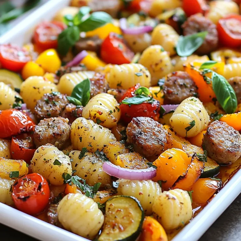 - 1 pound potato gnocchi (store-bought or homemade) - 1 pound Italian chicken sausage, casings removed - 1 bell pepper (red or yellow), sliced - 1 zucchini, sliced into half-moons - 1 red onion, cut into wedges - 2 cups cherry tomatoes, halved - 3 tablespoons olive oil - 1 teaspoon dried oregano - 1 teaspoon garlic powder - Salt and pepper to taste - Fresh basil leaves for garnish You can swap the chicken sausage for turkey sausage or any other ground meat. For a vegetarian option, use plant-based sausage. If you don’t have fresh vegetables, frozen ones work too. You can even use canned tomatoes if fresh ones are not handy. Feel free to mix different herbs like thyme or rosemary for added flavor. Using high-quality sausage makes a big difference. Look for ones with no fillers or artificial flavors. Fresh vegetables should be firm and brightly colored. Choose gnocchi that is soft and pillowy. Extra virgin olive oil gives the best taste. Always check the expiration dates on all ingredients for freshness. {{ingredient_image_1}} 1. First, set your oven to 425°F (220°C). Line a large sheet pan with parchment paper. This helps with cleanup later. 2. In a big bowl, add the potato gnocchi, Italian chicken sausage, sliced bell pepper, zucchini, red onion, and halved cherry tomatoes. 3. Drizzle 3 tablespoons of olive oil over the mixture. Then, add 1 teaspoon of dried oregano, 1 teaspoon of garlic powder, and a pinch of salt and pepper. 4. Mix everything together well. Ensure all pieces are coated in oil and spices. 1. Spread the mixture evenly on the sheet pan. Make sure to leave space between the pieces. This helps them cook evenly. 2. Place the pan in the oven and roast for 25 to 30 minutes. Stir halfway through. This ensures that the sausage cooks well and the gnocchi become golden and crispy. 3. When done, take the pan out of the oven. Let it cool for a few minutes before serving. 4. Top with fresh basil leaves for a pop of color and flavor. - Use fresh gnocchi if possible. It cooks better than frozen. - Ensure all ingredients are cut to similar sizes. This helps them cook at the same rate. - Stirring halfway through cooking is key. This helps everything get crispy and golden. - If you like a crunchier texture, roast for a few extra minutes. Just watch it closely to avoid burning. When you pick sausage, look for Italian chicken sausage. It has great flavor and less fat. Check the label for quality ingredients. Fresh sausage will have a nice smell. If possible, buy from a local butcher or trusted brand. You want sausage that tastes rich but is not too greasy. This will make your dish shine. Ovens can cook food differently. If you have a convection oven, reduce the heat by 25°F. This helps food cook faster and more evenly. If your oven runs hot, check the dish a bit early. Always use a meat thermometer to ensure the sausage reaches 165°F. Adjusting times helps you avoid overcooking or burning. To make this meal kid-friendly, swap the sausage for a milder one. Turkey sausage or chicken sausage works well. You can also add more veggies like carrots or broccoli. Kids love bright colors! Use less spice if they prefer bland food. This way, everyone will enjoy the meal together. Pro Tips Use Fresh Ingredients: Fresh vegetables will enhance the flavor and texture of your dish, making it more vibrant and delicious. Don't Overcrowd the Pan: Make sure to leave space between the gnocchi and vegetables for optimal roasting, allowing them to crisp up nicely. Experiment with Sausage: Try different types of sausage, like spicy Italian or turkey sausage, to add a unique twist to the dish. Garnish with Extra Flavor: A sprinkle of grated Parmesan or a drizzle of balsamic reduction can elevate the dish just before serving. {{image_2}} You can make this dish vegetarian by skipping the sausage. Replace it with plant-based sausage or chickpeas. Both options add protein and flavor. You can also use lentils for a hearty touch. Just cook them ahead of time to keep everything balanced. Feel free to mix in your favorite veggies. Broccoli, asparagus, or carrots work great. You can even use spinach or kale for a boost of greens. Just cut them into small pieces so they cook evenly. Roasting adds a nice flavor and texture. If you like heat, add red pepper flakes or chopped jalapeños. Start with a small amount and taste as you go. For a milder dish, use sweet Italian sausage instead of spicy. You can also try smoked paprika for a warm flavor without the heat. You can store leftover sheet pan gnocchi and sausage in the fridge. Use an airtight container to keep it fresh. It will stay good for up to three days. When storing, let it cool completely first. This prevents steam from building up and keeps the gnocchi from getting soggy. If you want to save more, freezing is a great option. Place the cooled dish in a freezer-safe bag or container. It can last up to three months in the freezer. Make sure to label the bag with the date. This helps you keep track of how long it has been frozen. To thaw, move it to the fridge overnight before reheating. To reheat, you have a few choices. The oven method is best for crispy gnocchi. Preheat your oven to 350°F (175°C). Spread the gnocchi on a baking sheet and heat for about 15-20 minutes. Stir halfway through for even heating. You can also use a microwave if you're in a rush. Heat in short bursts, stirring in between. Just be careful, as it may not be as crispy. Enjoy your meal! Yes, you can use frozen gnocchi. Simply add them directly to the pan. There is no need to thaw. The cooking time may increase by a few minutes. Just keep an eye on them as they roast. If you need a substitute, you can use ground turkey or chicken. You can also try plant-based sausage for a vegetarian option. Season it with Italian herbs for the same great flavor. Gnocchi is done when it turns golden brown and crispy. You will also see the sausage cooked through. Use a fork to check if the sausage is no longer pink inside. Yes, you can prepare this dish in advance. Chop the veggies and mix them with gnocchi and sausage. Cover and refrigerate for up to a day. Just add the olive oil and spices before roasting. In this blog post, we covered key ingredients for making a great dish. You learned about optional substitutes and tips for quality choice. I shared step-by-step instructions for perfect texture, along with tips for best sausage selection. We explored variations, including vegetarian options and spice adjustments. Finally, you gained important storage info and answered common questions. Remember, cooking is fun! Use these tips to create tasty meals that everyone will love.