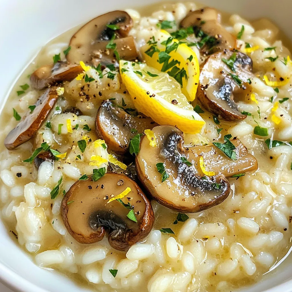 To make a rich and creamy Garlic Butter Mushroom Risotto, you will need a few key ingredients. Here’s a list to guide you: - 1 cup Arborio rice - 4 cups chicken or vegetable broth (low sodium) - 2 tablespoons unsalted butter - 1 tablespoon olive oil - 1 medium onion, finely chopped - 3 cloves garlic, minced - 1 cup mushrooms, sliced (your choice: cremini, shiitake, or button) - 1/2 cup grated Parmesan cheese - 1/4 cup fresh parsley, chopped - Salt and freshly cracked black pepper to taste - Lemon zest (optional, for garnish) Each ingredient plays an important role. Arborio rice gives the dish its creamy texture. The broth adds flavor and moisture, while butter and olive oil create a rich base. The onions and garlic provide a fragrant aroma. Mushrooms add depth, and Parmesan cheese brings a savory finish. Fresh parsley brightens up the dish, and lemon zest can add a nice touch. Using low-sodium broth helps control salt levels, keeping the dish balanced. Feel free to choose the type of mushrooms you like best. Each brings its own taste and texture, making this risotto versatile. {{ingredient_image_1}} 1. Heating the broth: In a medium saucepan, pour in your broth. Heat it on low. Keep it warm but do not let it boil. This step ensures your risotto cooks evenly. 2. Sautéing the onions and garlic: Grab a large skillet. Add olive oil and one tablespoon of butter over medium heat. Toss in the chopped onion. Sauté it until it's soft, around 4-5 minutes. Then, add the minced garlic. Let it cook for one more minute. 3. Cooking the mushrooms: Now, add your sliced mushrooms to the pan. Stir them in well. Cook for about 5-7 minutes. You want them browned and soft. This adds a rich flavor to your risotto. 4. Toasting the Arborio rice: Next, stir in one cup of Arborio rice. Cook it for 1-2 minutes. This step helps the rice absorb all the lovely flavors from the pan. 1. Adding broth gradually: Start adding your warm broth to the rice. Use a ladle to scoop it in, one ladle at a time. Stir the mixture. Wait until most of the liquid is absorbed before adding more. 2. Achieving creamy consistency: Keep stirring and adding broth for about 18-20 minutes. You want the rice to be creamy and just tender, known as al dente. 3. Finishing touches with Parmesan and parsley: Once the rice is done, take the pan off the heat. Stir in the last tablespoon of butter and half a cup of grated Parmesan cheese. Mix until it melts and creates a creamy sauce. Finally, fold in the fresh parsley and season with salt and pepper to taste. Serve your Garlic Butter Mushroom Risotto right away and enjoy the warm, rich flavors! - Temperature control for broth: Always keep your broth warm. This helps the rice cook evenly. If the broth is cold, the rice will seize up and not absorb the flavors well. - Importance of stirring: Stir the rice often. This helps release the starch and makes the risotto creamy. Stirring also prevents the rice from sticking to the pan. - Signs of doneness: The risotto should be creamy and slightly firm in the center. Taste it towards the end of cooking. If it feels too hard, let it cook a bit longer. - Choosing fresh mushrooms: Always pick fresh mushrooms. They add great flavor and texture. Look for mushrooms that are firm and dry. Avoid any that feel slimy or have dark spots. - Selecting the right Parmesan cheese: Use high-quality Parmesan cheese. Freshly grated cheese melts better and adds a richer taste. Pre-grated cheese often lacks flavor and texture. - Benefits of low-sodium broth: Low-sodium broth allows you to control the salt. It helps highlight the flavors in the dish without being too salty. Plus, you can always add salt later if needed. Pro Tips Use Warm Broth: Keeping the broth warm helps the rice cook evenly and absorb liquid more efficiently, resulting in a creamier risotto. Stir Constantly: Stirring the risotto continuously helps release the starch from the rice, creating that classic creamy texture. Choose the Right Mushrooms: Varieties like shiitake or cremini add depth of flavor, while button mushrooms offer a milder taste. Finish with Butter and Cheese: Adding the remaining butter and Parmesan at the end enhances the creaminess and richness of the risotto. {{image_2}} You can make garlic butter mushroom risotto even better by adding herbs and spices. Fresh thyme or rosemary gives a nice touch. Just sprinkle some in while cooking. You can also add proteins like chicken or shrimp. Cook them in the pan before adding the rice. This adds richness and makes the dish heartier. If you're looking for different vegetables, try adding spinach or peas. These add color and nutrition. Just stir them in during the last few minutes of cooking. They will brighten the dish and give it a fresh taste. For gluten-free options, use gluten-free broth and check the rice label. Arborio rice is usually gluten-free, so you can enjoy this dish safely. If you want a vegan version, you can swap out the cheese and butter. Use plant-based butter and nutritional yeast for a cheesy flavor. This keeps the creamy texture while making it dairy-free. Enjoy experimenting with these variations to create your perfect risotto! To keep your garlic butter mushroom risotto fresh, cool it down first. Spread it out on a plate to help it cool quickly. Once cool, use airtight containers. Glass or plastic containers both work well. Make sure to seal them tightly to prevent air from getting in. Your risotto can last in the fridge for up to three days. When you want to enjoy your risotto again, you can reheat it easily. For the microwave method, place the risotto in a bowl. Add a splash of broth or water to help it steam. Cover the bowl and heat in short bursts, stirring in between. This keeps it from drying out. If you prefer the stovetop, add the risotto to a pan. Pour in a bit of broth or water, and heat over low. Stir often, so it warms evenly. This method helps keep the creamy texture intact. Enjoy your meal again! What is the difference between risotto and other rice dishes? Risotto uses a special rice called Arborio. This rice has a high starch content. This makes risotto creamy. Other rice dishes may not have this texture. They often cook in more water or broth all at once, while risotto needs gradual liquid addition. How can I make risotto in advance? You can prep the mushrooms and onion ahead. Cook them until soft, then store them. When ready, add the rice and broth to the warm mixture. This way, you save time and still get the creamy result. Can I use other types of rice for risotto? It is best to use Arborio rice for risotto. However, you can try Carnaroli or Vialone Nano. These types have similar starch levels and can give you a creamy dish. Other rice types, like basmati or jasmine, won’t work as well. How do I know when the risotto is done? Risotto should be creamy and the rice should be al dente. You can test the rice by tasting it. If it is firm but not hard, it is done. The grains should be separate, not mushy. What happens if I add too much broth? If you add too much broth, the risotto can become soupy. It will lose its creamy texture. If this happens, cook it a bit longer to help thicken. Stir it often to avoid burning. Can I freeze risotto for later? You can freeze risotto, but it may change in texture. To freeze, let it cool completely. Store in a tight container. When ready to eat, reheat it slowly. Add a little broth to help it regain creaminess. In this post, we explored making risotto with just a few key ingredients. We covered each step, from preparing your broth to achieving that creamy finish. I shared tips for perfecting your dish and discussed variations to suit your taste. Remember to choose fresh ingredients for the best flavor. With practice, you will master risotto and impress anyone you serve. Enjoy your cooking journey and happy eating!