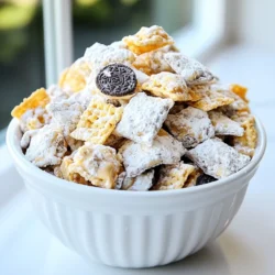 For Oreo Ritz Muddy Buddies, you need just a few simple items. These ingredients blend to create a tasty treat that everyone loves. - 1 cup Ritz crackers, broken into quarters - 1 cup Oreo cookies, crushed - 1 cup Chex cereal (rice or corn) - 1 cup white chocolate chips - 1/2 cup peanut butter - 1 teaspoon vanilla extract - 1 cup powdered sugar Each ingredient plays a key role. The Ritz crackers add a salty crunch. Oreo cookies bring sweetness and creaminess. Chex cereal adds a light texture. White chocolate chips melt into a smooth coating. Peanut butter adds rich flavor. Vanilla extract enhances the taste. Finally, powdered sugar gives a sweet finish. Gather these items before you start. This way, you can make your Muddy Buddies without delay. Enjoy the process and the yummy results! {{ingredient_image_1}} 1. First, take a microwave-safe bowl and add the white chocolate chips and peanut butter. 2. Heat the bowl in the microwave. Start with 30 seconds. Then take it out and stir. Repeat this until the mix is smooth. 3. Once melted, add one teaspoon of vanilla extract. Stir it well to blend. 1. In a large mixing bowl, combine one cup of broken Ritz crackers, one cup of Chex cereal, and one cup of crushed Oreo cookies. 2. Now, pour the melted chocolate and peanut butter mixture over the dry ingredients. 3. Gently fold everything together until all pieces are evenly coated. 1. Next, transfer the mixture into a large zip-top bag. Add one cup of powdered sugar to the bag. 2. Seal the bag tight and shake it hard. This will coat all the pieces in the powdered sugar. 3. Finally, empty the bag onto a large baking sheet lined with parchment paper. Spread it out to cool. 4. Let the Muddy Buddies cool for about 30 minutes. Once cool, break them into pieces for serving. To get the best Oreo Ritz Muddy Buddies, start by melting the chocolate and peanut butter together. Make sure they are fully melted. I suggest heating them in a microwave-safe bowl. Use 30-second intervals, stirring each time. This will help you avoid burning them. When you finish, it should be smooth and creamy. Next, when you mix in the Ritz crackers, Chex cereal, and crushed Oreos, gently fold them together. This keeps your crackers from breaking into tiny pieces. Serving your Muddy Buddies nicely makes them even more fun to eat. Use decorative bowls or small bags for gifting. They look great and feel special. For an extra touch, sprinkle some crushed Oreos on top. This not only adds flavor but also makes your treat pop visually. Remember, the nicer it looks, the more people will want to try it! Pro Tips Use High-Quality Chocolate: Opt for premium white chocolate chips as they melt smoother and provide a richer flavor. Let it Cool Completely: Allow the Muddy Buddies to cool for at least 30 minutes to ensure they set properly and are easy to break into pieces. Experiment with Mix-Ins: Feel free to add in your favorite snacks like pretzels, nuts, or M&Ms for added texture and flavor. Store Properly: Keep the Muddy Buddies in an airtight container at room temperature to maintain their freshness for up to a week. {{image_2}} You can easily change the flavors in your Oreo Ritz Muddy Buddies. Here are some ideas: - Alternative Chocolates: Instead of white chocolate, try dark or milk chocolate. Dark chocolate adds a rich taste. Milk chocolate gives a sweet flavor. Both are delicious options. - Nut Butter Options: Peanut butter is great, but you can switch it up. Almond or cashew butter work well too. They add unique flavors and textures to the mix. If you have dietary needs, you can still enjoy these treats. Here are some modifications: - Gluten-Free Options: Look for gluten-free Ritz crackers. Many brands offer tasty gluten-free versions. They taste just as good and work perfectly in this recipe. - Vegan Alternatives: If you want to make these treats vegan, use dairy-free chocolate. You can also replace peanut butter with a vegan nut butter. This way, everyone can enjoy the Muddy Buddies! You can store Oreo Ritz Muddy Buddies in an airtight container. They last up to one week at room temperature. Keep them in a cool, dry place. If you want them to last longer, consider refrigerating them. In the fridge, they can last up to two weeks. Just make sure they stay in a sealed container to keep them fresh. You can freeze your Muddy Buddies for later use. To freeze, put them in a freezer-safe bag or container. They can stay fresh for about three months in the freezer. When you're ready to eat them, take them out and let them thaw in the fridge overnight. This keeps the texture nice and crunchy. Avoid thawing at room temperature to prevent them from getting soggy. Oreo Ritz Muddy Buddies can last about one week when stored in an airtight container at room temperature. Keep them in a cool, dry place. If you want them to last longer, you can refrigerate them. This may change the texture a bit, making them a bit firmer. Yes, you can make Oreo Ritz Muddy Buddies ahead of time. You can prepare them up to one week in advance. Just store them in an airtight container. If you want to give them as gifts, make sure they are fully cooled before packing them. If you like Muddy Buddies, you might enjoy these snacks: - Puppy Chow: Made with chocolate and Chex mix. - Trail Mix: Combine nuts, chocolate, and dried fruit. - Chocolate-Covered Pretzels: Simple and sweet treats. - Rice Krispie Treats: Classic chewy bars with marshmallows. These snacks offer a fun mix of flavors and textures, just like Oreo Ritz Muddy Buddies! You now have a tasty recipe for Oreo Ritz Muddy Buddies. We covered ingredients, steps, tips, and variations. Your treats will be a hit at any gathering. Remember, you can switch flavors or ingredients to make it your own. Store them well for later enjoyment. This snack is easy to make and fun to share. Dive into your kitchen and start mixing today! You will love the crunch and sweetness in every bite. Enjoy your snack time!