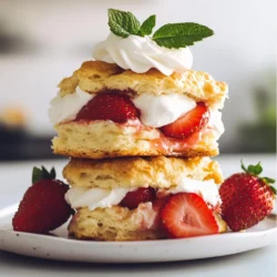 For this delightful strawberry shortcake, you need to start with fresh strawberries. Use about 2 cups of strawberries, hulled and sliced. The sugar helps enhance the natural taste of the berries. You’ll want to add 2 tablespoons of granulated sugar. Let them sit together for 30 minutes. This step makes the berries juicy and sweet, perfect for your shortcake. Next, gather your dry ingredients. You will need 2 cups of all-purpose flour. Add 1 tablespoon of baking powder to help the biscuits rise. Finally, include 1/2 teaspoon of salt. The salt adds flavor and balances the sweetness. Mix these ingredients well in a large bowl to ensure they blend nicely. Now, let’s talk about butter and cream. You will need 1/4 cup of unsalted butter, cold and cubed. Cold butter helps create flaky biscuits. Mix the butter into the dry ingredients until it looks like coarse crumbs. For the creamy part, grab 1 cup of heavy cream and 1 teaspoon of vanilla extract. This mixture adds richness to your biscuits. You can also use extra cream for whipping later. This will top your shortcake and make it even better! {{ingredient_image_1}} First, grab your fresh strawberries. You need 2 cups, hulled and sliced. Place them in a bowl. Add 2 tablespoons of granulated sugar to the berries. Toss them gently. This will help the strawberries release their juices. Let them sit for at least 30 minutes. This process is called macerating. You’ll see the strawberries become juicy and sweet. Now, let’s make the biscuit dough. Start by preheating your oven to 425°F (220°C). In a large bowl, whisk together 2 cups of all-purpose flour, 1 tablespoon of baking powder, and 1/2 teaspoon of salt. Next, add 1/4 cup of cold, cubed butter into the flour mix. Use your fingers or a pastry cutter to blend it in. You want the mixture to look like coarse crumbs. In another bowl, mix 1 cup of heavy cream with 1 teaspoon of vanilla extract. Slowly add this to your flour mix. Stir until just combined. Do not overmix; it’s okay if there are a few lumps. Turn the dough out onto a lightly floured surface. Pat it down into a rectangle about 1 inch thick. Now, cut out biscuits using a round cutter or a glass. You should get about 8 biscuits from this dough. Place the biscuits on a baking sheet lined with parchment paper. Bake them in the oven for 12 to 15 minutes. They should be golden brown when done. Once baked, take them out and let them cool slightly. Now it’s time to assemble your shortcakes! Cut each biscuit in half. Layer each half with the macerated strawberries and a dollop of whipped cream. Place the other half of the biscuit on top. You can add more strawberries and whipped cream if you like. Enjoy your fluffy strawberry shortcake! To make fluffy biscuits, start with cold butter. Cold butter helps create steam during baking. This steam lifts the dough, making your biscuits rise and stay light. Mix the butter into the flour until it looks like crumbs. Avoid overmixing the dough; this can make your biscuits tough. Instead, stir just until the flour disappears. Macerating strawberries is simple. Combine sliced strawberries with sugar in a bowl. Toss them gently to coat. Let them sit for at least 30 minutes. This process helps the berries release their sweet juices. The result is a juicy, flavorful filling for your shortcake. You can adjust the sugar based on your taste and berry ripeness. For a beautiful presentation, serve the shortcakes on a nice platter. Layer the biscuits with strawberries and whipped cream. You can also add a sprig of mint on top for color. If you want to impress, garnish with whole strawberries around the edges. This not only looks great but also adds extra flavor. Enjoy your creation with friends or family for a delightful treat. Pro Tips Use Cold Ingredients: Ensure your butter and heavy cream are cold before mixing. This helps create a flaky texture in your biscuits. Don’t Overmix: When combining the dough, mix just until the ingredients are incorporated. Overmixing can lead to tough biscuits. Perfect Biscuit Thickness: Aim for a thickness of about 1 inch when patting out the dough. This ensures a nice rise and fluffy texture. Customize Your Toppings: Feel free to add other fruits like blueberries or raspberries, or even a drizzle of chocolate for a unique twist on the classic shortcake. {{image_2}} You can make a gluten-free version of strawberry shortcake. Use a gluten-free flour blend instead of all-purpose flour. Look for blends that have a mix of rice flour, tapioca flour, and potato starch. These will give you a nice texture. Follow the rest of the recipe just as it is. You will still enjoy that fluffy taste! To make this recipe dairy-free, swap the butter and heavy cream. For butter, you can use coconut oil or a dairy-free spread. Instead of heavy cream, use coconut cream. Chill a can of coconut milk overnight and scoop out the thick part. It will whip up nicely! This gives you a rich flavor without the dairy. You can add fun flavors to your shortcake. Try mixing in lemon zest to the biscuit dough for a bright taste. Almond extract can also be a great addition. Just replace half of the vanilla extract with almond extract. You can even add chocolate chips or nuts to the dough. This will make each bite special and different! To keep your strawberry shortcake fresh, store it in an airtight container. This will help keep the biscuits soft and the strawberries juicy. Place the shortcake in the fridge if you plan to eat it within a few days. If you want to keep it longer, consider freezing it. Freezing is a great option for leftover shortcakes. First, let the shortcakes cool completely. Then, wrap each biscuit in plastic wrap. Place the wrapped shortcakes in a freezer-safe bag or container. This method helps prevent freezer burn. You can freeze them for up to three months. In the refrigerator, the strawberry shortcake stays fresh for about 2 to 3 days. After that, the biscuits may become dry. If you freeze the shortcakes, they will last much longer. When you're ready to eat them, thaw in the fridge overnight. Reheat the biscuits gently in the oven for the best flavor and texture. You can use whole milk or half-and-half. These options will create a lighter version. If you want more creaminess, try using coconut cream. It gives a nice flavor and works well in desserts. Just remember, the texture may change slightly. Yes, you can make the biscuits ahead of time. After you cut the dough, place the biscuits on a baking sheet. Cover them with plastic wrap and refrigerate them. You can bake them the next day for fresh shortcakes. Just add a few minutes to the baking time if they are cold. To keep your shortcake from getting soggy, layer the ingredients correctly. Start with the biscuit, then add the strawberries. Top with whipped cream only before serving. This way, the cream will not soak into the biscuit. You can also serve the strawberries on the side to keep things fresh. This article gives you all you need for making a great strawberry shortcake. We covered fresh ingredients, easy steps, and helpful tips to make your biscuits fluffy. You can even try gluten-free or dairy-free versions. Remember to store your leftovers properly to enjoy later. With these insights, you're ready to create a delicious treat. Make your strawberry shortcake extra special and delight everyone with your skills. Enjoy every bite!