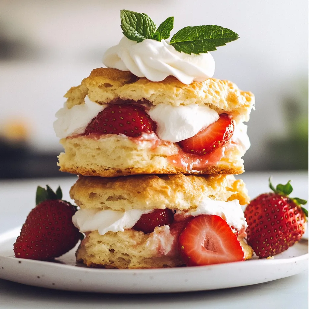 For this delightful strawberry shortcake, you need to start with fresh strawberries. Use about 2 cups of strawberries, hulled and sliced. The sugar helps enhance the natural taste of the berries. You’ll want to add 2 tablespoons of granulated sugar. Let them sit together for 30 minutes. This step makes the berries juicy and sweet, perfect for your shortcake. Next, gather your dry ingredients. You will need 2 cups of all-purpose flour. Add 1 tablespoon of baking powder to help the biscuits rise. Finally, include 1/2 teaspoon of salt. The salt adds flavor and balances the sweetness. Mix these ingredients well in a large bowl to ensure they blend nicely. Now, let’s talk about butter and cream. You will need 1/4 cup of unsalted butter, cold and cubed. Cold butter helps create flaky biscuits. Mix the butter into the dry ingredients until it looks like coarse crumbs. For the creamy part, grab 1 cup of heavy cream and 1 teaspoon of vanilla extract. This mixture adds richness to your biscuits. You can also use extra cream for whipping later. This will top your shortcake and make it even better! {{ingredient_image_1}} First, grab your fresh strawberries. You need 2 cups, hulled and sliced. Place them in a bowl. Add 2 tablespoons of granulated sugar to the berries. Toss them gently. This will help the strawberries release their juices. Let them sit for at least 30 minutes. This process is called macerating. You’ll see the strawberries become juicy and sweet. Now, let’s make the biscuit dough. Start by preheating your oven to 425°F (220°C). In a large bowl, whisk together 2 cups of all-purpose flour, 1 tablespoon of baking powder, and 1/2 teaspoon of salt. Next, add 1/4 cup of cold, cubed butter into the flour mix. Use your fingers or a pastry cutter to blend it in. You want the mixture to look like coarse crumbs. In another bowl, mix 1 cup of heavy cream with 1 teaspoon of vanilla extract. Slowly add this to your flour mix. Stir until just combined. Do not overmix; it’s okay if there are a few lumps. Turn the dough out onto a lightly floured surface. Pat it down into a rectangle about 1 inch thick. Now, cut out biscuits using a round cutter or a glass. You should get about 8 biscuits from this dough. Place the biscuits on a baking sheet lined with parchment paper. Bake them in the oven for 12 to 15 minutes. They should be golden brown when done. Once baked, take them out and let them cool slightly. Now it’s time to assemble your shortcakes! Cut each biscuit in half. Layer each half with the macerated strawberries and a dollop of whipped cream. Place the other half of the biscuit on top. You can add more strawberries and whipped cream if you like. Enjoy your fluffy strawberry shortcake! To make fluffy biscuits, start with cold butter. Cold butter helps create steam during baking. This steam lifts the dough, making your biscuits rise and stay light. Mix the butter into the flour until it looks like crumbs. Avoid overmixing the dough; this can make your biscuits tough. Instead, stir just until the flour disappears. Macerating strawberries is simple. Combine sliced strawberries with sugar in a bowl. Toss them gently to coat. Let them sit for at least 30 minutes. This process helps the berries release their sweet juices. The result is a juicy, flavorful filling for your shortcake. You can adjust the sugar based on your taste and berry ripeness. For a beautiful presentation, serve the shortcakes on a nice platter. Layer the biscuits with strawberries and whipped cream. You can also add a sprig of mint on top for color. If you want to impress, garnish with whole strawberries around the edges. This not only looks great but also adds extra flavor. Enjoy your creation with friends or family for a delightful treat. Pro Tips Use Cold Ingredients: Ensure your butter and heavy cream are cold before mixing. This helps create a flaky texture in your biscuits. Don’t Overmix: When combining the dough, mix just until the ingredients are incorporated. Overmixing can lead to tough biscuits. Perfect Biscuit Thickness: Aim for a thickness of about 1 inch when patting out the dough. This ensures a nice rise and fluffy texture. Customize Your Toppings: Feel free to add other fruits like blueberries or raspberries, or even a drizzle of chocolate for a unique twist on the classic shortcake. {{image_2}} You can make a gluten-free version of strawberry shortcake. Use a gluten-free flour blend instead of all-purpose flour. Look for blends that have a mix of rice flour, tapioca flour, and potato starch. These will give you a nice texture. Follow the rest of the recipe just as it is. You will still enjoy that fluffy taste! To make this recipe dairy-free, swap the butter and heavy cream. For butter, you can use coconut oil or a dairy-free spread. Instead of heavy cream, use coconut cream. Chill a can of coconut milk overnight and scoop out the thick part. It will whip up nicely! This gives you a rich flavor without the dairy. You can add fun flavors to your shortcake. Try mixing in lemon zest to the biscuit dough for a bright taste. Almond extract can also be a great addition. Just replace half of the vanilla extract with almond extract. You can even add chocolate chips or nuts to the dough. This will make each bite special and different! To keep your strawberry shortcake fresh, store it in an airtight container. This will help keep the biscuits soft and the strawberries juicy. Place the shortcake in the fridge if you plan to eat it within a few days. If you want to keep it longer, consider freezing it. Freezing is a great option for leftover shortcakes. First, let the shortcakes cool completely. Then, wrap each biscuit in plastic wrap. Place the wrapped shortcakes in a freezer-safe bag or container. This method helps prevent freezer burn. You can freeze them for up to three months. In the refrigerator, the strawberry shortcake stays fresh for about 2 to 3 days. After that, the biscuits may become dry. If you freeze the shortcakes, they will last much longer. When you're ready to eat them, thaw in the fridge overnight. Reheat the biscuits gently in the oven for the best flavor and texture. You can use whole milk or half-and-half. These options will create a lighter version. If you want more creaminess, try using coconut cream. It gives a nice flavor and works well in desserts. Just remember, the texture may change slightly. Yes, you can make the biscuits ahead of time. After you cut the dough, place the biscuits on a baking sheet. Cover them with plastic wrap and refrigerate them. You can bake them the next day for fresh shortcakes. Just add a few minutes to the baking time if they are cold. To keep your shortcake from getting soggy, layer the ingredients correctly. Start with the biscuit, then add the strawberries. Top with whipped cream only before serving. This way, the cream will not soak into the biscuit. You can also serve the strawberries on the side to keep things fresh. This article gives you all you need for making a great strawberry shortcake. We covered fresh ingredients, easy steps, and helpful tips to make your biscuits fluffy. You can even try gluten-free or dairy-free versions. Remember to store your leftovers properly to enjoy later. With these insights, you're ready to create a delicious treat. Make your strawberry shortcake extra special and delight everyone with your skills. Enjoy every bite!