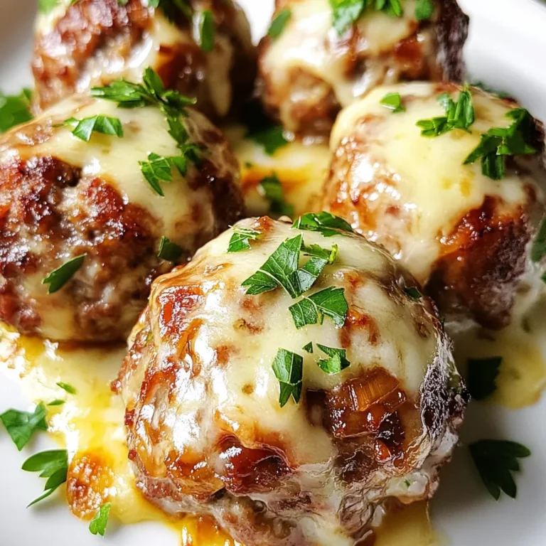 - 1 pound ground beef - 1/2 pound ground pork - 1 cup breadcrumbs - 1 large onion, finely chopped - 3 cloves garlic, minced - 1/4 cup beef broth - 1 large egg - 1 tablespoon soy sauce - 2 tablespoons Worcestershire sauce (non-alcoholic) - 1 teaspoon dried thyme - 1 teaspoon black pepper - 1 teaspoon salt - 1 cup shredded Gruyère cheese - 2 tablespoons fresh parsley, chopped, for garnish Use fresh, high-quality meat for the best flavor. Ground beef should be lean. Ground pork adds moisture and richness. Fresh breadcrumbs provide better texture than dried ones. A good Gruyère cheese is key for that rich, melty topping. Choose a fresh onion that feels heavy, with a firm skin. Fresh herbs enhance flavor and add freshness. If you want a lighter option, use ground turkey instead of beef and pork. For a gluten-free dish, swap breadcrumbs for crushed gluten-free crackers. You can also use vegetable broth to replace beef broth for a lighter taste. If Gruyère is not available, you can try Swiss cheese or mozzarella for a similar meltiness. {{ingredient_image_1}} First, you need to preheat your oven. Set it to 400°F (200°C). This helps the meatballs cook well. Next, take a baking sheet and line it with parchment paper. The paper keeps the meatballs from sticking. This makes cleanup easy. In a large skillet, pour in one tablespoon of olive oil. Heat it over medium heat. Add the finely chopped onion. Cook the onion until it becomes soft and golden. This should take about 15-20 minutes. Stir it often to stop it from burning. After 15 minutes, add the minced garlic. Cook for two more minutes. Then, take the skillet off the heat and let the mixture cool. Grab a large bowl. In it, combine the ground beef and ground pork. Next, add the breadcrumbs, egg, and beef broth. Pour in the soy sauce and Worcestershire sauce, too. Then, add the dried thyme, black pepper, and salt. Finally, mix in the cooled onion and garlic. Use your hands to combine everything well. This mixture is key to your meatballs. Now it’s time to form the meatballs. Take a handful of the mixture and shape it into a ball about 1.5 inches wide. Place each meatball on the baking sheet as you go. Make sure there is space between them. Bake the meatballs in your preheated oven for 20-25 minutes. They should be cooked through and browned. Once the meatballs are done, take them out of the oven. Sprinkle shredded Gruyère cheese on top of each meatball. This cheese adds a rich, creamy flavor. Return the meatballs to the oven for an extra 5 minutes. This melts the cheese and makes it bubbly. After that, let the meatballs rest for a couple of minutes. Finally, garnish with fresh parsley before serving. Enjoy your flavorful creation! To get sweet, golden onions, start with a good amount of olive oil. Heat it over medium heat in a large skillet. Add your chopped onion and let it cook slowly. Stir the onions often to prevent burning. You want them to take their time. This process takes about 15-20 minutes. When the onions turn soft and brown, add minced garlic for the last 2 minutes. This adds great flavor. Once done, let the mix cool before adding it to the meatball mix. When forming meatballs, keep your hands slightly wet. This helps prevent sticking. Grab about a handful of the meat mixture and roll it into a ball, about the size of a golf ball. Make sure the meatballs are even in size. This helps them cook at the same rate. Place them on your baking sheet, leaving space between each one. This space allows hot air to circulate and cook them evenly. To ensure your meatballs cook evenly, bake them on a lined baking sheet. The parchment paper helps with easy cleanup, too. You’ll want to check the meatballs halfway through cooking. If one side is browning faster, you can turn them to get a nice, even color. Bake until they are fully cooked and reach a safe internal temperature. Adding Gruyère cheese at the end gives them that extra touch of flavor. Let them rest a couple of minutes before serving. This helps keep them juicy and delicious. Pro Tips Use Fresh Herbs: Fresh thyme can elevate the flavor profile of your meatballs. Consider adding a teaspoon of fresh thyme instead of dried for a more vibrant taste. Perfectly Caramelized Onions: To achieve the best caramelization, cook your onions on low heat and stir them frequently. This will bring out their natural sweetness and enhance the overall flavor of the dish. Cheese Variation: While Gruyère adds a delightful nutty flavor, feel free to experiment with other cheeses like mozzarella or cheddar for different flavor profiles in your meatballs. Make Ahead: Prepare the meatballs in advance and refrigerate them. You can bake them just before serving, which makes this dish perfect for entertaining. {{image_2}} You can switch up the meat in these meatballs for a new twist. Ground turkey or chicken works well. They are leaner but still tasty. If you want more flavor, try adding some Italian sausage. It gives a nice spice to the dish. Mixing different meats can make each bite exciting. If you prefer a meat-free option, you can make veggie meatballs. Use lentils or black beans as the base. They add protein and can be very filling. Combine them with breadcrumbs and your favorite spices. Add some grated vegetables like carrots or zucchini for extra nutrition. You can still use the same onion and garlic for great flavor. Spice up your meatballs with fun flavors. Add some chopped mushrooms for an earthy taste. You can mix in fresh herbs like basil or parsley for brightness. A splash of balsamic vinegar can add depth. For a kick, try adding crushed red pepper flakes. Experimenting with cheese is also a great idea. Mozzarella or feta can bring a different taste and texture. To store your leftover meatballs, let them cool first. Place them in an airtight container. If you have a lot, use a few small containers to save space. Store the container in the fridge. These meatballs will stay fresh for about three to four days. Reheating your meatballs is simple. You can use the oven or microwave. If you choose the oven, preheat it to 350°F (175°C). Place the meatballs on a baking sheet. Heat them for about 10-15 minutes. If using a microwave, place the meatballs in a microwave-safe bowl. Heat them for 1-2 minutes, checking to see if they are hot. Add a splash of beef broth to keep them moist. You can freeze your meatballs for longer storage. First, let them cool completely. Arrange them in a single layer on a baking sheet. Freeze them for 1-2 hours until firm. Then, transfer them to a freezer bag or container. Be sure to remove as much air as possible. Label the bag with the date. Your meatballs can last for up to three months in the freezer. When you're ready to eat, thaw them in the fridge overnight before reheating. Yes, you can use ground turkey or chicken. These meats are leaner than beef and pork. They will make your meatballs lighter. Just remember, the flavor will change a bit. You may want to add more seasoning to enhance the taste. These meatballs pair well with many sides. Here are some great options: - Mashed potatoes - Rice - Pasta - Crusty bread - Side salad Each option will soak up the delicious flavors. You can mix and match based on what you like. Cooked meatballs can last in the fridge for about three to four days. Make sure to store them in an airtight container. This keeps them fresh and safe to eat later. If you notice any off smells, it’s best to toss them. Absolutely! You can prepare the meatballs and bake them ahead of time. After baking, let them cool completely. Then, store them in the fridge or freezer. When ready to eat, just reheat and enjoy. This makes meal prep easy and fast! This post shared key steps to make delicious French Onion Meatballs. We covered all ingredients, cooking tips, and variations to suit your taste. Remember, quality ingredients make a big difference. Try fun alternatives and store leftovers for another meal. With these tips, you can impress family and friends. Enjoy creating this tasty dish and make it part of your recipe collection. Happy cooking!