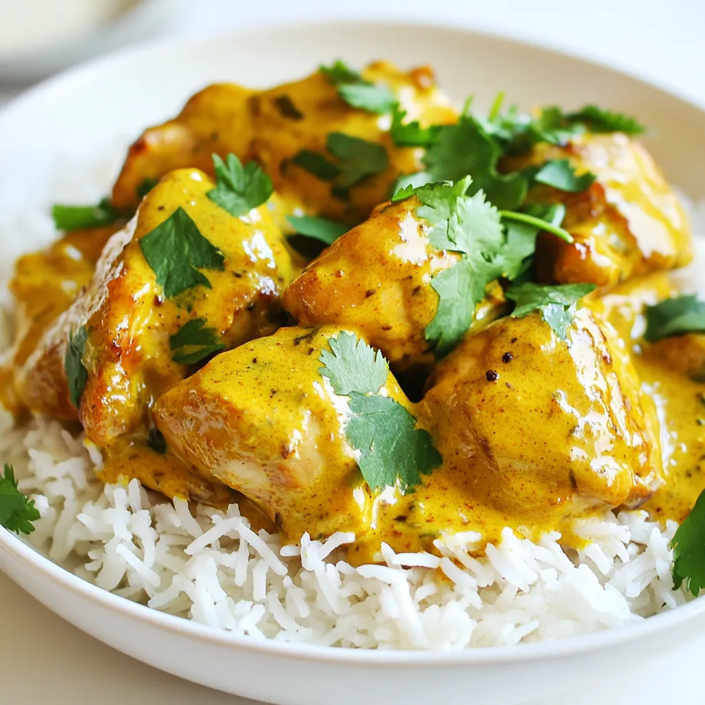 To make stovetop butter chicken, gather these ingredients: - 1 lb (450g) boneless chicken thighs, cut into bite-sized pieces - 3 tablespoons unsalted butter - 1 medium onion, finely chopped - 4 cloves garlic, minced - 1 tablespoon fresh ginger, grated - 1 teaspoon ground cumin - 1 teaspoon ground coriander - 1 teaspoon garam masala - 1 teaspoon turmeric powder - 1/2 teaspoon cayenne pepper (adjust for spice preference) - 1 cup tomato puree - 1 cup coconut milk - Salt to taste - Fresh cilantro, chopped (for garnish) - Cooked basmati rice (for serving) Each ingredient is measured for a perfect balance of flavor. For the chicken, use one pound. The butter should be three tablespoons to ensure richness. One medium onion adds sweetness. You need four cloves of garlic and one tablespoon of ginger for a fragrant base. Use one teaspoon each of cumin, coriander, and garam masala for warmth. One teaspoon of turmeric gives color, while cayenne adds heat, so adjust it to your taste. The tomato puree and coconut milk each measure one cup, creating the sauce. Finally, season with salt and garnish with cilantro. Fresh herbs and spices bring bright flavor. For this recipe, fresh ginger is best. It adds a strong kick. Use fresh cilantro for garnish to enhance the dish. Dried spices like cumin, coriander, and garam masala are perfect here. They pack a punch and mix well in the sauce. Fresh spices work well in marinades, but dried ones are great for cooking. They give longer-lasting flavor in this stovetop butter chicken. {{ingredient_image_1}} Start by gathering all your ingredients. This makes cooking smooth and easy. You need: - 1 lb boneless chicken thighs, cut into bite-sized pieces - 3 tablespoons unsalted butter - 1 medium onion, finely chopped - 4 cloves garlic, minced - 1 tablespoon fresh ginger, grated - 1 teaspoon ground cumin - 1 teaspoon ground coriander - 1 teaspoon garam masala - 1 teaspoon turmeric powder - 1/2 teaspoon cayenne pepper - 1 cup tomato puree - 1 cup coconut milk - Salt to taste - Fresh cilantro, chopped (for garnish) - Cooked basmati rice (for serving) Make sure to wash and chop the chicken and veggies. This will save time when you start cooking. 1. Melt Butter: Use a large skillet. Heat the butter over medium heat until it melts. 2. Sauté Onion: Add the chopped onion. Cook it until it turns soft and clear, about 5 minutes. 3. Add Garlic and Ginger: Stir in the minced garlic and grated ginger. Cook for 1-2 minutes. This step adds a rich aroma. 4. Mix in Spices: Add cumin, coriander, garam masala, turmeric, and cayenne. Stir well and let it cook for 1 minute. This releases the spice flavors. 5. Cook Chicken: Add the chicken pieces. Stir to coat them in the spices. Cook until browned, about 5-7 minutes. 6. Add Tomato Puree: Pour in the tomato puree. Mix well and let it simmer for about 5 minutes. This blends the flavors. 7. Incorporate Coconut Milk: Slowly add the coconut milk. Stir until the sauce is smooth. Lower the heat and simmer for 10-15 minutes. This thickens the sauce and cooks the chicken. 8. Season and Garnish: Taste the sauce and add salt as needed. Remove from heat and sprinkle fresh cilantro on top before serving. To check if the chicken is done, use a meat thermometer. The inside should be at least 165°F (75°C). If you don’t have a thermometer, cut a piece. The meat should be white, not pink. When the chicken is cooked, it will feel firm to the touch. Always ensure it's fully cooked for safety. To boost the taste of butter chicken, adjust the spice levels. Start with the basic spices: cumin, coriander, garam masala, turmeric, and cayenne pepper. If you want more heat, add an extra pinch of cayenne. For a deeper flavor, try adding a little cinnamon or cardamom. Always taste as you go. This way, you can find the right balance for you. One common mistake is overcooking the chicken. Cook it until it is just browned. If you cook it too long, the chicken can become dry. Another mistake is not letting the spices bloom. Always sauté your spices for a minute before adding other ingredients. This helps release their full flavors. Lastly, don’t skip the salt. A pinch can enhance all the flavors in the dish. To make butter chicken kid-friendly, cut back on the cayenne pepper. You can replace it with a pinch of paprika for color without heat. Also, add more coconut milk to make the sauce creamier and milder. Serve the dish with fluffy basmati rice, which kids often enjoy. Add some fresh cilantro on top, and it looks appealing too. Pro Tips Use Fresh Spices: Freshly ground spices can enhance the flavor of your butter chicken significantly. Consider grinding whole spices for maximum taste. Adjust the Heat: Feel free to modify the cayenne pepper according to your spice tolerance. Start with a small amount and increase as needed. Marinate the Chicken: For even more flavor, marinate the chicken in yogurt and spices for a few hours or overnight before cooking. Thicken the Sauce: If you prefer a thicker sauce, let it simmer longer, or add a cornstarch slurry to achieve your desired consistency. {{image_2}} If you want to switch up the protein, try using tofu or paneer. Tofu gives a nice texture and absorbs flavors well. Use firm tofu, cut it into cubes, and sauté it until golden. Paneer adds a creamy bite that blends perfectly with the sauce. Cut it into cubes and add it in the same step as chicken. Both options work great in this dish. You can replace coconut milk for a different creaminess. Greek yogurt is a fantastic choice. It adds tanginess and richness without coconut's sweetness. To use it, mix a cup of Greek yogurt in after the chicken cooks. Make sure to lower the heat first to prevent curdling. Cashew cream is another way to add smoothness. Blend soaked cashews with water until creamy, then stir this in before serving. Adding vegetables makes the dish more colorful and healthy. Spinach is a great choice. Add it just before serving, allowing it to wilt in the sauce. Bell peppers add crunch and sweetness. Slice them and cook with the onions for extra flavor. You can also use peas or carrots for a pop of color. Don’t be afraid to mix in your favorite veggies! Storing your stovetop butter chicken is easy. First, let it cool down to room temperature. Then, place it in an airtight container. Keep it in the fridge for up to four days. Make sure to store it with the sauce to keep the chicken moist. If you want to keep it longer, freezing is a great option. To reheat, you can use the microwave or stovetop. For the microwave, place the chicken in a bowl. Cover it with a microwave-safe lid. Heat it in 30-second intervals until hot. Stir it well to heat evenly. For stovetop, heat it in a skillet over low heat. Add a splash of water or coconut milk to keep it creamy. Stir often until warm. Freezing butter chicken is simple. Portion it into smaller containers. Leave a little space at the top for expansion. You can freeze it for up to three months. When ready to eat, thaw it in the fridge overnight. Reheat as mentioned above. Enjoy the rich flavors even after freezing! Yes, you can make Butter Chicken ahead of time. Cook it fully, then let it cool. Store it in an airtight container in the fridge. It will stay fresh for about three days. When ready to eat, simply reheat on the stovetop or microwave. The flavors will deepen as it sits, making it even tastier! Stovetop Butter Chicken pairs well with several sides. Here are some great options: - Cooked basmati rice - Naan bread - Roti or chapati - Steamed vegetables - Salad with a light dressing Each side will add its unique touch to your meal. You can also drizzle extra sauce over the rice for more flavor. To make Butter Chicken less spicy, you can adjust the cayenne pepper. Start with half or skip it altogether. You can also add more coconut milk to calm the heat. If you like, mix in some Greek yogurt or cream for extra creaminess and mildness. These tweaks will keep your dish flavorful without the spice kick. This blog post provided a clear path to making Butter Chicken. We covered ingredients, preparation, and cooking steps. You learned how to check for doneness and shared tips to optimize flavor. I also shared variations for different diets and storage tips for leftovers. Cooking is fun and rewarding. Follow these steps, and you'll impress your family and friends with a tasty meal. Enjoy your Butter Chicken journey!