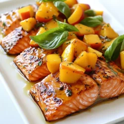 To make Bourbon Peach Salmon, gather these ingredients: - 4 salmon fillets (6 oz each) - 2 fresh peaches, pitted and diced - 3 tablespoons honey - 2 tablespoons Dijon mustard - 1 tablespoon soy sauce - 1 tablespoon apple cider vinegar - 2 cloves garlic, minced - 1 teaspoon fresh thyme, chopped - Salt and pepper to taste - Olive oil for cooking - Fresh basil leaves for garnish You can swap ingredients easily. Try these options: - Use maple syrup instead of honey for a different sweetness. - Replace Dijon mustard with yellow mustard if you prefer. - Use balsamic vinegar instead of apple cider vinegar for a richer taste. - Fresh peaches can be switched for nectarines or plums. Each serving of Bourbon Peach Salmon has: - Calories: 350 - Protein: 35g - Fat: 15g - Carbohydrates: 20g - Fiber: 2g - Sugars: 12g This dish is not only tasty but also healthy! You get protein from salmon and vitamins from peaches. Enjoy this flavorful meal guilt-free! {{ingredient_image_1}} Grilling salmon is simple and fun. Start by heating your grill to medium-high. Make sure to grease the grill grates lightly with olive oil. This step helps prevent sticking. Place the salmon fillets skin-side down on the grill. Brush each fillet with the honey-Dijon mixture. This adds a sweet and tangy flavor. Grill the salmon for 4-5 minutes on each side. The cooking time may change based on the thickness of your fillets. You want them to flake easily with a fork when done. The peach topping adds a fresh twist. Begin by pitting and dicing the peaches. In a bowl, drizzle the diced peaches with olive oil. Add a pinch of salt and pepper. Toss them gently to coat. This step enhances their natural sweetness. During the last 2 minutes of grilling, add the peaches to the grill. They only need a quick char. This caramelizes their sugars and brings out their flavor. To get perfect grill marks, avoid moving the salmon too much. Place it on the grill and let it sit. If you try to flip it too soon, it may stick. After a few minutes, check for good grill marks before flipping. For added flavor, you can brush some honey-Dijon mixture on the salmon while grilling. This not only helps with the marks but enhances the taste. Enjoy your beautifully grilled salmon with that tasty peach topping! To get the best flavor from your Bourbon Peach Salmon, start with a great marinade. Whisk together honey, Dijon mustard, soy sauce, apple cider vinegar, garlic, thyme, salt, and pepper. Let the salmon soak in this mix for at least 30 minutes. This step adds depth to the fish. When grilling, make sure your grill is hot. This helps seal in juices and creates nice grill marks. Place the salmon skin-side down on the grill. Brush the top with the leftover marinade for extra flavor. Grill each side for 4-5 minutes, depending on thickness. For sides, grilled vegetables work well. Think zucchini, bell peppers, or asparagus. A fresh salad with mixed greens and a light vinaigrette adds a nice touch. When it comes to drinks, a chilled white wine pairs nicely. A fruity Sauvignon Blanc complements the peaches. If you prefer a cocktail, try a peach mojito. The mint and lime balance the sweetness of the dish. To check if your salmon is done, use a fork. Gently press the top of the fish. If it flakes easily, it’s ready. The inside should be a light pink color, not raw or dark. If you have a meat thermometer, aim for 145°F (63°C) for perfect doneness. Remember, you can always grill a bit longer if needed. Just make sure not to overcook it, as this can dry out the fish. Trust your senses; the smell will guide you! Pro Tips Choose Fresh Salmon: Opt for wild-caught salmon if possible for better flavor and texture. Peach Selection: Use ripe, sweet peaches to enhance the dish's flavor; they should yield slightly to pressure. Marinate for Flavor: If time allows, marinate the salmon in the honey-Dijon mixture for up to 30 minutes before grilling for a deeper flavor. Perfect Grill Marks: Avoid moving the salmon too much while grilling to achieve beautiful grill marks and prevent sticking. {{image_2}} You can switch up the peaches for other fruits. Try mangoes for a tropical twist. Pineapples add a nice zing too. Apples can give a crisp bite when cooked. Just remember to adjust the sweetness in your marinade to match the fruit. You can mix up the marinade for more flavor. Try using maple syrup instead of honey for a rich taste. You can add orange juice for a citrus kick. If you love heat, mix in some chili flakes. Each change will give your dish a new taste. Grilling is great, but there are other methods. You can bake the salmon in the oven at 400°F for 15-20 minutes. This keeps the fish moist and tender. If you prefer stovetop cooking, pan-sear the salmon in a skillet. Cook it on medium heat until it’s golden brown. Each method offers a unique flavor and texture. After grilling Bourbon Peach Salmon, let it cool. Place leftovers in an airtight container. This keeps the salmon and peaches fresh. Store it in the fridge for up to three days. Make sure to separate the salmon from the peach topping if you want to keep the flavors distinct. To reheat, use the oven for best results. Preheat your oven to 350°F (175°C). Place the salmon on a baking sheet. Cover it with foil to keep it moist. Heat for about 10-15 minutes. If you prefer the microwave, use a low setting. Heat for short bursts, checking often. This helps avoid overcooking. You can freeze both salmon and peaches. Wrap each salmon fillet tightly in plastic wrap. Then, place it in a freezer bag. Remove as much air as possible. For the peach mixture, do the same. It can stay in the freezer for up to three months. When ready to use, thaw in the fridge overnight before reheating. The best way to grill salmon starts with good prep. First, you want to dry your salmon fillets. This helps the skin become crispy. Then, brush them with oil and season with salt and pepper. Heat your grill to medium-high. Place the salmon skin-side down. Grill for about 4-5 minutes. Flip it gently and grill for another 4-5 minutes. Use a fork to check if it flakes easily. This shows that it is done. Yes, you can use frozen salmon. Just make sure to thaw it properly. Place it in the fridge overnight or run it under cold water for a quick thaw. Once thawed, pat it dry and season. You can follow the same grilling steps. The flavor will still be great with the bourbon peach glaze. Salmon is a superfood packed with omega-3 fatty acids. These fats support heart health and brain function. It also contains high-quality protein, which helps build muscle. Peaches add vitamins A and C. They are low in calories and high in fiber. This makes them great for digestion. Together, salmon and peaches make a healthy dish that is tasty and good for you. This blog post covers how to make Bourbon Peach Salmon. We explored ingredients, cooking steps, and useful tips for great results. I shared ideas for substitutes and different cooking methods. You also learned how to store leftovers and maximize flavor. In my view, grilling this dish offers a fresh take on salmon. Enjoy the mix of sweet and savory. With a few tweaks, you can make it your own. Try it out, and savor the taste!