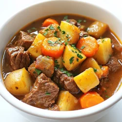 For a hearty crock pot beef stew, you will need: - 2 pounds beef chuck roast, cut into 1-inch cubes - 4 medium carrots, sliced - 3 medium potatoes, diced - 1 large onion, chopped - 3 cloves garlic, minced - 4 cups beef broth - 2 tablespoons tomato paste - 1 tablespoon Worcestershire sauce - 1 teaspoon dried thyme - 1 teaspoon dried rosemary - Salt and pepper to taste - 2 tablespoons olive oil - 2 tablespoons cornstarch (optional, for thickening) - Fresh parsley, chopped (for garnish) You can change the flavor by adding these ingredients: - Sweet potatoes for a sweeter taste - Peas for a pop of color and flavor - Celery for extra crunch - Red wine for deeper flavor - Bay leaves for added aroma Each serving of this stew is packed with nutrients. Here's a quick look at what you get: - Calories: Approximately 350 - Protein: 30 grams - Carbohydrates: 35 grams - Fat: 12 grams - Fiber: 4 grams This stew is a great source of protein and fills you up. Enjoy this tasty meal with your family or friends! {{ingredient_image_1}} Start by cutting the beef chuck roast into 1-inch cubes. This helps the meat cook evenly. Next, season the beef cubes generously with salt and pepper. Don’t be shy! This is how we build flavor. Searing is key to a great stew. Heat olive oil in a large skillet over medium-high heat. Once hot, add the beef in batches. Brown all sides for about 4 to 5 minutes. This step seals in the juices and adds depth. After browning, remove the beef from the skillet and set it aside. In the same skillet, add chopped onions and minced garlic. Sauté them for 3 to 4 minutes until the onions are soft and clear. Now, add the beef back to the skillet. Mix in the tomato paste, Worcestershire sauce, thyme, and rosemary. Stir everything well. This mixture is full of flavor! Next, transfer this mix to your crock pot. Add the sliced carrots, diced potatoes, and 4 cups of beef broth. Give it a good stir to combine all the ingredients evenly. You can cook the stew on low for 8 hours or on high for 4 hours. Both methods will make the beef tender and the veggies soft. If you want it ready sooner, use the high setting. If you have more time, low and slow is best for flavor. Seasoning can make or break your stew. Start with salt and pepper. Use them generously on the beef. This helps flavor the meat as it cooks. Dried herbs like thyme and rosemary work great too. These herbs add depth. If you want a kick, try adding a pinch of cayenne. Always taste your stew before serving. Adjust the seasoning to your liking. A thicker stew feels heartier. To thicken your stew, you can use cornstarch. Mix 2 tablespoons of cornstarch with water to make a slurry. Stir it into your stew 30 minutes before serving. Cook on high for that time. This will help the stew thicken up nicely. Remember, if you prefer a thinner stew, skip the cornstarch. For this recipe, you need a few key tools. A large skillet is great for browning the beef. Use a spatula to flip the meat easily. A good knife helps chop the vegetables quickly. You’ll need a crock pot for long cooking. A ladle is handy for serving the stew. Lastly, have measuring spoons ready for precise seasoning. These tools will make your cooking smooth and fun! Pro Tips Brown the Beef: For enhanced flavor, make sure to sear the beef cubes until they are well browned. This caramelization adds depth to your stew. Use Fresh Herbs: If possible, substitute dried herbs with fresh ones. Fresh thyme and rosemary can elevate the taste of your stew significantly. Layer Your Ingredients: When adding ingredients to the crock pot, layer the vegetables at the bottom and the meat on top. This ensures even cooking and prevents the meat from drying out. Adjusting Thickness: If you prefer a thicker stew, remember to add the cornstarch slurry towards the end of cooking. This allows for better control over the stew's consistency. {{image_2}} You can swap beef for hearty vegetables. Use mushrooms, lentils, or chickpeas. Start with the same base. Use four cups of vegetable broth instead of beef broth. For flavor, add soy sauce and more herbs. You can still enjoy that warm, cozy stew! Try chicken or turkey as alternatives to beef. Cut the chicken or turkey into bite-sized pieces. Cook the same way as beef. You can also use plant-based proteins like tempeh or tofu. Each option brings a unique taste to your stew. Feel free to mix and match veggies. Add sweet potatoes or butternut squash for sweetness. You can use green beans or peas for a fresh crunch. For a spicy kick, toss in some diced jalapeños. Don't forget to adjust the seasonings to match your new ingredients! You can store leftover beef stew in an airtight container. Make sure to let it cool first. This helps keep it fresh. Place it in the fridge if you plan to eat it in a few days. It will stay good for about 3 to 4 days. To freeze beef stew, pour it into a freezer-safe bag or container. Leave some space at the top, as it will expand. Label it with the date and type of stew. You can freeze it for up to 3 months. When you are ready to eat it, just thaw it overnight in the fridge. When reheating, use the stove or microwave. For the stove, heat it in a pot over medium heat. Stir often and heat until it’s hot. If you use a microwave, put it in a bowl and cover it. Heat in short bursts, stirring in between. Make sure it's hot all the way through before serving. You can use chicken broth or vegetable broth. Both add rich flavor. If you want a heartier taste, try using water with soy sauce. This mix gives a nice umami flavor. You can also use mushroom broth for a unique twist. Yes, you can cook the stew on ultra-low heat overnight. This slow cooking method makes the beef very tender. Just make sure to use a reliable crock pot. It should cook safely for up to 10 hours. To adjust the spice level, add more black pepper or red pepper flakes. Start with a small pinch and taste as you go. If you want it milder, reduce the spices. You can also add a bit of sugar to balance heat. Yes, you can make this stew gluten-free. Use gluten-free beef broth and check your Worcestershire sauce. Many brands offer gluten-free options. For thickening, use cornstarch instead of flour. This keeps the stew thick and delicious without gluten. In this post, we covered the essential ingredients for a great crock pot beef stew. You learned how to prep beef, sear it well, and combine flavors. We shared tips for optimal seasoning and thickness, plus handy tools to use. There are also fun variations for vegetarian options and ingredient swaps. Cooking is about enjoying food, so don’t be afraid to experiment. Perfecting your stew can be a rewarding journey. Trust your taste, and enjoy every bite!