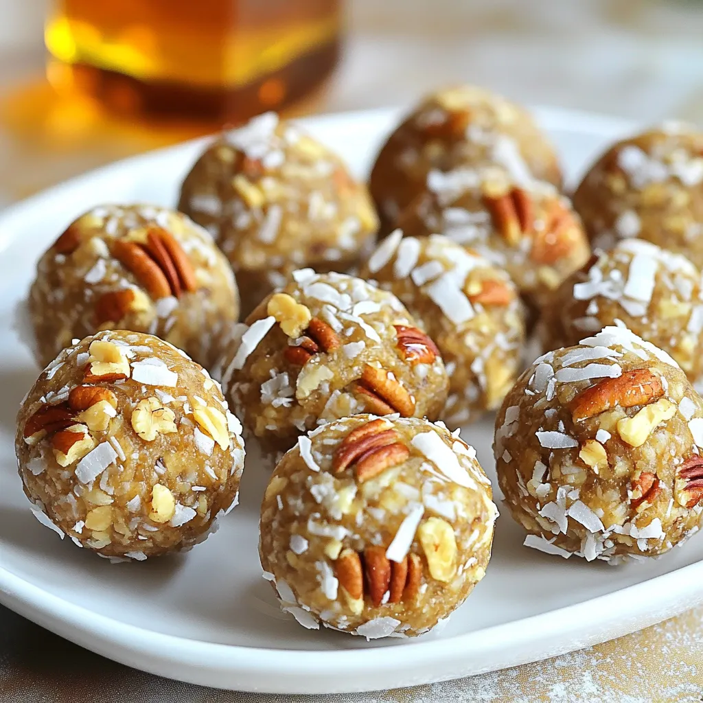 - 1 cup rolled oats - 1/2 cup finely chopped pecans - 1/4 cup almond butter - 1/4 cup maple syrup - 1/4 cup unsweetened shredded coconut - 1 teaspoon vanilla extract - 1/2 teaspoon ground cinnamon - Pinch of salt To make these energy balls, you need simple, wholesome ingredients. Each item plays a key role. Rolled oats give structure and fiber. Finely chopped pecans bring a nice crunch and flavor. Almond butter adds creaminess and healthy fats. Maple syrup provides sweetness and helps bind everything. Shredded coconut adds texture and a hint of tropical taste. Vanilla extract enhances all the flavors, making them more vibrant. Ground cinnamon adds warmth, while salt balances the sweetness. - Chocolate chips - Chia seeds - Flaxseed meal You can personalize your energy balls. Chocolate chips add sweetness and fun. Chia seeds boost nutrition, adding fiber and omega-3s. Flaxseed meal adds more healthy fats and fiber. - Alternatives to almond butter: You can use peanut butter or sunflower seed butter. - Using different nuts: Swap pecans for walnuts or almonds. - Different sweeteners: Honey or agave syrup work well instead of maple syrup. If you don’t have an ingredient, don’t worry! Feel free to swap or change items. This recipe is flexible, making it easy to adjust to your taste or what you have on hand. Start by gathering your dry ingredients. You need 1 cup of rolled oats, 1/2 cup of finely chopped pecans, 1/4 cup of unsweetened shredded coconut, and 1/2 teaspoon of ground cinnamon. In a large mixing bowl, add all these ingredients. Mix well to ensure they are evenly combined. This step is key to getting great flavor in each bite. Next, prepare your wet ingredients. In a separate bowl, whisk together 1/4 cup of almond butter, 1/4 cup of maple syrup, and 1 teaspoon of vanilla extract. Add a pinch of salt to enhance the flavors. Whisk until the mixture is smooth and creamy. This will be the glue that holds your energy balls together. Pour the wet mixture over the dry ingredients. Stir everything together until the dry ingredients are well coated. You should see a sticky dough forming. This dough will be easy to work with. Now, take small portions of the mixture and roll them into bite-sized balls, about 1 inch in diameter. Place the energy balls on a parchment-lined tray. Put them in the fridge for about 30 minutes to chill. This helps them firm up nicely. Once chilled, transfer the energy balls to an airtight container. Store them in the refrigerator for a quick snack or energy boost anytime. To get the right texture, keep the mixture sticky. If it feels too dry, add a splash of maple syrup or almond butter. This will help bind the ingredients. Mix well until everything is coated. If you notice crumbling, ensure you use enough wet ingredients. Roll the mixture tightly into balls. This will help them hold together. You can serve these energy balls in many ways. They’re great as a snack or a quick breakfast. Try placing them on a platter for sharing. Pair them with almond milk or your favorite smoothie. They also taste great with a cup of tea or coffee. Want them sweeter? Just add more maple syrup. For a spicier kick, mix in extra cinnamon or nutmeg. If you prefer less sweetness, cut back on the syrup. You can also swap out ingredients. Try adding chocolate chips or dried fruits for a twist. Omit the coconut if you’re not a fan. The fun part is making them your own! {{image_2}} You can change the taste of your energy balls easily. Try adding cocoa powder for a chocolate twist. Just mix in 2 tablespoons of cocoa powder with the dry ingredients. This gives a rich flavor. You can also add spices, like nutmeg, for a warm touch. A pinch of nutmeg enhances the sweetness and adds depth. These energy balls can fit many diets. For a vegan option, use maple syrup and almond butter. Both are plant-based and delicious. If you need gluten-free snacks, stick to rolled oats labeled as gluten-free. You can also swap pecans for other nuts to suit your taste. Seasonal changes can inspire new flavors. In fall, add pumpkin spice for a cozy taste. Just mix in a teaspoon of pumpkin spice with the dry ingredients. In summer, toss in dried fruits like cranberries or apricots. This adds sweetness and a chewy texture. To keep your No Bake Maple Pecan Energy Balls fresh, store them in the fridge. Use an airtight container to avoid moisture. This method keeps them tasty and safe to eat. These energy balls last for about one week in the fridge. If you want to enjoy them longer, freezing is a great option. To freeze your energy balls, place them on a tray in a single layer. Once they freeze, transfer them to a freezer-safe bag or container. Label the bag with the date. They can stay frozen for up to three months. When you want to eat them, just take out what you need. Let them thaw in the fridge for a few hours or at room temperature for about 30 minutes. I find the best way to enjoy these energy balls is fresh from the fridge. They have a nice texture and flavor when cold. Refrigeration may slightly change their taste, making them less sweet. However, they still taste great! Stored energy balls are perfect for a quick snack when you need energy on the go. You can store these energy balls in the fridge for up to one week. Keep them in an airtight container. This helps maintain their freshness. If you want to keep them longer, you can freeze them. They will last up to three months in the freezer. Yes, you can use other nut butters. Peanut butter, cashew butter, or sunflower seed butter all work well. Just choose a nut butter that you enjoy. Each will give a different taste and texture to the energy balls. Absolutely! These energy balls are a great snack for kids. They are healthy and tasty. The sweet flavor of maple syrup and the crunch from pecans make them fun to eat. They also provide energy for active kids. These energy balls are packed with nutrients. They contain fiber from oats, healthy fats from pecans and almond butter, and some protein. They also have natural sugars from maple syrup. This mix helps keep you full and gives you energy. Yes, you can add protein powder to boost the protein content. Just add a scoop when mixing the dry ingredients. This is a great way to make them more filling and nutritious. Adjust the wet ingredients slightly if the mixture gets too dry. These no-bake maple pecan energy balls are easy to make and fun to customize. We explored the key ingredients, preparation steps, and handy tips to enhance your energy balls. You can even adapt the recipe with different flavors or dietary needs. Remember to store them properly to enjoy their best taste. Making these treats brings both nourishment and joy. Enjoy experimenting with new flavors and sharing them with others!