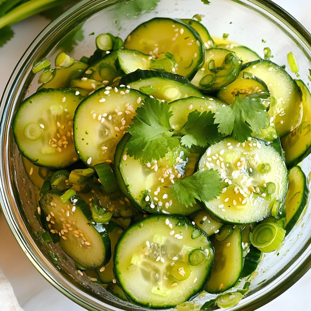 - 2 large cucumbers, thinly sliced - 1/4 cup sesame oil - 2 tablespoons fresh ginger, grated - 3 tablespoons rice vinegar - 1 tablespoon soy sauce (or tamari for gluten-free) - 1 tablespoon honey or maple syrup - 1/4 cup sesame seeds, toasted - 2 green onions, finely chopped - Salt and pepper to taste - Fresh cilantro leaves for garnish (optional) You can swap honey for agave syrup if needed. Use lime juice instead of rice vinegar for a zesty twist. If you want more crunch, add sliced bell peppers or radishes. For an extra kick, include a pinch of red pepper flakes. You can also garnish with chopped peanuts for added texture. This salad is low in calories yet full of flavor. Each serving contains about 120 calories. It has healthy fats from sesame oil and is rich in fiber from cucumbers. The ginger adds health benefits, like aiding digestion. You can enjoy this salad guilt-free while getting your daily veggies in a fun way. {{ingredient_image_1}} First, take two large cucumbers. Slice them thinly. You can use a sharp knife or a mandoline. Place the slices in a big mixing bowl. This step is key for a nice crunch in your salad. In another bowl, mix the dressing. Start with 1/4 cup of sesame oil. Add 2 tablespoons of fresh, grated ginger. Then, pour in 3 tablespoons of rice vinegar. Don’t forget 1 tablespoon of soy sauce or tamari. Add 1 tablespoon of honey or maple syrup for sweetness. Whisk it all together until smooth. Now, pour the dressing over the cucumbers. Toss them gently until all slices are coated. Next, add in 1/4 cup of toasted sesame seeds and 2 chopped green onions. Fold them into the cucumber mix. Season it with salt and pepper to taste. If you want it sweeter or tangier, adjust honey or vinegar. Let the salad sit for 10-15 minutes. This helps the flavors mix well. Enjoy your vibrant salad! To make the dressing pop, use fresh ginger. Grate it finely so it mixes well. The sesame oil gives a rich flavor. Be sure to whisk it well with rice vinegar and soy sauce. This mix brings a nice balance of sweet and tangy. If you want it sweeter, add more honey or maple syrup. For a tangier taste, just include more rice vinegar. Adjust the dressing to your liking for the best result. For extra crunch, use toasted sesame seeds. They add a nutty flavor and delightful texture. You can also add sliced radishes for a peppery kick. If you want more greens, toss in some shredded carrots. This salad is all about layers of flavor and texture. Mixing different veggies helps keep every bite exciting. Serve this salad in a clear glass bowl. This way, the bright greens and seeds shine. Before serving, sprinkle more sesame seeds on top. It gives a nice look and a bit more crunch. Don’t forget to garnish with fresh cilantro. It can brighten the dish and add fresh flavor. Enjoy your colorful, tasty salad that looks as good as it tastes! Pro Tips Use Fresh Ingredients: Always opt for fresh cucumbers and ginger to enhance the flavor of your salad. Fresh ingredients will make a noticeable difference in taste. Adjust to Your Taste: Feel free to tweak the sweetness or tanginess of the dressing to match your preference. Add more honey or vinegar as needed for a personalized flavor. Let It Marinate: Allowing the salad to sit for at least 10-15 minutes before serving helps the flavors meld together beautifully, resulting in a more delicious dish. Presentation Matters: Serve the salad in a clear bowl to showcase its vibrant colors, and consider garnishing with extra cilantro or sesame seeds for visual appeal. {{image_2}} You can easily make this salad your own. Here are some fun ideas: - Add protein: Toss in cooked shrimp or grilled chicken for a heartier meal. - Include nuts: Chopped peanuts or almonds add crunch and flavor. - Incorporate other veggies: Try bell peppers, carrots, or radishes for more color. - Spice it up: Add some sliced jalapeños or a pinch of red pepper flakes for heat. While the sesame ginger dressing is tasty, you can switch it up. Here are a few options: - Peanut dressing: Mix peanut butter, lime juice, and a touch of soy sauce. - Miso dressing: Use miso paste, rice vinegar, and sesame oil for a unique twist. - Citrus vinaigrette: Combine orange juice, honey, and olive oil for a fresh flavor. You can change ingredients based on the season. This keeps your salad fresh and exciting: - Summer: Add fresh tomatoes or corn for a juicy touch. - Fall: Try adding roasted butternut squash for warmth and sweetness. - Winter: Include sliced radishes or citrus fruits for brightness on dull days. Feel free to explore these variations to suit your taste! Store any leftover sesame ginger cucumber salad in an airtight container. Keep it in the fridge. The salad stays fresh for about two days. The cucumbers may lose some crunch over time. To keep the salad fresh, it's best to store the dressing separately. Mix the dressing with the cucumbers just before serving. This helps maintain the texture and taste. If you notice excess moisture, drain it before serving. I do not recommend freezing this salad. The cucumbers will become mushy when thawed. If you want to enjoy it later, prepare the dressing and store it in the freezer. You can use it with fresh cucumbers when you are ready to eat. Yes, you can make this salad ahead of time. Prepare it up to an hour before serving. The flavors get better as they mix. Just store it in the fridge until you are ready to serve. If you plan to store it longer, wait to add the sesame seeds. They stay crunchy this way. To make this salad gluten-free, use tamari instead of soy sauce. Tamari is a great substitute that keeps the flavor. It works well with this dish and is safe for those with gluten issues. Check all your other ingredients too. Some rice vinegars may have gluten, so read the labels. This salad pairs well with many dishes. Try it with grilled chicken or fish for a light meal. It also goes great with rice or noodle dishes. For a full meal, serve it with spring rolls or a veggie stir-fry. The fresh taste of the salad complements these flavors nicely. This post covered the key steps to make a tasty Sesame Ginger Cucumber Salad. You learned about the ingredients, preparation, and even storage tips. Customizing with different dressings and toppings can elevate your salad. Remember to store leftovers properly to keep them fresh. With these insights, you can enjoy a delicious salad any time you want. Happy cooking!