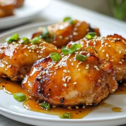 - 1 lb (450g) chicken thighs, boneless and skinless - 1/4 cup honey - 1/4 cup soy sauce (low sodium recommended) - 4 cloves garlic, minced - 1 tablespoon fresh ginger, minced - 2 tablespoons olive oil - 1 tablespoon cornstarch To make honey garlic chicken, you need chicken thighs. They stay juicy and tender. Honey gives a nice sweetness. Soy sauce adds salt and umami. Minced garlic and ginger bring bold flavor. Olive oil helps cook the chicken well. Cornstarch thickens the sauce. - Salt and pepper - Green onions, sliced (for garnish) - Sesame seeds (for garnish) Don’t forget salt and pepper. They enhance the dish's flavor. Green onions add a fresh touch. Sesame seeds give a nice crunch. - Substitutes for honey - Alternatives to soy sauce You can use maple syrup instead of honey. It gives a similar sweetness. For soy sauce, try tamari for a gluten-free option. Coconut aminos are another tasty choice. {{ingredient_image_1}} To make the honey garlic sauce, start with a medium bowl. Add 1/4 cup honey, 1/4 cup soy sauce, 4 minced garlic cloves, and 1 tablespoon of minced ginger. Whisk these ingredients well. This sauce brings sweet and savory flavors together in one bowl. Heat 2 tablespoons of olive oil in a large skillet over medium heat. While the oil heats, season 1 pound of chicken thighs with salt and pepper on both sides. Once the oil is hot, carefully place the chicken in the skillet. Sear each side for about 5 minutes until golden brown. After both sides are done, pour the honey garlic sauce over the chicken. Bring the mixture to a simmer. Lower the heat to low to keep it warm. Next, create a cornstarch slurry. In a small bowl, mix 1 tablespoon of cornstarch with 2 tablespoons of water. Add this slurry to the skillet and stir well. Cook for another 5 to 7 minutes. This lets the sauce thicken and the chicken cook through. Ensure the internal temperature of the chicken reaches 165°F (75°C). Once cooked, remove it from the heat. Let it rest for a few minutes. Slice the chicken and drizzle any remaining sauce over it. Garnish with sliced green onions and sesame seeds for a beautiful finish. To cook chicken just right, the temperature matters. Use medium heat to sear the chicken. This helps it brown nicely. Aim for an internal temperature of 165°F (75°C). This ensures the chicken is safe to eat and juicy. For pans, use a heavy skillet, like cast iron or stainless steel. These types hold heat well. They help create a nice sear on the chicken. Avoid non-stick pans for searing. They don't give the same browning effect. You can add spices to boost flavor. Try adding a pinch of red pepper flakes for heat. Or, use black pepper for a bit of kick. If you want a deeper flavor, add a dash of smoked paprika. To adjust sweetness, add more honey if you like it sweeter. If it’s too sweet, add a splash of extra soy sauce. This adds saltiness and balances the taste. Honey garlic chicken pairs well with many sides. Steamed rice is a classic choice. It soaks up the sweet sauce. You can also serve it with sautéed veggies for color and crunch. Another great option is a fresh salad. A green salad with a light dressing offers a nice contrast. Try a side of garlic bread for a comforting touch. Pro Tips Marinate for Flavor: For an extra depth of flavor, marinate the chicken in the honey garlic sauce for at least 30 minutes or overnight in the refrigerator. Use Fresh Ingredients: Fresh garlic and ginger will provide a more vibrant flavor compared to their powdered counterparts. Always opt for fresh! Thicken the Sauce: If you prefer a thicker sauce, allow it to simmer longer until it reaches your desired consistency. Just be careful not to overcook the chicken. Garnish for Presentation: Adding sliced green onions and sesame seeds not only enhances the presentation but also adds a nice crunch and freshness to the dish. {{image_2}} You can change the protein in this dish. Here are two great ideas: - Honey garlic shrimp: Use fresh shrimp instead of chicken. Cook them until they turn pink and tender. The sweet sauce works well with shrimp. - Honey garlic tofu: For a plant-based option, use firm tofu. Press the tofu to remove excess water. Cut it into cubes and fry until golden. You can also make this dish fit different diets. Here are some options: - Gluten-free alternatives: Use tamari instead of soy sauce. This keeps the flavor without gluten. - Low-carb variations: Serve the dish with cauliflower rice instead of regular rice. This lowers the carbs while keeping it tasty. Change up how you serve this dish for variety: - Honey garlic chicken in wraps: Use lettuce leaves as wraps. Fill them with sliced chicken and sauce for a fun, fresh meal. - Serving over rice or noodles: This dish pairs well with white rice or noodles. Pour the honey garlic sauce over them for extra flavor. To store leftovers of honey garlic chicken, let it cool first. Place it in an airtight container. I recommend glass or plastic containers with tight lids. This helps keep the chicken fresh. You can store it in the fridge for up to three days. If you want to freeze honey garlic chicken, portion it into smaller bags. Use freezer-safe bags or containers. Remove as much air as you can. This keeps the chicken safe from freezer burn. You can freeze it for up to three months. To thaw it, place the bag in the fridge overnight. This method keeps the chicken moist. When reheating, you can use the oven or stovetop. If you use the oven, preheat it to 350°F (175°C). Place the chicken in a baking dish and cover it with foil. This helps keep moisture in. Heat for about 20 minutes. If you use the stovetop, heat it on low in a skillet. Add a splash of water or sauce to prevent drying. Stir often until warmed through. You can pair honey garlic chicken with many tasty sides. Here are some great options: - Steamed rice - Fried rice - Quinoa - Roasted vegetables - Stir-fried broccoli - Green salad These sides balance the sweet and savory flavors of the chicken. They add color and texture to your meal. You can also serve it with a simple coleslaw for crunch. Yes, you can prepare honey garlic chicken in advance. Here are some tips: - Marinate the chicken in the sauce overnight for more flavor. - Cook the chicken and store it in the fridge for up to three days. - You can freeze the cooked chicken for up to two months. When ready to eat, just reheat the chicken on the stovetop or in the oven. This saves time on busy nights. You can tell if chicken is done by checking its color and temperature. Look for these signs: - The chicken should be golden brown on the outside. - Cut into the thickest part; the meat should be white, not pink. - Use a meat thermometer; the internal temperature should reach 165°F (75°C). These tips ensure you serve safe and tasty chicken every time. You’ve learned how to make delicious honey garlic chicken with ease. We covered the main ingredients and extra tips for flavor. You can explore different proteins and dietary options, too. Proper storage and reheating methods keep your meal tasty. Enjoy your meals and feel confident trying new things in the kitchen. This recipe is a great way to impress friends and family. Cooking can be fun and rewarding!