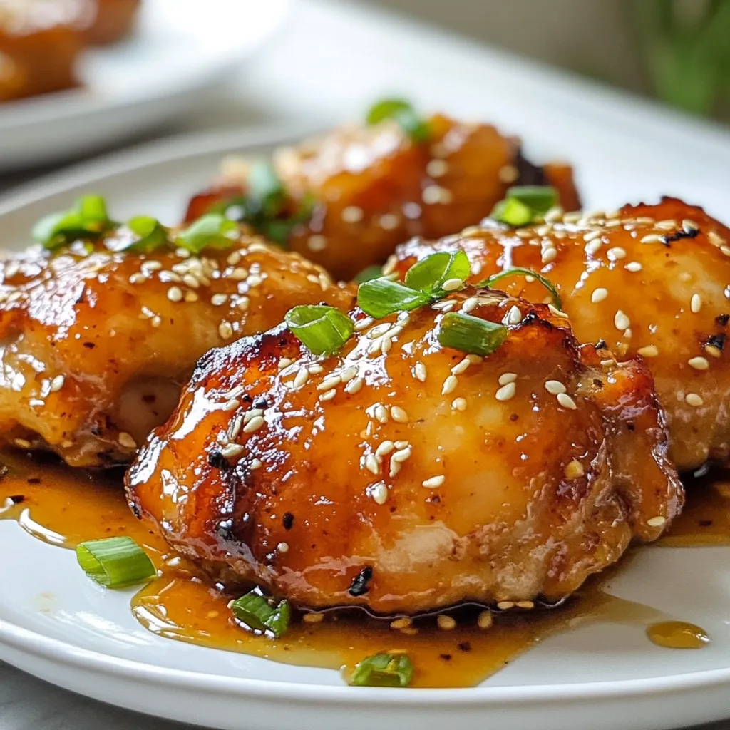 - 1 lb (450g) chicken thighs, boneless and skinless - 1/4 cup honey - 1/4 cup soy sauce (low sodium recommended) - 4 cloves garlic, minced - 1 tablespoon fresh ginger, minced - 2 tablespoons olive oil - 1 tablespoon cornstarch To make honey garlic chicken, you need chicken thighs. They stay juicy and tender. Honey gives a nice sweetness. Soy sauce adds salt and umami. Minced garlic and ginger bring bold flavor. Olive oil helps cook the chicken well. Cornstarch thickens the sauce. - Salt and pepper - Green onions, sliced (for garnish) - Sesame seeds (for garnish) Don’t forget salt and pepper. They enhance the dish's flavor. Green onions add a fresh touch. Sesame seeds give a nice crunch. - Substitutes for honey - Alternatives to soy sauce You can use maple syrup instead of honey. It gives a similar sweetness. For soy sauce, try tamari for a gluten-free option. Coconut aminos are another tasty choice. {{ingredient_image_1}} To make the honey garlic sauce, start with a medium bowl. Add 1/4 cup honey, 1/4 cup soy sauce, 4 minced garlic cloves, and 1 tablespoon of minced ginger. Whisk these ingredients well. This sauce brings sweet and savory flavors together in one bowl. Heat 2 tablespoons of olive oil in a large skillet over medium heat. While the oil heats, season 1 pound of chicken thighs with salt and pepper on both sides. Once the oil is hot, carefully place the chicken in the skillet. Sear each side for about 5 minutes until golden brown. After both sides are done, pour the honey garlic sauce over the chicken. Bring the mixture to a simmer. Lower the heat to low to keep it warm. Next, create a cornstarch slurry. In a small bowl, mix 1 tablespoon of cornstarch with 2 tablespoons of water. Add this slurry to the skillet and stir well. Cook for another 5 to 7 minutes. This lets the sauce thicken and the chicken cook through. Ensure the internal temperature of the chicken reaches 165°F (75°C). Once cooked, remove it from the heat. Let it rest for a few minutes. Slice the chicken and drizzle any remaining sauce over it. Garnish with sliced green onions and sesame seeds for a beautiful finish. To cook chicken just right, the temperature matters. Use medium heat to sear the chicken. This helps it brown nicely. Aim for an internal temperature of 165°F (75°C). This ensures the chicken is safe to eat and juicy. For pans, use a heavy skillet, like cast iron or stainless steel. These types hold heat well. They help create a nice sear on the chicken. Avoid non-stick pans for searing. They don't give the same browning effect. You can add spices to boost flavor. Try adding a pinch of red pepper flakes for heat. Or, use black pepper for a bit of kick. If you want a deeper flavor, add a dash of smoked paprika. To adjust sweetness, add more honey if you like it sweeter. If it’s too sweet, add a splash of extra soy sauce. This adds saltiness and balances the taste. Honey garlic chicken pairs well with many sides. Steamed rice is a classic choice. It soaks up the sweet sauce. You can also serve it with sautéed veggies for color and crunch. Another great option is a fresh salad. A green salad with a light dressing offers a nice contrast. Try a side of garlic bread for a comforting touch. Pro Tips Marinate for Flavor: For an extra depth of flavor, marinate the chicken in the honey garlic sauce for at least 30 minutes or overnight in the refrigerator. Use Fresh Ingredients: Fresh garlic and ginger will provide a more vibrant flavor compared to their powdered counterparts. Always opt for fresh! Thicken the Sauce: If you prefer a thicker sauce, allow it to simmer longer until it reaches your desired consistency. Just be careful not to overcook the chicken. Garnish for Presentation: Adding sliced green onions and sesame seeds not only enhances the presentation but also adds a nice crunch and freshness to the dish. {{image_2}} You can change the protein in this dish. Here are two great ideas: - Honey garlic shrimp: Use fresh shrimp instead of chicken. Cook them until they turn pink and tender. The sweet sauce works well with shrimp. - Honey garlic tofu: For a plant-based option, use firm tofu. Press the tofu to remove excess water. Cut it into cubes and fry until golden. You can also make this dish fit different diets. Here are some options: - Gluten-free alternatives: Use tamari instead of soy sauce. This keeps the flavor without gluten. - Low-carb variations: Serve the dish with cauliflower rice instead of regular rice. This lowers the carbs while keeping it tasty. Change up how you serve this dish for variety: - Honey garlic chicken in wraps: Use lettuce leaves as wraps. Fill them with sliced chicken and sauce for a fun, fresh meal. - Serving over rice or noodles: This dish pairs well with white rice or noodles. Pour the honey garlic sauce over them for extra flavor. To store leftovers of honey garlic chicken, let it cool first. Place it in an airtight container. I recommend glass or plastic containers with tight lids. This helps keep the chicken fresh. You can store it in the fridge for up to three days. If you want to freeze honey garlic chicken, portion it into smaller bags. Use freezer-safe bags or containers. Remove as much air as you can. This keeps the chicken safe from freezer burn. You can freeze it for up to three months. To thaw it, place the bag in the fridge overnight. This method keeps the chicken moist. When reheating, you can use the oven or stovetop. If you use the oven, preheat it to 350°F (175°C). Place the chicken in a baking dish and cover it with foil. This helps keep moisture in. Heat for about 20 minutes. If you use the stovetop, heat it on low in a skillet. Add a splash of water or sauce to prevent drying. Stir often until warmed through. You can pair honey garlic chicken with many tasty sides. Here are some great options: - Steamed rice - Fried rice - Quinoa - Roasted vegetables - Stir-fried broccoli - Green salad These sides balance the sweet and savory flavors of the chicken. They add color and texture to your meal. You can also serve it with a simple coleslaw for crunch. Yes, you can prepare honey garlic chicken in advance. Here are some tips: - Marinate the chicken in the sauce overnight for more flavor. - Cook the chicken and store it in the fridge for up to three days. - You can freeze the cooked chicken for up to two months. When ready to eat, just reheat the chicken on the stovetop or in the oven. This saves time on busy nights. You can tell if chicken is done by checking its color and temperature. Look for these signs: - The chicken should be golden brown on the outside. - Cut into the thickest part; the meat should be white, not pink. - Use a meat thermometer; the internal temperature should reach 165°F (75°C). These tips ensure you serve safe and tasty chicken every time. You’ve learned how to make delicious honey garlic chicken with ease. We covered the main ingredients and extra tips for flavor. You can explore different proteins and dietary options, too. Proper storage and reheating methods keep your meal tasty. Enjoy your meals and feel confident trying new things in the kitchen. This recipe is a great way to impress friends and family. Cooking can be fun and rewarding!