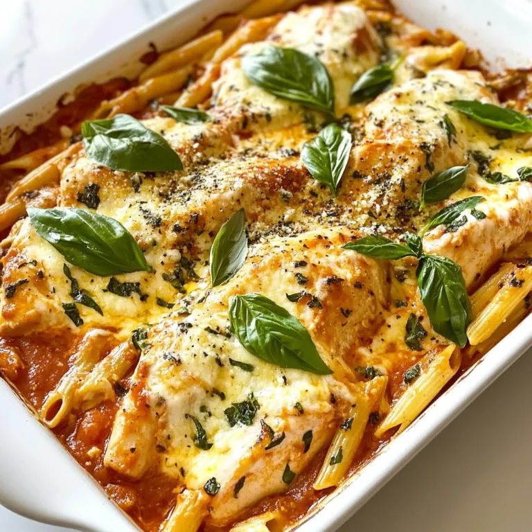 - 4 boneless, skinless chicken breasts - 2 cups marinara sauce - 1 cup mozzarella cheese, shredded - 1 cup ricotta cheese - 1/2 cup grated Parmesan cheese - 2 cups cooked pasta (penne or rotini) - 1 cup spinach, chopped - 1 bell pepper, diced - 1 teaspoon Italian seasoning - 2 cloves garlic, minced - Salt and pepper to taste - Fresh basil leaves for garnish For this dish, you need specific amounts of each ingredient. Here’s a breakdown: - Chicken: 4 breasts - Marinara sauce: 2 cups - Mozzarella cheese: 1 cup, shredded - Ricotta cheese: 1 cup - Parmesan cheese: 1/2 cup, grated - Cooked pasta: 2 cups - Spinach: 1 cup, chopped - Bell pepper: 1, diced - Italian seasoning: 1 teaspoon - Garlic: 2 cloves, minced - Salt and pepper: to taste If you need substitutes: - Use ground turkey instead of chicken. - Swap ricotta with cottage cheese for a lighter option. To make this casserole, gather these tools: - A 9x13 inch baking dish - Large mixing bowls - Measuring cups and spoons - Cooking utensils like a spatula and knife These tools help you mix, layer, and bake your delicious Italian Chicken Casserole with ease. {{ingredient_image_1}} 1. First, set your oven to 375°F (190°C). This helps the casserole cook evenly. 2. Grab a large bowl. In it, mix the cooked pasta, marinara sauce, chopped spinach, diced bell pepper, minced garlic, and Italian seasoning. Stir well. 3. Add salt and pepper to taste. This adds flavor to the mix. 4. Grease a 9x13 inch baking dish. Spread half of the pasta mixture evenly on the bottom. 1. Now, place the seasoned chicken breasts on top of the pasta layer. This keeps the chicken moist. 2. Spoon the ricotta cheese evenly over the chicken. This adds creaminess. 3. Take the rest of the pasta mixture and layer it over the ricotta-covered chicken. This creates a hearty base. 4. Finally, sprinkle shredded mozzarella and grated Parmesan cheese evenly on top. This will melt beautifully. 1. Cover the baking dish with aluminum foil. This helps everything cook well. 2. Bake for 25 minutes. This allows the flavors to blend. 3. After 25 minutes, remove the foil. Bake for another 15 minutes. Keep an eye on it. The cheese should be bubbling and golden. 4. When done, let the casserole rest for 5 minutes before serving. This makes it easier to cut. Garnish with fresh basil leaves for a bright touch. To make the best Italian chicken casserole, pay attention to each layer. Start with a good mix of pasta and sauce. This mix is the base, so make it tasty. Use fresh garlic and quality marinara sauce for rich flavor. Resting time is key. After baking, let the casserole sit for five minutes. This helps the layers firm up. You’ll get cleaner slices and better flavor. Serve your casserole hot. Pair it with a crisp salad or garlic bread. These sides add crunch and balance to the meal. For presentation, use a nice dish. Garnish with fresh basil leaves. This makes the dish look fresh and bright. Want to spice it up? Add red pepper flakes or sliced jalapeños. These add heat without overpowering the dish. You can also explore different herbs. Fresh oregano or thyme can enhance the flavor. For a milder taste, skip the spicy add-ons and focus on the cheeses. Pro Tips Use Fresh Ingredients: Fresh spinach, high-quality marinara sauce, and freshly shredded cheeses can elevate the flavor of your casserole, making it taste homemade and delicious. Customize Your Veggies: Feel free to add or substitute other vegetables such as mushrooms, zucchini, or olives to suit your taste preferences and add more nutrients. Let It Rest: Allowing the casserole to rest for a few minutes after baking helps it set, making it easier to serve and enhancing the overall flavor. Make It Ahead: This casserole can be assembled ahead of time and stored in the fridge or freezer. Just add a few extra minutes to the baking time if baking straight from the refrigerator. {{image_2}} You can change the protein in your casserole. Try turkey or tofu instead of chicken. Both options work well and add unique flavors. You can also switch the cheese. Use goat cheese for a tangy twist or a mix of cheeses for depth. If you need a gluten-free dish, choose gluten-free pasta. Many brands offer delicious options that fit right in. For those on a low-carb diet, use zucchini noodles or cauliflower rice instead of pasta. These swaps keep the meal tasty and satisfying. To bring a local touch to your dish, use fresh, local ingredients. For example, add seasonal vegetables like zucchini or eggplant. You can also adapt your casserole based on different Italian regions. In Sicily, add capers and olives for a Mediterranean flair. In Northern Italy, try using creamy polenta instead of pasta. Each twist gives your casserole a fresh and exciting flavor. To store leftovers, let the casserole cool first. Place it in an airtight container. You can keep it in the fridge for up to three days. When you're ready to eat, reheat it in the oven. Set the oven to 350°F (175°C) and heat for about 20 minutes. Stir it halfway through for even warming. Yes, you can freeze the casserole. Make sure it cools down completely. Use a freezer-safe container or wrap it tightly in plastic wrap and foil. This way, it stays fresh for about three months. To thaw, move it to the fridge for a night. Then, reheat it in the oven at 350°F (175°C) until hot. In the fridge, the casserole lasts three days. In the freezer, it stays good for three months. Look for signs of spoilage like off smells or mold. If you see these, throw it away. Always trust your senses when it comes to food safety. Can I use frozen chicken? Yes, you can use frozen chicken. Just make sure to thaw it first. Thaw it in the fridge overnight for best results. This keeps the chicken safe and easy to cook. What pasta is best for casseroles? Penne or rotini works best for casseroles. These shapes hold sauce well and mix easily with other ingredients. You can also try other shapes, like fusilli or farfalle. How to know when the casserole is done? Check if the cheese is bubbly and golden. You can also use a meat thermometer. The chicken should reach 165°F (74°C) for safety. Can I make it ahead of time? Yes, you can prepare it ahead of time. Assemble the casserole and cover it. Store it in the fridge for up to 24 hours. Just add a few extra minutes to the baking time. How to make servings more appealing? Garnish with fresh basil leaves. You can also drizzle a bit of olive oil on top. This adds color and flavor to each serving. Can it be served cold? While it’s best served hot, you can enjoy it cold. It makes a great lunch idea. Just store the leftovers in the fridge before serving. Making the perfect casserole involves careful ingredient choice and preparation. You learned about essential ingredients like chicken and vegetables, mixing directions, and baking steps. Remember the tips to enhance flavors and store leftovers properly. You can change recipes to fit your tastes or dietary needs. With these steps, you can create a dish that satisfies everyone. Enjoy your cooking journey and have fun experimenting with flavors!