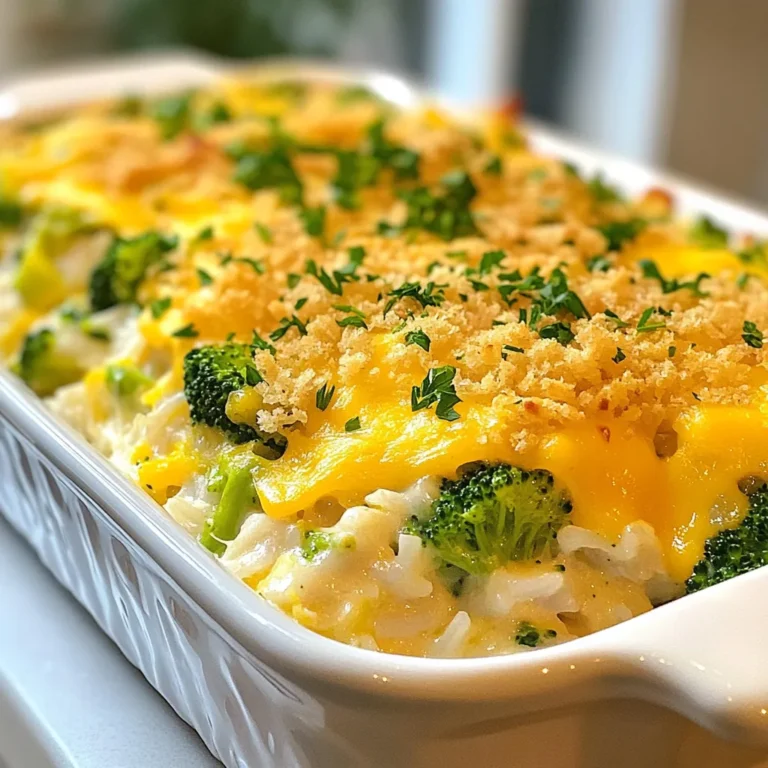 To make a tasty Creamy Chicken Rice Casserole, you need these key ingredients: - 2 cups cooked rice (white or brown) - 2 cups cooked chicken, shredded - 1 cup broccoli florets (fresh or frozen) - 1 can (10.5 oz) cream of chicken soup - 1 cup shredded cheddar cheese - 1/2 cup sour cream - 1/2 teaspoon garlic powder - 1/2 teaspoon onion powder - Salt and pepper to taste - 1/2 cup breadcrumbs (optional for a crunchy topping) - Fresh parsley, chopped for garnish You can mix it up with some optional ingredients for fun variations: - Cooked peas or carrots for extra veggies - Different cheese types like mozzarella or pepper jack - A splash of hot sauce for some heat - Cooked bacon bits for added flavor - A sprinkle of herbs like thyme or rosemary When I choose my ingredients, I look for the freshest options. Here are some tips: - Rice: Use day-old rice for best results. It holds its shape better. - Chicken: Rotisserie chicken works great if you're short on time. - Broccoli: Fresh broccoli adds crunch, while frozen is quick and easy. - Soup: Choose a high-quality cream of chicken soup for rich flavor. - Cheese: Opt for block cheese instead of pre-shredded. It melts better. Use these tips to create a delicious dish that everyone will love! {{ingredient_image_1}} Start by gathering your ingredients. You need: - 2 cups cooked rice (white or brown) - 2 cups cooked chicken, shredded - 1 cup broccoli florets (fresh or frozen) - 1 can (10.5 oz) cream of chicken soup - 1 cup shredded cheddar cheese - 1/2 cup sour cream - 1/2 teaspoon garlic powder - 1/2 teaspoon onion powder - Salt and pepper to taste - 1/2 cup breadcrumbs (optional for a crunchy topping) - Fresh parsley, chopped for garnish Make sure your rice and chicken are fully cooked. If using frozen broccoli, thaw it first. This will help everything cook evenly. In a large mixing bowl, combine the cooked rice, shredded chicken, and broccoli. Add the cream of chicken soup and sour cream. These two ingredients make the dish creamy. Next, sprinkle in the garlic powder, onion powder, salt, and pepper. Mix everything well until fully combined. This is key for flavor! Now, stir in 3/4 cup of the shredded cheddar cheese. Save the rest for topping later. Transfer the mixture into a greased 9x13 inch baking dish. Spread it evenly to ensure even cooking. Preheat your oven to 350°F (175°C). Once the oven is ready, sprinkle the reserved cheddar cheese over the casserole. If you like a crunchy topping, add breadcrumbs on top as well. Cover the dish with aluminum foil and bake for 25 minutes. This keeps the casserole moist. After 25 minutes, remove the foil and bake for another 10-15 minutes. Look for melted cheese and slightly golden edges. Once done, take it out of the oven. Let it cool for a few minutes before serving. Garnish with chopped fresh parsley for a nice touch. Enjoy your creamy chicken rice casserole! To get that creamy texture, start with cooked rice. I prefer white rice, but brown rice works too. Make sure your chicken is shredded well. This helps it mix easily with the other ingredients. Use cream of chicken soup and sour cream to build a rich base. Mixing these two gives a smooth finish. If you want extra creaminess, add more sour cream or even some cream cheese. Seasonings can take this dish to the next level. I recommend using garlic powder and onion powder. These add depth without overpowering the dish. Don’t forget to taste and adjust salt and pepper. If you like a little kick, try adding paprika or a pinch of cayenne. Fresh herbs like thyme or parsley can also boost the flavor. They add freshness and a pop of color. When serving this casserole, pair it with a light salad. A simple green salad with vinaigrette works well. You can also add some crusty bread on the side. This helps soak up any creamy sauce left on the plate. For a fun twist, serve it in individual ramekins. This makes each serving special and easy to handle. Don't skip the garnish—chopped fresh parsley adds a nice touch! Pro Tips Use Leftover Chicken: This recipe is a great way to use up leftover rotisserie chicken or any cooked chicken you have on hand, saving time and reducing waste. Customize Your Veggies: Feel free to swap out the broccoli for other vegetables like peas, carrots, or spinach to suit your taste or what you have available. Make It Ahead: Prepare the casserole in advance and store it in the refrigerator. Just pop it in the oven when you're ready to bake for a quick weeknight dinner. Experiment with Cheese: Try different types of cheese, such as mozzarella, pepper jack, or a blend, for varied flavors and textures in your casserole. {{image_2}} You can make this casserole healthier by using brown rice instead of white rice. Brown rice has more fiber and nutrients. It adds a nice nutty taste too. You can also use low-fat cream of chicken soup. This swap cuts down on fat but keeps the creamy texture. Additionally, try adding more veggies like spinach or carrots. They boost nutrition and flavor without adding many calories. If you want a vegetarian version, replace the chicken with chickpeas or tofu. Both add protein and fill you up. Use vegetable broth instead of cream of chicken soup. You can also add more vegetables, like bell peppers or mushrooms, for extra flavor. Don't forget to choose a plant-based cheese if you want that cheesy taste! There are many ways to change the flavor of your casserole. You can add spices like paprika or cumin for a warm touch. Fresh herbs like thyme or rosemary can also brighten the dish. If you love a kick, toss in some red pepper flakes. Adding different vegetables, like zucchini or peas, can also change things up. Each option brings new tastes and colors to your plate! After enjoying your creamy chicken rice casserole, store leftovers in an airtight container. This helps keep the dish fresh. Make sure to let it cool first. If you have extra portions, divide them into smaller containers. This way, you can grab a single serving later. To reheat your casserole, preheat your oven to 350°F (175°C). Place the casserole in an oven-safe dish. Cover it with foil to keep it moist. Heat for about 20 minutes or until it is hot all the way through. If you want a crispy top, remove the foil for the last five minutes. You can freeze this casserole for later. To do this, let it cool completely. Then, use a freezer-safe container or wrap it tightly in plastic wrap. Label it with the date. You can freeze it for up to three months. When you're ready to eat, just thaw it in the fridge overnight. Reheat as mentioned above for a quick meal. Yes, you can prepare this casserole ahead of time. Mix all the ingredients and place them in your baking dish. Cover it tightly with plastic wrap or foil. Store it in the fridge for up to 24 hours. When you're ready to bake, remove the cover and let it sit at room temperature for 15 minutes. Then, bake it as usual. If you don’t have cream of chicken soup, you can use a few options. Try a homemade mix of milk, butter, and flour. Blend these until smooth. You can also use cream of mushroom soup for a different taste. If you're looking for a lighter option, plain Greek yogurt can work well too. To make a gluten-free version, you need to change a few ingredients. First, use gluten-free cream of chicken soup or make your own. Use rice that is labeled gluten-free, like white or brown rice. Check labels on all other ingredients, especially any seasoning mixes. This will ensure your dish is safe for gluten-sensitive eaters. This article covered everything you need for a delicious creamy chicken rice casserole. We discussed the best ingredients and how to prep them. You learned step-by-step instructions for mixing and baking. We shared tips for a creamy texture and flavor boost. We also explored healthier options and variations, plus how to store leftovers. Making this dish is simple and fun. I hope you enjoy cooking it as much as I do!