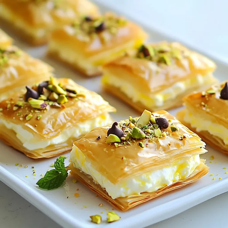 - 1 cup ricotta cheese - 1 cup mascarpone cheese - 1 cup powdered sugar - 1 teaspoon vanilla extract - 1/2 teaspoon cinnamon - 1/2 cup mini chocolate chips - 1 package phyllo pastry (about 20 sheets) - 1/2 cup unsalted butter, melted - 1/4 cup pistachios, chopped (for garnish) - Fresh mint leaves (for garnish) When choosing ricotta cheese, opt for whole milk for a creamier texture. You can find mascarpone in most grocery stores, but if unavailable, cream cheese works too. Always use unsalted butter to control the saltiness. For the phyllo pastry, check the package for instructions on thawing. Fresh mint adds a nice touch and bright flavor to the dessert. 1. Mixing bowls 2. Whisk or electric mixer 3. Baking pan (9x13 inches) 4. Pastry brush 5. Knife or pizza cutter 6. Measuring cups and spoons 7. Cooling rack These tools will help you prepare the cannoli squares with ease. Each item plays a role in making the process smooth and enjoyable. Happy cooking! {{ingredient_image_1}} First, preheat your oven to 375°F (190°C). This step is key for getting a nice golden color on the phyllo. Next, grab a mixing bowl. Combine 1 cup of ricotta cheese, 1 cup of mascarpone cheese, and 1 cup of powdered sugar. Add 1 teaspoon of vanilla extract and 1/2 teaspoon of cinnamon. Mix until it’s smooth and creamy. Gently fold in 1/2 cup of mini chocolate chips. Set this delicious filling aside for later. Now, take out your phyllo pastry, about 20 sheets total. Lay 5 sheets on a clean surface. Brush each sheet with melted butter. This step keeps the layers crisp. Repeat this with 5 more sheets, making a stack of 10. Cut the layered phyllo into squares, about 4x4 inches. Place these squares in a greased baking pan, overlapping them slightly if you need to. Bake the phyllo squares in the preheated oven for 10-12 minutes. Look for a golden brown color and a crispy texture. Once they are done, take them out and let them cool. Cooling is important, as it helps the squares hold their shape when you add the filling. Once your phyllo squares have cooled, spread a generous layer of the ricotta filling on each square. Top with more mini chocolate chips for added taste. Sprinkle chopped pistachios over the filling for a nice crunch. To make them look pretty, place a fresh mint leaf on each square. Finally, slice the squares for serving. Enjoy your tasty cannoli squares! To get crispy phyllo, you must keep it dry and layered. Use fresh phyllo sheets. If they dry out, cover them with a damp cloth. Brush each layer with melted butter. This helps create a golden, flaky crust. Also, don't skip the baking step. Bake at 375°F for crisp texture. Soggy layers can ruin this dessert. To prevent them, cool the baked phyllo squares completely before adding the filling. Use the right amount of filling. Too much can add moisture. Spread the filling evenly and avoid the edges. This keeps the phyllo crisp and delicious. You can make cannoli squares a day ahead. Bake the phyllo and cool it. Store it in an airtight container. Add the filling just before serving. This keeps the layers crispy. For serving, garnish with chopped pistachios and fresh mint. These add color and flavor. Pro Tips Use Fresh Ingredients: For the best flavor, use fresh ricotta and mascarpone cheese. This will enhance the taste of your cannoli squares significantly. Layering Technique: Make sure to brush each layer of phyllo pastry with melted butter to achieve a crispy and flaky texture. Don't skip this step! Cooling Time: Allow the phyllo squares to cool completely before adding the filling. This prevents the filling from melting and keeps the layers intact. Garnishing Options: Get creative with your garnishes! Besides pistachios and mint, consider using crushed almonds or fresh berries for added flavor and visual appeal. {{image_2}} You can mix things up with your filling. Try adding lemon zest for a fresh twist. You can also swap in orange zest for a citrusy flavor. If you love nuts, consider adding finely chopped almonds or hazelnuts. For chocolate lovers, mix in cocoa powder or use dark chocolate chips instead of mini chips. You can even add a splash of almond extract for a deeper taste. Each option brings a unique flair to your cannoli squares. If you need a gluten-free option, you can use gluten-free phyllo pastry. Many stores offer this choice, making it easy to enjoy. Always check the package to ensure it's certified gluten-free. You can also make your own gluten-free pastry if you feel adventurous. Just use a mix of gluten-free flours like almond flour and tapioca flour. This way, you can enjoy the same great taste without gluten. Serving your cannoli squares can be fun. You can serve them warm or chilled, depending on your taste. Pair them with a scoop of vanilla ice cream for a creamy contrast. A drizzle of chocolate or caramel sauce adds extra sweetness. For a nice touch, serve with fresh berries or a fruit salad. You can also add a cup of espresso or cappuccino for a perfect match. These ideas make your dessert even more enjoyable. To keep your cannoli squares fresh, store them in an airtight container. This helps prevent them from getting soggy. If you stack them, place parchment paper between layers. This keeps the filling from sticking to the phyllo. Store the container in the fridge for the best results. Cannoli squares last about 3 to 5 days in the fridge. After this time, the phyllo may lose its crispness. If you notice the squares getting soggy, it’s best to eat them sooner. They taste best fresh, so enjoy them quickly! You can freeze cannoli squares for later enjoyment. Wrap each square tightly in plastic wrap. Then place them in a freezer-safe bag. They can last up to 2 months in the freezer. When you're ready to eat, thaw them in the fridge overnight. To restore some crispness, you can reheat them in the oven for a few minutes. Enjoy your sweet treat even after some time! To cut phyllo pastry, stack your sheets first. Use a sharp knife or pizza cutter. Cut the sheets into squares, about 4x4 inches. Make sure to cut quickly to avoid drying out the edges. Yes, you can make cannoli squares without mascarpone. You can use more ricotta cheese instead. The texture will be a bit different but still delicious. You may want to add a touch of cream or yogurt for creaminess. Phyllo pastry is perfectly baked when it turns golden brown. It should look crispy and feel light. The edges can be darker, but not burnt. Keep an eye on it after 10 minutes in the oven. Yes, you can substitute ricotta cheese. Cream cheese is a good option. Greek yogurt can work too, but the flavor will change slightly. Taste your filling to ensure it suits your liking. In this blog post, we covered how to make classic cannoli squares. We explored ingredients, including key notes on tools needed. You learned step-by-step instructions for making the filling, layering phyllo, baking, and assembling the squares. I shared tips for crispy layers and ways to avoid sogginess. We also discussed tasty variations and smart storage methods. Now it's time to try this simple recipe. Enjoy your cannoli squares and impress your friends!