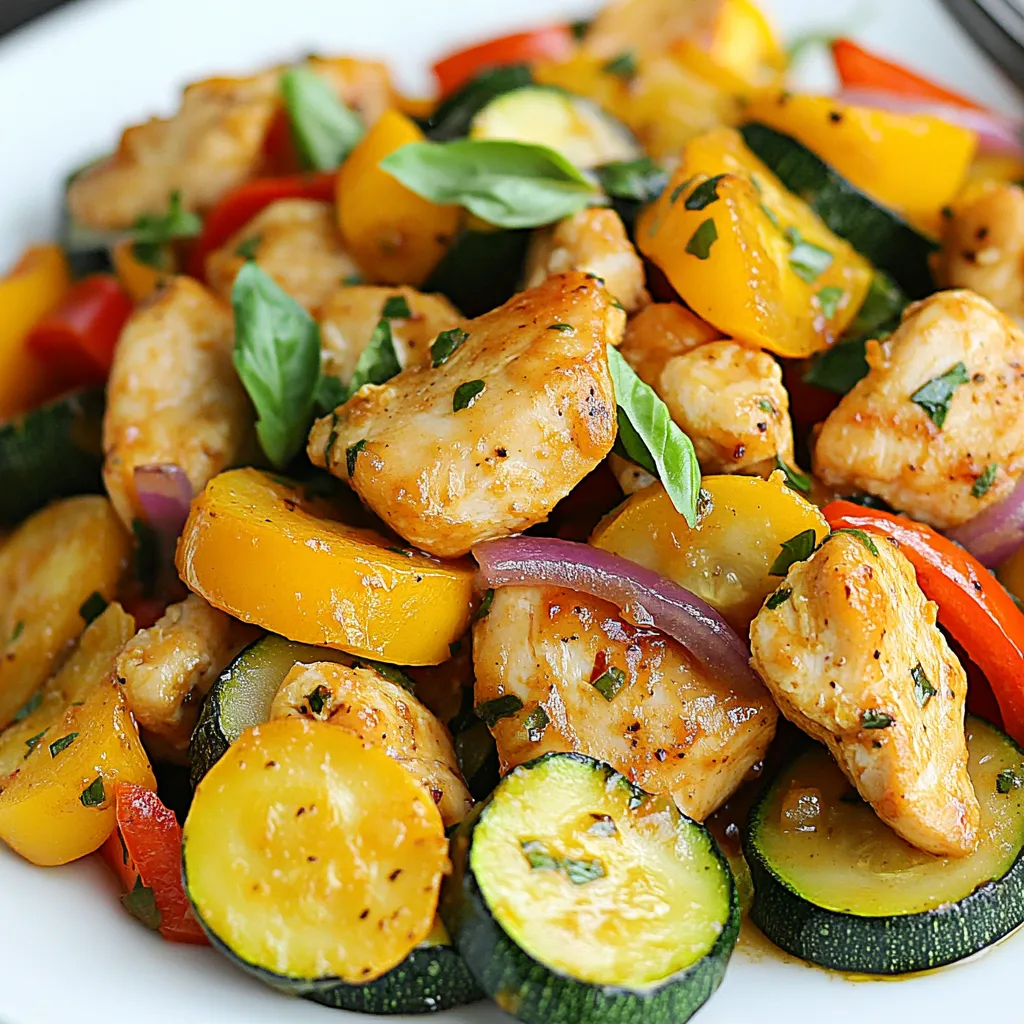 - 2 boneless, skinless chicken breasts, cut into bite-sized pieces - 2 medium zucchinis, sliced into half-moons - 1 bell pepper (any color), diced - 1 small red onion, chopped - 2 cloves garlic, minced - 1 teaspoon dried oregano - 1 teaspoon smoked paprika - Salt and pepper to taste - 3 tablespoons olive oil - Fresh basil or parsley for garnish When I cook Chicken Zucchini Skillet, I focus on fresh ingredients. The chicken gives protein and flavor. I like using boneless, skinless chicken breasts. They cook fast and stay juicy. Zucchini is my favorite vegetable in this dish. It adds a nice crunch and bright color. I slice the zucchini into half-moons. This shape lets them cook evenly. I also add bell pepper and red onion. They bring more color and taste to the skillet. The bell pepper can be any color. I usually choose red or yellow for sweetness. Garlic is a must in my kitchen. It adds a warm aroma and depth to the dish. I always mince it so the flavor spreads well. For seasonings, I use dried oregano and smoked paprika. Oregano gives a classic taste, while smoked paprika adds warmth. I season with salt and pepper for balance. Finally, I drizzle olive oil in the skillet. It helps cook the chicken and veggies just right. When everything is done, I love to garnish with fresh basil or parsley. It makes the dish look beautiful and adds freshness. {{ingredient_image_1}} - Heating the Oil: Start by taking a large skillet. Add 2 tablespoons of olive oil. Heat it over medium heat. - Cooking the Chicken: Now, add the chicken pieces to the skillet. Season with salt, pepper, oregano, and smoked paprika. Cook for about 5-7 minutes. Stir occasionally until the chicken turns brown and is fully cooked. - Sautéing the Vegetables: After the chicken is done, move it to a plate. Keep it warm by covering it. In the same skillet, add 1 more tablespoon of olive oil. Toss in the chopped onion. Sauté for 2-3 minutes until the onion is see-through. - Incorporating Garlic: Next, add the sliced zucchini and diced bell pepper to the skillet. Cook for 5-6 minutes. You want the veggies to be soft but still crunchy. Then, stir in the minced garlic. Cook for one more minute, just until you smell the garlic. - Combining Ingredients: Return the cooked chicken to the skillet. Mix everything well. Cook for another 2-3 minutes so the flavors blend nicely. Check if you need more seasoning. - Serving Suggestions: Once heated through, take the skillet off the heat. Garnish your dish with fresh basil or parsley for a lovely touch. Enjoy your meal! Selecting Quality Chicken Choose fresh, high-quality chicken. Look for meat that is pink and firm. Avoid any chicken with a strange smell. Organic options often taste better and are more healthy. Avoiding Overcooking Cook the chicken until it’s no longer pink inside. Use a meat thermometer if you have one. The internal temperature should be 165°F. Overcooking makes chicken dry and tough. Stir it often to cook evenly. Maintaining Vegetable Crispness Don’t overcook your veggies. Cook them until they are tender but still bright. This gives your dish a nice crunch. Add them to the pan after the chicken is done. Flavor Enhancements Use fresh herbs like basil or parsley for a pop of flavor. You can also add a splash of lemon juice. This brightens up the dish and makes it taste fresh. Don't forget to season with salt and pepper to enhance all the flavors. Pro Tips Use Fresh Ingredients: Opt for fresh chicken and seasonal vegetables for the best flavor and texture in your dish. Don’t Overcrowd the Pan: Cook the chicken and vegetables in batches if necessary to ensure they sear properly instead of steaming. Customize Your Seasonings: Feel free to adjust the spices according to your taste preferences; adding a pinch of cayenne can give it a nice kick! Serve Immediately: This dish is best enjoyed fresh off the stove while the chicken is juicy and the vegetables are crisp. {{image_2}} You can easily swap chicken for other proteins. Try diced turkey or shrimp. Both options cook quickly and add great taste. For a vegetarian choice, use firm tofu or chickpeas. Just sauté them until they are golden brown. Adjust cook times as needed for each protein type. Feel free to change the veggies in this dish. Broccoli, asparagus, or spinach work well. You can also add carrots for a sweet crunch. Mix and match to suit your taste. Just keep the cooking times in mind. Cook harder veggies longer, while softer ones need less time. This dish is naturally gluten-free with the right ingredients. Make sure your seasonings and oils are free from gluten. Most spices are safe, but check labels if unsure. Enjoy this meal without worry, even if you avoid gluten. To make this dish lower in carbs, simply skip or reduce the amount of bell pepper. Zucchini is a great low-carb veggie, so keep it in. You can also add more leafy greens like spinach or kale for extra nutrients. This keeps your meal filling without the extra carbs. To keep your chicken zucchini skillet fresh, let it cool first. Place the dish in an airtight container. This helps retain moisture and flavor. Store it in the fridge for up to three days. If you want to keep it longer, freeze it. Use freezer-safe bags or containers. It can last up to three months in the freezer. When you store leftovers, separate the chicken and veggies if you can. This keeps them at their best. When ready to eat, you can reheat your skillet meal. The best way is on the stove. Place it in a skillet over medium heat. Stir it often to warm evenly. This usually takes about 5 to 7 minutes. You can also use a microwave if you're short on time. Place it in a microwave-safe bowl. Heat for 1 to 2 minutes, stirring halfway through. Check that it's hot all the way through before serving. How long does it take to cook chicken in a skillet? It takes about 5 to 7 minutes to cook chicken in a skillet. Start with medium heat. The chicken should be browned and cooked through before you remove it. Always check that the inside is no longer pink. Can I make this dish ahead of time? Yes, you can make this dish ahead of time. Cook the chicken and veggies, then store them in the fridge. Reheat when you are ready to eat. This makes it easy for busy days. What other vegetables can I use in this recipe? You can use many other veggies in this recipe. Consider adding bell peppers, mushrooms, or spinach. Each will add its own flavor and color. Be sure to keep the cooking time in mind. Some veggies cook faster than others. You now understand how to make a tasty chicken zucchini skillet. We covered the main ingredients, preparation steps, and cooking tips. You learned how to add flavor with seasonings and variations for different diets. Storing and reheating tips help keep your dish fresh. Cooking doesn't have to be hard. With these steps, you can make a great meal. Enjoy creating and sharing this dish with friends and family!