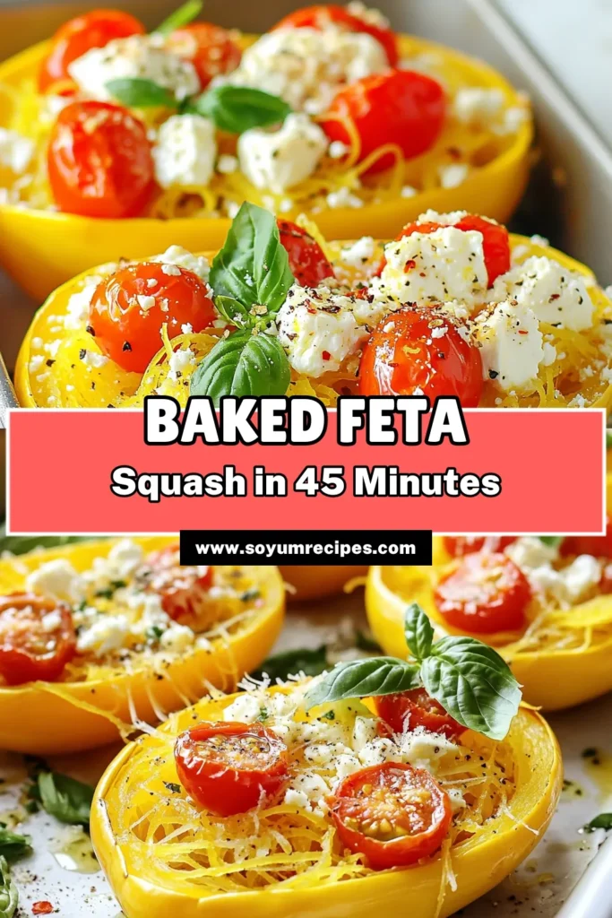 Discover the deliciousness of baked feta spaghetti squash with this easy roasted spaghetti squash recipe! This healthy feta pasta is a vibrant vegetarian dish that combines creamy feta and tomatoes for a rich flavor. Perfect for a weeknight dinner, this baked feta spaghetti squash is sure to impress. Try it today and elevate your mealtime! Save this recipe for later! #BakedFetaSpaghettiSquash #HealthyFetaPasta #VegetarianDish #RoastedSpaghettiSquashRecipe