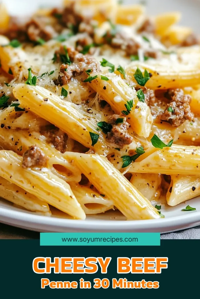 Indulge in this Cheesy Penne Pasta with Garlic Beef Recipe that will surely become a family favorite! This creamy penne with beef is an easy cheesy pasta dish that offers the ultimate comfort food dinner in just 30 minutes. Savor the rich flavors of garlic and melted cheese combined with tender penne and ground beef. Elevate your weeknight meals and save this delicious recipe now! #CheesyPennePasta #ComfortFood #GarlicBeef #EasyDinnerRecipes