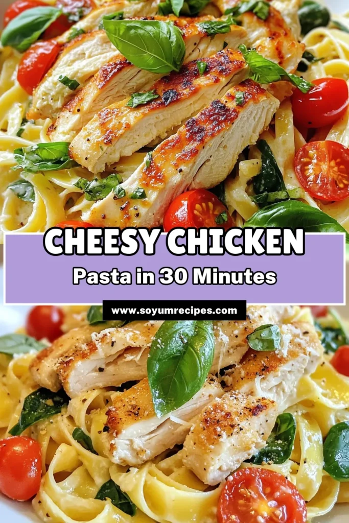 Indulge in this easy chicken mozzarella dinner with our cheesy chicken pasta recipe that everyone will love! Prepare a delicious one pan chicken pasta dish featuring fettuccine with chicken and spinach, cherry tomatoes, and gooey mozzarella cheese. Perfect for a busy weeknight meal, this cheesy chicken mozzarella pasta will impress your family and friends. Save this recipe now for quick access! #CheesyChickenPasta #MozzarellaPastaRecipe #EasyDinner #OnePanPasta