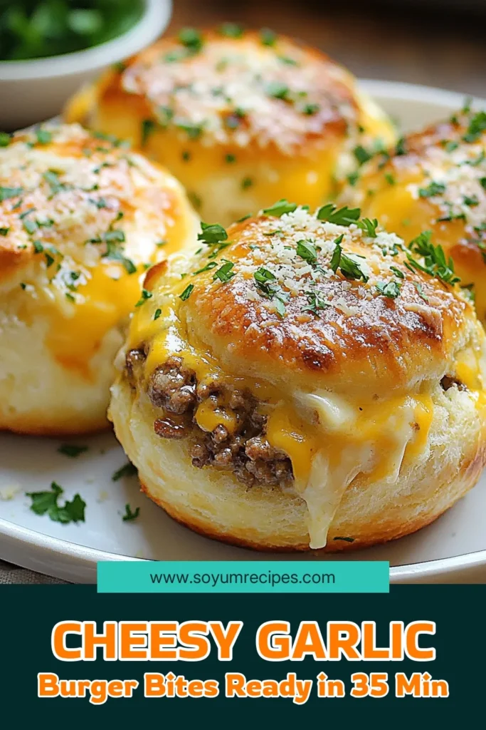 Indulge in these delightful Garlic Parmesan Cheeseburger Bombs, the perfect cheeseburger bombs recipe for any occasion! Packed with ground beef, creamy cheeses, and topped with a delicious garlic Parmesan blend, these easy garlic burger bites make the best homemade cheeseburger appetizers. Get ready to impress your friends and family! Try this simple recipe today and save for your next party! #CheeseburgerBombs #Appetizers #GarlicParmesan #EasyRecipes