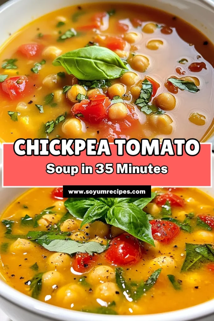 Discover the ultimate comfort food with this delicious chickpea tomato soup! Packed with healthy chickpea recipes, this creamy tomato soup with chickpeas is perfect for a cozy meal. Easy to make, this vegan soup recipe takes just 35 minutes to prepare. Enjoy a nourishing bowl of easy tomato chickpea soup that's full of flavor and nutrients. Click to save this recipe for later! #ChickpeaTomatoSoup #VeganSoupRecipes #HealthyChickpeaRecipes #EasyTomatoChickpeaSoup