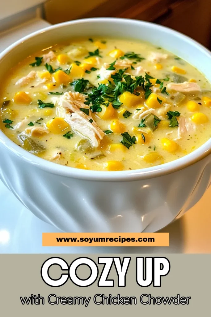 Warm up with this creamy chicken corn chowder that’s perfect for any occasion! This easy corn chowder recipe combines tender chicken, fresh corn, and hearty potatoes, all cooked in a slow cooker for convenience. Enjoy a comforting bowl of chicken chowder with potatoes that will satisfy the whole family. Ready to indulge? Save this delicious recipe and bring a taste of warmth to your kitchen! #ChickenChowder #SlowCookerRecipes #CornChowder #HeartyMeals