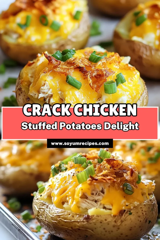 Indulge in these delicious Crack Chicken Stuffed Potatoes, the ultimate loaded baked potato recipe! These creamy chicken stuffed potatoes feature shredded chicken, cream cheese, and ranch dressing, creating a mouthwatering dish that’s easy to make. Perfect for a family dinner or game day! Try this easy stuffed potatoes recipe today, and don’t forget to save for later! #CrackChicken #StuffedPotatoes #LoadedBakedPotato #EasyRecipes