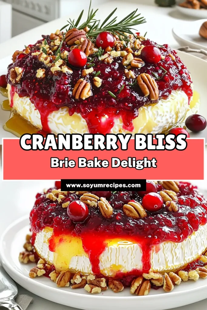 Indulge in the festive delight of Cranberry Bliss Baked Brie! This easy and delicious recipe combines creamy Brie with sweet cranberry sauce, crunchy pecans, and a hint of fresh rosemary for a perfect appetizer. Ideal for holiday gatherings or cozy nights in, it's sure to impress your guests. Get the full recipe and make your entertaining effortless! Click through to explore this mouthwatering treat. #CranberryBliss #BakedBrie #HolidayAppetizers #FestiveRecipes
