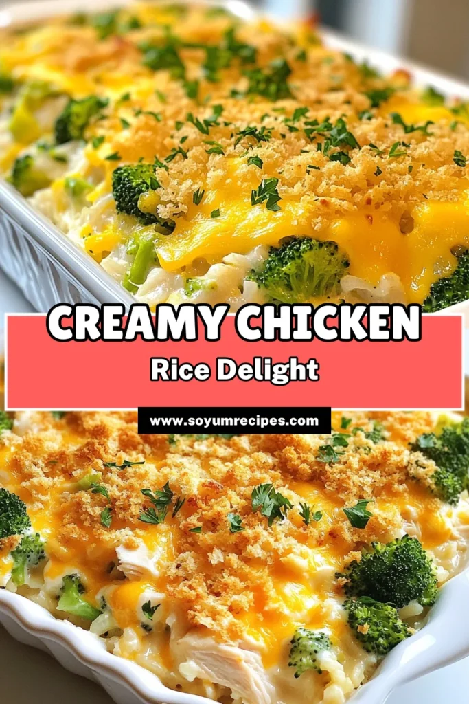 Discover the ultimate comfort food with this creamy chicken rice casserole! Perfectly blending tender chicken, broccoli, and fluffy rice, this easy casserole recipe is a family favorite. Enjoy the delightful layers of flavor from the cream of chicken soup and melty cheddar cheese in this baked chicken rice dish. Ready in under an hour, it’s perfect for busy weeknights. Try it today! #CasseroleRecipes #ComfortFood #ChickenDinner #EasyMeals