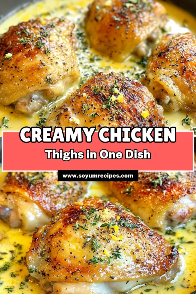 Looking for a delicious and easy chicken thigh dinner? Try this creamy chicken thighs recipe! These oven baked chicken thighs are succulent and packed with flavor thanks to a rich garlic cream sauce. Perfect for any night, this bone-in chicken thigh recipe will become a family favorite. Don't miss out—save this creamy oven baked chicken thighs recipe for your next meal prep! #CreamyChickenThighs #EasyDinner #ChickenRecipe #OvenBakedChickenThighs