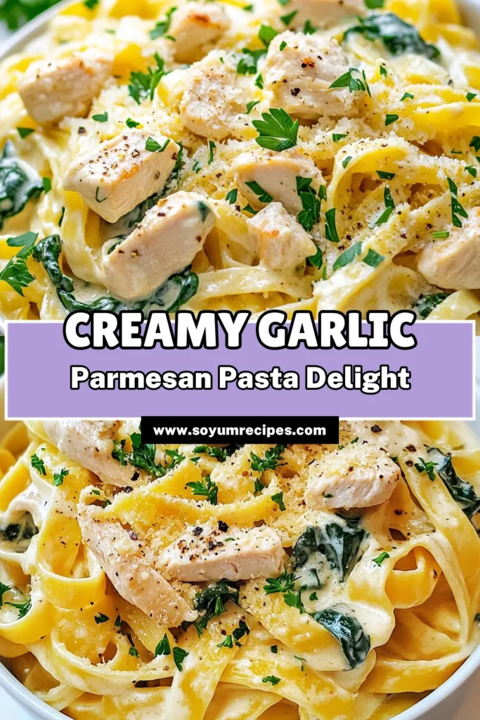 Indulge in this creamy garlic parmesan chicken pasta that’s perfect for a quick weeknight dinner! This easy chicken pasta recipe features fettuccine with garlic cream sauce combined with tender chicken and fresh spinach, making every bite a delight. In just 30 minutes, you can whip up this creamy pasta with spinach that your family will love. Save this recipe for a fast, delicious meal! #CreamyGarlicParmesanChickenPasta #EasyChickenPastaRecipe #QuickDinnerIdeas #FettuccineRecipe