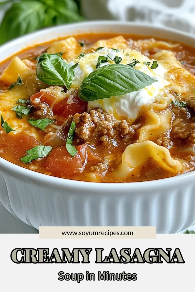 Indulge in this creamy lasagna soup recipe, a delightful twist on classic Italian comfort food! This easy lasagna soup combines hearty pasta with rich flavors, perfect for cozy dinners. Made with ground beef, fresh ricotta, and gooey mozzarella, it's a delicious ground beef soup recipe you'll want to make again and again. Discover comfort in a bowl and impress your family tonight! Save this creamy lasagna soup recipe for your next meal plan! #LasagnaSoup #ItalianComfortFood #EasyRecipes #PastaLover