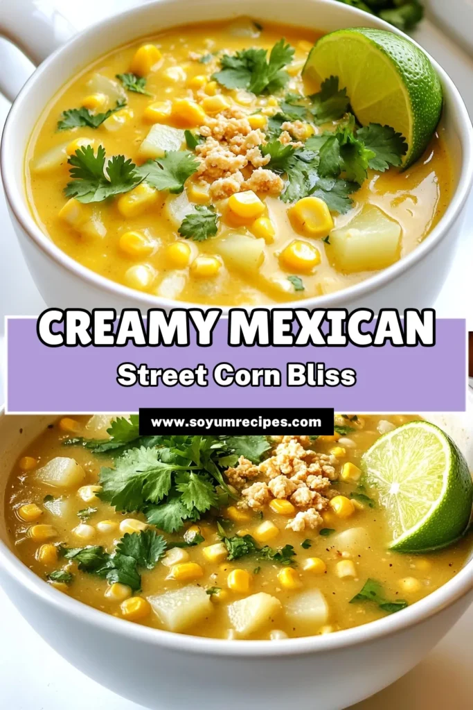 Savor the vibrant flavors of Mexican Street Corn Soup with this easy recipe! Made with fresh corn, coconut milk, and a blend of spices, this creamy dish is perfect for any occasion. In just 30 minutes, you can enjoy a comforting bowl topped with feta cheese and cilantro. Don't miss out on this delicious twist on a classic! Click through for the full recipe and serve up some warmth today! #MexicanStreetCornSoup #DeliciousRecipes #SoupLovers #ComfortFood