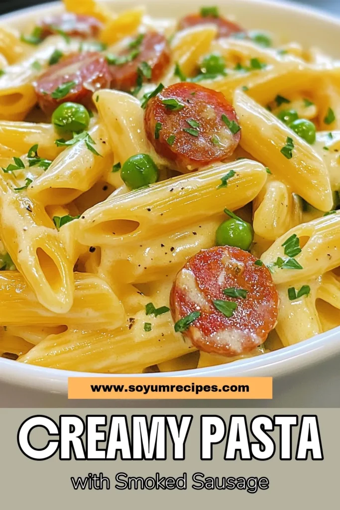 Discover this creamy kielbasa pasta recipe that's perfect for busy weeknights! This easy kielbasa pasta features savory penne pasta with sausage, creamy sauce, and peas, making it a delicious option for quick weeknight dinner recipes. In just 30 minutes, you’ll have a satisfying meal that the whole family will love. Try this creamy pasta dish now and save it for your next dinner! #KielbasaPasta #QuickDinner #PastaRecipes #CreamyPasta