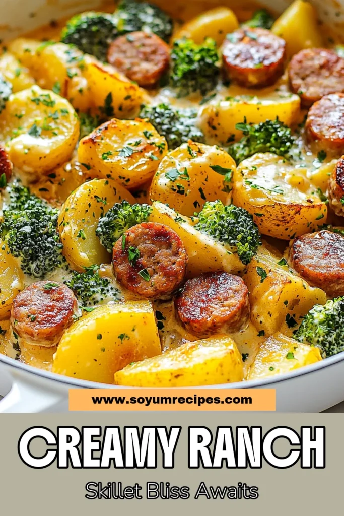 Discover the deliciousness of a creamy ranch potato skillet! This easy potato sausage dish combines tender potatoes, smoked sausage, and vibrant broccoli in one pan for a mouthwatering ranch dinner. Follow our simple smoked sausage skillet recipe for a creamy sausage and broccoli recipe your family will love. Perfect for busy weeknights! Save this recipe now for a quick, hearty meal! #PotatoSausageSkillet #EasyDinner #OnePanMeal #RanchRecipe