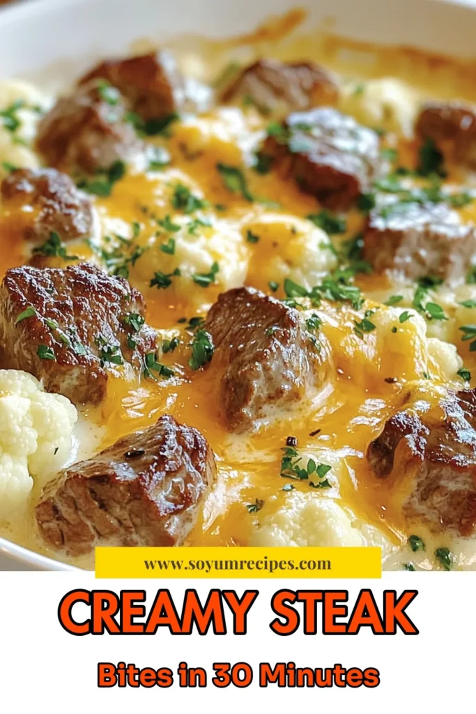 Discover the ultimate creamy steak bites recipe with this delicious cauliflower skillet recipe! This easy beef and cauliflower dish combines tender cheddar cheese steak bites with flavorful cauliflower for a one-pan steak and vegetable meal that your family will love. Perfect for weeknight dinners, it’s ready in just 30 minutes. Don’t miss out on this creamy delight—save the recipe now! #SteakBites #CauliflowerRecipe #OnePanMeals #EasyDinnerIdeas