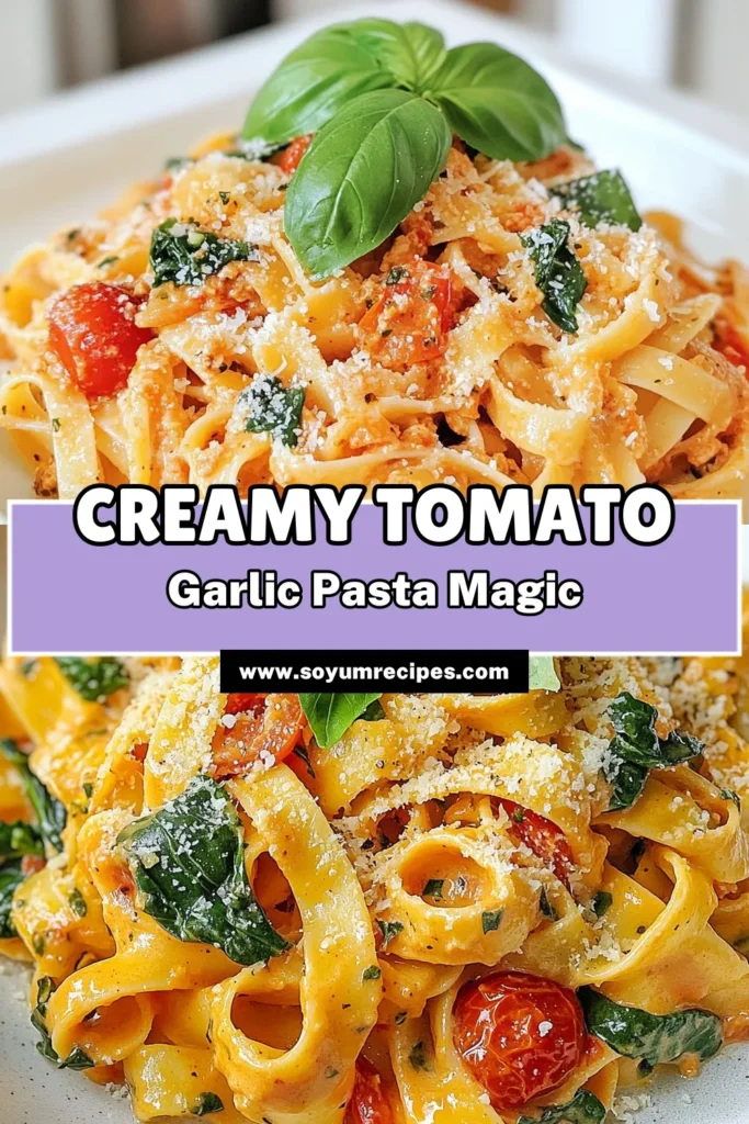 Indulge in this creamy tomato garlic pasta that packs flavor with every bite! This easy pasta dish features fettuccine tossed in a rich tomato garlic sauce, made with fresh ingredients and ready in just 25 minutes. Perfect for weeknight dinners, this homemade creamy pasta recipe will be a family favorite. Save this recipe for delicious meals ahead and impress your guests! #CreamyPasta #EasyPastaDishes #FettuccineRecipe #TomatoGarlicSauce