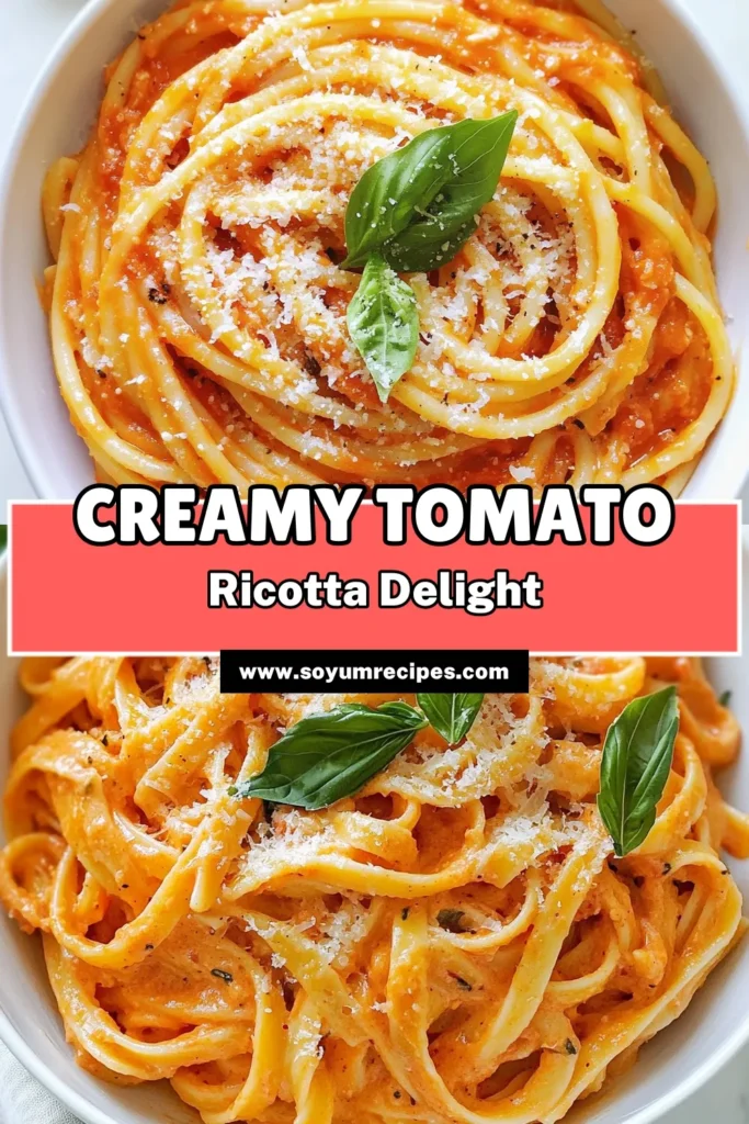Indulge in this creamy tomato pasta featuring a delightful ricotta cheese pasta recipe that's both easy and quick! Perfect for busy nights, this easy pasta with tomatoes combines al dente pasta, savory garlic, and fresh basil for a flavorful meal. Enjoy a 25-minute quick creamy pasta dish that the whole family will love. Try this delicious tomato ricotta recipe tonight! Save and share! #CreamyTomatoPasta #EasyPasta #RicottaCheeseRecipe #QuickDinnerIdeas