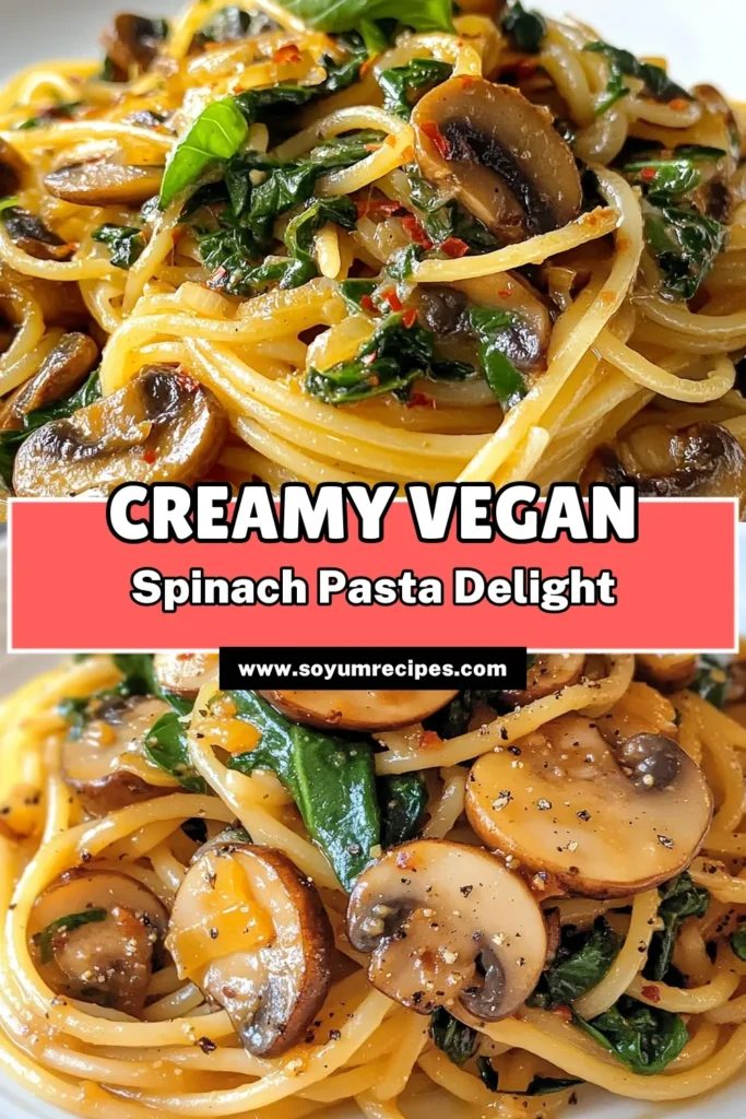 Looking for an easy vegan dinner? Try this delicious vegan spinach mushroom pasta that's perfect for a healthy spaghetti recipe! This plant-based pasta recipe combines sautéed mushrooms and fresh spinach, creating a tasty dairy-free pasta dish you'll love. Ready in just 25 minutes, it’s perfect for busy nights. Get your ingredients ready and enjoy a satisfying meal! Save this recipe for later. #VeganPasta #PlantBased #HealthyDinner #DairyFreeCooking