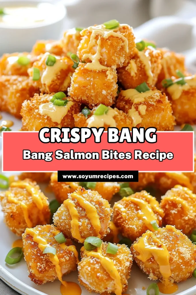 Indulge in these delicious bang bang salmon bites, a perfect crispy salmon recipe for your next gathering! These easy salmon appetizers are sure to impress your guests. Made with panko breadcrumbs for an irresistible crunch, these flavorful bites are served with a sweet chili bang bang sauce that brings everything together. Get ready to satisfy your cravings—try this easy recipe today! Save and share! #BangBangSalmonBites #CrispySalmonRecipe #EasySalmonAppetizers #PankoSalmonBites