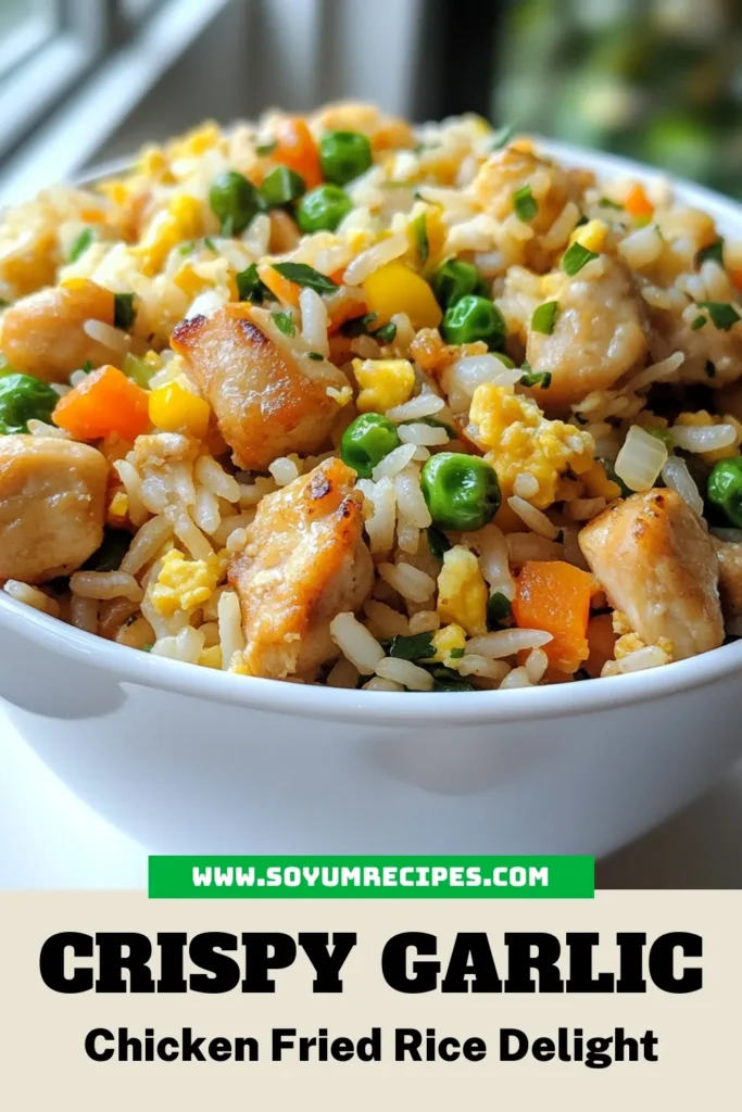 Discover the ultimate crispy garlic chicken fried rice recipe that’s perfect for busy weeknights. This easy chicken fried rice recipe features fragrant jasmine rice, tender chicken, and vibrant vegetables, all expertly stir-fried for a delicious homemade fried rice experience. In just 30 minutes, enjoy a wholesome meal everyone will love. Try it today and elevate your dinner plans! Save this recipe for your next cooking adventure! #ChickenFriedRice #HomemadeFriedRice #EasyRecipe #StirFry