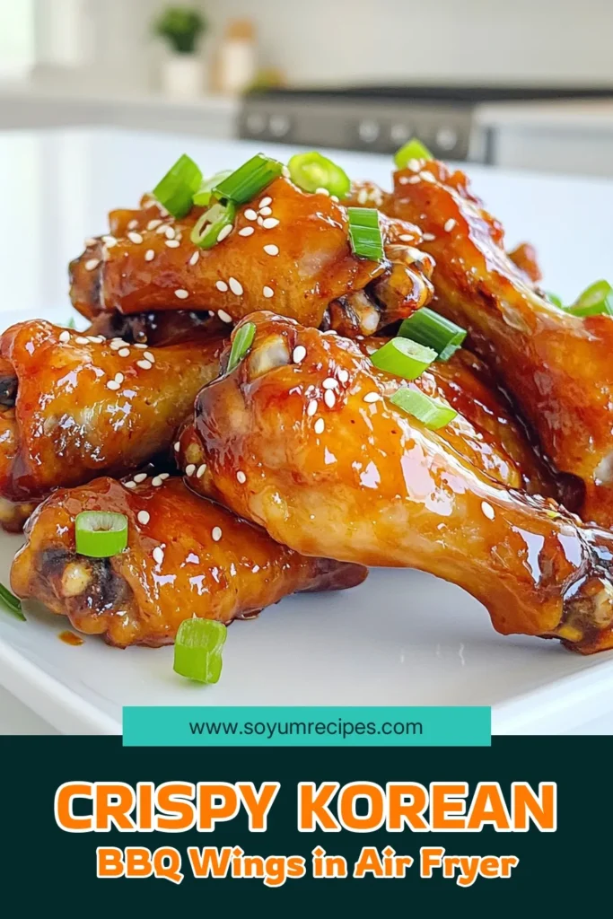 Delight your taste buds with these Air Fryer Korean BBQ Wings! Packed with flavor from soy sauce, gochujang, and honey, these wings are marinated to perfection before being cooked to crispy goodness. Perfect for parties, game nights, or family dinners, they are a must-try! Click through for the full recipe and make your next meal unforgettable. #AirFryerRecipes #KoreanBBQ #ChickenWings #QuickDinnerIdeas