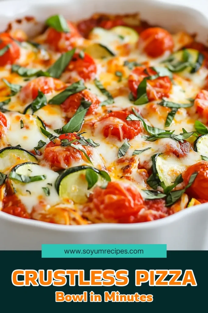Discover the perfect easy dinner idea with this crustless pizza bowl! A healthy pizza recipe featuring diced zucchini, vibrant bell peppers, and shredded chicken, this low-carb pizza alternative is packed with flavor and nutrients. Bake to cheesy perfection and enjoy a delicious zucchini pizza bowl that the whole family will love. Try this tasty dish tonight! Save this recipe for later! #CrustlessPizzaBowl #HealthyEating #LowCarbRecipes #EasyDinnerIdeas