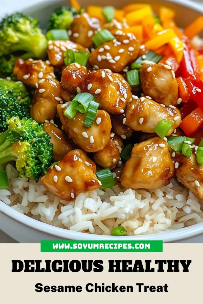 Discover a deliciously **Healthy Sesame Chicken** recipe that's perfect for busy weeknights! Made with bite-sized chicken breast, fresh veggies, and low-sodium soy sauce, this quick chicken stir-fry is both nutritious and flavorful. Elevate your dinner with this sesame oil chicken dish served over brown rice or quinoa. Try it today for a wholesome meal! Save this recipe for your go-to **healthy dinner recipes**! #HealthyEating #StirFry #QuickRecipes #HealthyDinner