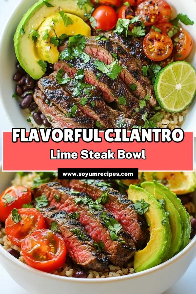 Discover the ultimate Cilantro Lime Steak Bowl recipe that's perfect for an easy meal prep! This healthy steak bowl recipe features marinated flank steak infused with zesty cilantro lime cuisine, served over brown rice, black beans, and fresh veggies. It’s a delicious and nutritious dish the whole family will love. Try this simple recipe today and elevate your weeknight dinners! Save and share for future meal inspirations! #HealthyEating #MealPrep #SteakBowls #QuickRecipes